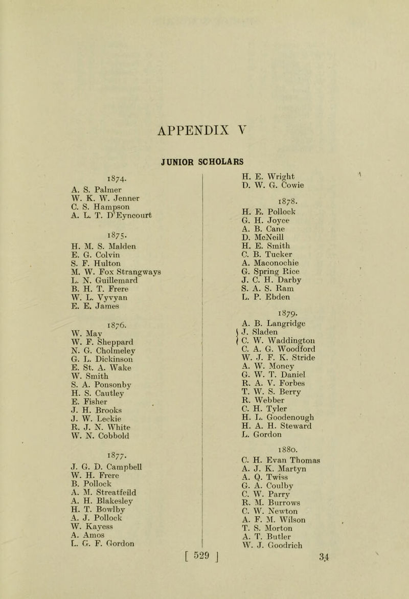 JUNIOR SCHOLARS 1874. A. S. Palmer W. K. W. Jenner C. S. Hampson A. L. T. D’Eyncourt 1875. H. M. S. Malden E. G. Colvin S. F. Hulton M. W. Fox Strangways L. N. Guillemard B. H. T. Frere W. L. Vyvyan E. E. James 1876. W. May W. F. Sheppard N. G. Cholmeley G. L. Dickinson E. St. A. Wake W. Smith S. A. Ponsonby H. S. Cantley E. Fisher J. H. Brooks J. W. Leekie R. J. N. White W. N. Cobbold 1877. J. G. D. Campbell W. H. Frere B. Pollock A. IM. Streatfeild A. H. Blakesley H. T. Bowlby A. J. Pollock W. Kayess A. Amos L. G. F. Gordon H. E. Wright D. W. G. Cowie 1878. H. E. Pollock G. H. Jojme A. B. Cane D. McNeill H. E. Smith C. B. Tucker A. Maconochie G. Spring Rice J. C. H. Darby S. A. S. Ram L. P. Ebden 1879. A. B. Langridge 1 J. Sladen ( C. W. Waddington C. A. G. Woodford W. J. F. K. Stride A. W. Money G. W. T. Daniel R. A. V. Forbes T. W. S. Berry R. Webber C. H. Tyler H. L. Goodenough H. A. H. Steward L. Gordon 1880. C. H. Evan Thomas A. J. K. Martyn A. Q. Twiss G. A. Conlby C. W. Parr}’' R. M. Burrows C. W. Newton A. F. M. Wilson T. S. Morton A. T. Butler W. J. Goodrich