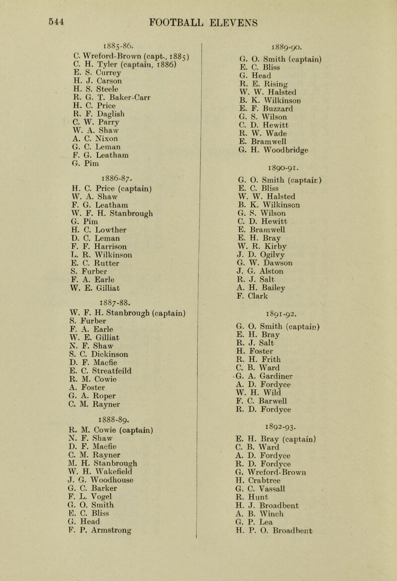 1885- 86. C. Wrefonl-Brown (capt., 1885) C. H. Tyler (captain, 1886) E. S. Ciirrey H. J. Carson H. S. Steele R. G. T. Baker-Carr H. C. Price R. F. Daglish C. W. Parry VV. A. Shaw A. C. Nixon G. C. Leman F. G. Leatham G. Pirn 1886- 87. H. C. Priee (captain) W. A. Shaw F. G. Leatham W. F. H. Stanbrough G. Pirn H. C. Lowther D. C. Leman F. F. Harrison L. R. Wilkinson E. C. Rutter S. Furber F. A. Earle W. E. Gilliat 1887- 88. W. F. H. Stanbrough (captain) S. Furber F. A. Earle W. E. Gilliat N. F. Shaw S. C. Dickinson D. F. Macfie E. C. Streatfeild R. M. Cowie A. Foster G. A. Roper C. M. Rayner 1888- 89. R. M. Cowie (captain) N. F. Shaw D. F. Macfie C. M. Rayner M. H. Stanbrough W. H. Wakefield J. G. Woodhouse G. C. Barker F. L. Vogel O. 0. Smith E. C. Bliss G. Head F. P. Armstrong 1889-90. G. O. Smith (captain) E. C. Bliss G. Head R. E. Rising W. W. Halsted B. K. Wilkinson E. F. Buzzard G. S. Wilson C. D. Hewitt R. W. Wade E. Bramwell G. H. Woodbridge 1890- 91. G. O. Smith (captain) E. C. Bliss W. W. Halsted B. K. Wilkinson G. S. Wilson C. D. Hewitt E. Bramwell E. H. Bray W. R. Kirby J. D. Ogilvy G. W. Dawson J. G. Alston R. J. Salt A. H. Bailey F. Clark 1891- 92. G. O. Smith (captain) E. H. Bray R. J. Salt H. Foster R. H. Frith C. B. Ward G. A. Gardiner A. D. Fordyce W. H. Wild F. C. Barwell R. D. Fordyce 1892-93. E. H. Bray (captain) C. B. Ward A. D. Fordyce R. D. Ford3'ce G. Wreford-Brown H. Crabtree G. C. Vassal! R. Hunt H. J. Broad bent A. B. Winch G. P. Lea H. P. O. Broadbent