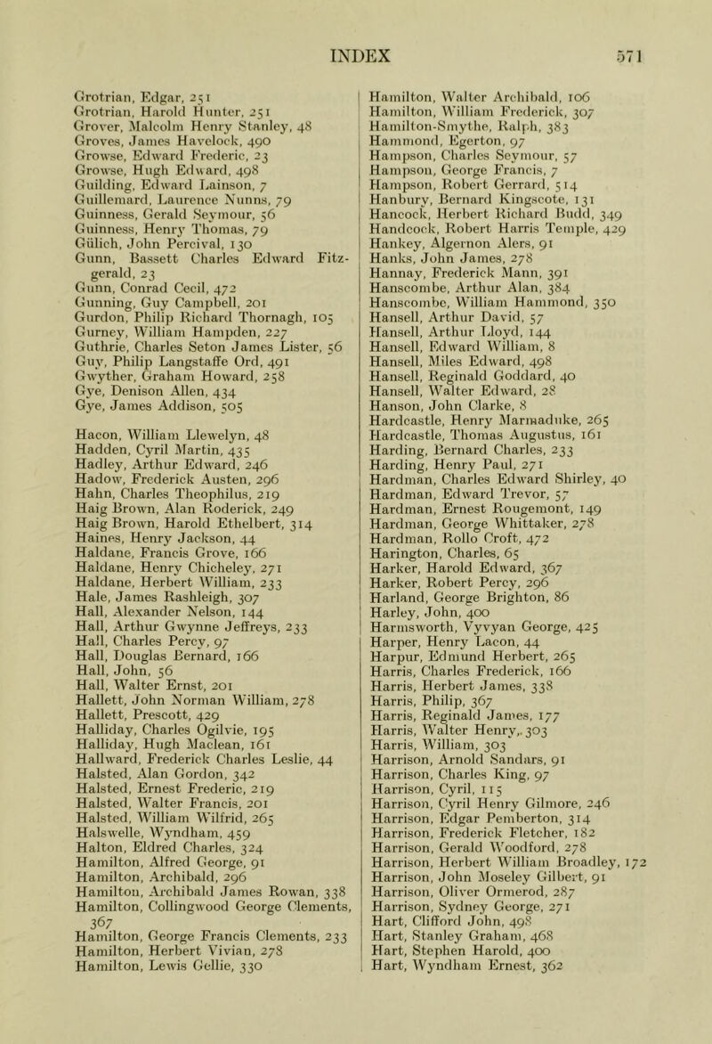 Grotrian, Edgar, 251 Grotrian, Harold Hunter, 251 Grover, IMalcolm Henry Stanley, 48 Groves, Janies Havelock, 490 Growse, Edwaril Frederic, 23 Growse, Hugh Edward, 498 Guilding, Edward Lainson, 7 Guillemard, Laurence Nunns, 79 Guinness, Gerald Seymour, 56 Guinness, Heniy Thomas, 79 Giilich, John Percival, 130 Gunn, Bassett Charles Echvard Fitz- gerald, 23 Gunn, Conrad Cecil, 472 Gunning, Guy Campbell, 201 Gurdon, Philiji Richard Thornagh, 105 Gurney, William Hampden, 227 Guthrie, Charles Seton James Lister, 56 Guy, Philip Langstaffe Ord, 491 Gwyther, Graham Howard, 258 Gye, Denison Allen, 434 Gye, James Addison, 505 Hacon, William Llew'elyn, 48 Hadden, Cyril Alartin, 435 Hadley, Arthur Edw'ard, 246 Hadow', Frederick Austen, 296 Hahn, Charles Theophilus, 219 Haig Browm, Alan Roderick, 249 Haig Brown, Harold Ethelbert, 314 Haines, Henry Jackson, 44 Haldane, Francis Grove, 166 Haldane, Henry Chichelej', 271 Haldane, Herbert William, 233 Hale, James Rashleigh, 307 Hall, Alexander Nelson, 144 Hall, Arthur Gwynne Jeffreys, 233 Hall, Charles Percy, 97 Hall, Douglas Bernard, 166 Hall, John, 56 Hall, Walter Ernst, 201 Hallett, John Norman William, 278 Hallett, Prescott, 429 Halliday, Charles Ogilvie, 195 Hallida}', Hugh Maclean, 161 Hallward, Frederick Charles Leslie, 44 Halsted, Alan Gordon, 342 Halsted, Ernest Frederic, 219 Halsted, Walter P'rancis, 201 Halsted, William Wilfrid, 265 Halsw'elle, Wjmdham, 459 Halton, Eldred Charles, 324 Hamilton, Alfred George, 91 Hamilton, Archibald, 296 Hamilton, Archibald James Rowan, 338 Hamilton, Collingwood George Clements, 367 Hamilton, George Francis Clements, 233 Hamilton, Herbert Vivian, 278 Hamilton, Lewis Gellie, 330 I Hamilton, Walter Archibald, 106 Hamilton, William Frederick, 307 f Hamillon-Smythe, Ralph, 383 j Hammond, Egerton, 97 Hampson, Charles Seymour, 57 I Hampson, George P'rancis, 7 Hampson, Robert Gerrard, 514 [ Hanbury, Bernard Kingseote, 131 j Hancock, Herbert Richard Budd, 349 I Handcock, Robert Harris Temple, 429 j Hankey, Algernon Alers, 91 I Hanks, John James, 278 Hannay, Frederick Mann, 391 Hanscombe, Arthur Alan, 384 Hanscombe, William Hammond, 350 Hansell, Arthur David, 57 Hansell, Arthur TJoyd, 144 Hansell, Edw'ard William, 8 Hansell, Miles Edward, 498 Hansell, Reginald Goddard, 40 Hansell, Walter Edward, 28 Hanson, John Clarke, 8 Hardcastle, Henry IMarmaduke, 265 Hardcastle, Thomas Augustus, 161 Harding, Bernard Charles, 233 Harding, Henry Paul, 271 Hardman, Charles Edward Shirley, 40 Hardman, Edward Trevor, 57 Hardman, Ernest Rougemont, 149 Hardman, George Whittaker, 278 Hardman, Rollo Croft, 472 Harington, Charles, 65 Harker, Harold Edward, 367 Harker, Robert Percy, 296 Harland, George Brighton, 86 I Harley, John, 400 I Harmsworth, V'yvyan George, 425 Harper, Henry Lacon, 44 Harpur, Edmund Herbert, 265 Harris, Charles Frederick, 166 Harris, Herbert James, 338 Harris, Philip, 367 Harris, Reginald James, 177 Harris, Walter Henry,. 303 Harris, William, 303 i Harrison, Arnold Sandars, 91 Harrison, Charles King, 97 Harrison, Cyril, 115 Harrison, Cyril Henry Gilmore, 246 Harrison, Edgar Pemberton, 314 Harrison, Frederick Fletcher, 182 Harrison, Gerald Woodford, 278 Harrison, Herbert William Broadley, 172 Harrison, John iloseley Gilbert, 91 Harrison, Oliver Ormerod, 287 Harrison, Sydney George, 271 Hart, Clifford John, 49S Hart, Stanley Graham, 46S Pfart, Stephen Harold, 400 , Hart, Wj'ndham Plrnest, 362