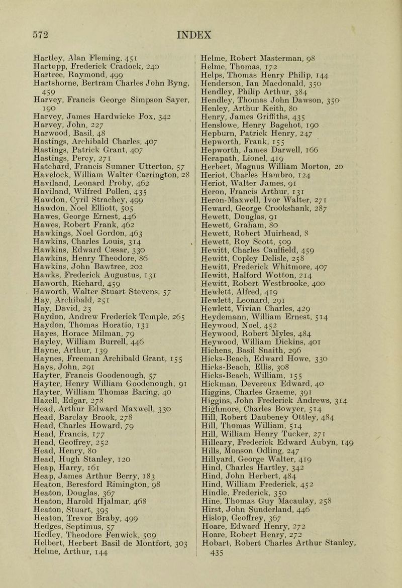 Hartley, Alan Fleming, 451 Hartopp, Frederick Cradoek, 240 Hartree, Raymond, 499 Hartsliorne, Bertram Charles John Byng, 459 Harvey, Francis George Simpson Sayer, 190 Harvey, James Hardwicke Fox, 342 Harvey, John, 227 Harwood, Basil, 48 Hastings, Archibald Charles, 407 Hastings, Patrick Grant, 407 Hastings, Percy, 271 Hatchard, Francis Sumner Utterton, 57 Havelock, William Walter (Barrington, 28 Haviland, Leonard Proby, 462 Haviland, Wilfred Pollen, 435 Hawdon, Cyril Strachey, 499 Hawdon, Noel Elliott, 505 Hawes, George Ernest, 446 Hawes, Robert Frank, 462 Hawkings, Noel Gordon, 463 Hawkins, Charles Louis, 314 Hawkins, Edward Caesar, 330 Hawkins, Henry Theodore, 86 Hawkins, John Bawtree, 202 Hawks, Frederick Augustus, 131 Haworth, Richard, 459 Haworth, Walter Stuart Stevens, 57 Hay, Archibald, 251 Hay, David, 23 Haydon, Andrew Frederick Temple, 265 Haydon, Thomas Horatio, 131 Hayes, Horace Milman, 79 Hayley, William Burrell, 446 Hayne, Arthur, 139 Haynes, Freeman Archibald Grant, 155 Hays, John, 291 Hayter, Francis Goodenough, 57 Hayter, Henry William Goodenough, 91 Hayter, William Thomas Baring, 40 Hazell, Edgar, 278 Head, Arthur Edward Maxwell, 330 Head, Barclay Brook, 278 Head, Charles Howard, 79 Head, Francis, 177 Head, Geoffre3^ 252 Head, Henry, 80 Head, Hugh Stanley, 120 Heap, Harry, 161 Heap, James Arthur Berry, 183 Heaton, Beresford Rimington, 98 Heaton, Douglas, 367 Heaton, Harold Hjalmar, 468 Heaton, Stuart, 395 Heaton, Trevor Braby, 499 Hedges, Septimus, 57 Hedley, Theodore Fenwick, 509 Helbert, Herbert Basil de Montfort, 303 Helme, Arthur, 144 Helme, Robert Masterman, 98 Helme, Thomas, 172 Helps, Thomas Henry Philip, 144 Henderson, Ian Macdonald, 350 Hendley, Philip Arthur, 384 Hendlej', Thomas John Dawson, 350 Henley, Arthur Keith, 80 Henry, James Griffiths, 435 Henslowe, Henry Bagehot, 190 Hepburn, Patrick Henry, 247 Hepworth, Frank, 155 Hepworth, James Darwell, 166 Herapath, Lionel, 419 Herbert, Magnus William Morton, 20 Heriot, Charles Harnbro, 124 Heriot, Walter James, 91 Heron, Francis Arthur, 131 Heron-Maxwell, Ivor Walter, 271 Heward, George Crookshank, 287 Hewett, Douglas, 91 Hewlett, Graham, 80 Hewett, Robert Muirhead, 8 Hewett, Roy Scott, 509 Hewitt, Charles Caulfield, 459 Hew’itt, Copley Delisle, 258 Hew'itt, Frederick Whitmore, 407 Hewitt, Halford W'otton, 214 Hewitt, Robert Westbrooke, 400 Hewlett, Alfred, 419 Hewlett, Leonard, 291 Hewlett, Vivian Charles, 429 Heydemann, William Ernest, 514 Heywood, Noel, 452 Heywood, Robert Myles, 484 Heywood, William Dickins, 401 Hichens, Basil Snaith, 296 Hicks-Beach, Edw'ard Howe, 330 Hicks-Beach, Ellis, 308 I Hicks-Beach, William, 15s Hickman, Devereux Edward, 40 Higgins, Charles Graeme, 391 Higgins, John Frederick Andrews, 314 Highmore, Charles Bow'yer, 514 Hill, Robert Daubeney Ottley, 484 Hill, Thomas William, 514 Hill, William Henry Tucker, 271 Hilleary, Frederick Edward Aubyn, 149 Hills, Monson Odling, 247 Hillyard, George Walter, 419 Hind, Charles Hartley, 342 Hind, John Herbert, 484 Hind, William Frederick, 452 . Hindle, Frederick, 350 Hine, Thomas Guy Macaulay, 258 Hirst, John Sunderland, 446 Hislop, Geoffrey, 367 Hoare, Edward Heniy, 272 . Hoare, Robert Henry, 272 Hobart, Robert Charles Arthur Stanlej', I 435