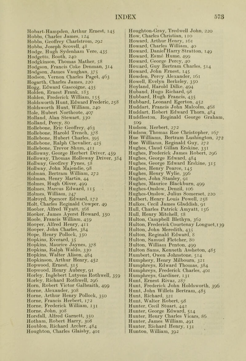 Hobart-Hainixlen, Arlluir Ernest, 145 Hobbs, Charles James, 124 Hobbs, CleolTrey Charlstrom, 292 Hol)bs, Joseph Scovell, 48 Hodge, Hugli Sydenham Verc, 435 Hodgetts, Booth, 240 Hodgkinson, Thomas Mather, 58 Hodgson, Eraneis Coke Denman, 314 Hodgson, James V’anghan, 375 Hodson, Vernon Charles Paget, 463 Hogarth, Charles James, 220 Hogg, Edward Gascoigne, 435 Holden, Ernest Frank, 183 Hoklen, Frederick William, 155 Holdsworth Hunt, Edward Frederic, 258 Holdsworth Hunt, William, 240 Hole, Hubert Xorthcote, 407 Holland, Alan Stewart, 330 Holland, Percy, 80 Hollebone, Eric GeofTrey, 463 Hollebone, Harohl Trench, 378 Hollebone, Hubert Charles, 395 Hollebone, Ralph Chevalier, 425 Hollebone, Trevor Slnim, 411 Holloway, George Herbert Driver, 459 Holloway, Thomas Holloway Driver, 384 Hollway, Geofl'rey Fjmes, 58 Hollway, John Majendie, 98 Holman, Bertram William, 272 Holman, Henry iMartin, 44 Holmes, Hugh Oliver, 499 Holmes, Marcus Edward, 115 Holnies, William, 247 Holroyd, Spencer Edward, 172 Holt, Charles Reginald Cowper, 49 Hooker, Alfred Wyatt, 368 Hooker, James Ayerst Howard, 350 Hoole, Francis William, 459 Hooper, Alfred Henry, 411 Hooper, John Charles, 384 Hope, Henry Pollock, 350 Hopkins, Everard, 35 Hopkins, Maurice Jaynes, 378 Hopkins, Ralph Waldo, 330 Hopkins, Walter Alison, 484 Hopkinson, Arthur Henry, 452 Hopwood, Ernest, 315 Hopwood, Henry Aubrey, 91 Horley, Inglebert Lutyens Roth well, 359 Horle3', Richard Rothwell, 296 Horn, Robert Victor Galbraith, 499 Horne, Alexander, 308 Horne, Arthur Henry Pollock, 350 Horne, Francis Herbert, 172 Horne, Frederick William, 131 Horne, John, 308 Horsfall, Alfred Garnett, 350 Hotham, Robert Harry, 308 Houblon, Richard Archer, 484 Houghton, Charles Glaisby, 401 Hougliton-Gray, J’redwell John, 220 How, Charles Cliristian, no Howard, Arthur Henry, 161 Howard, Charles William, 40 Howard, Daniel Harry Stratton, 149 Howard, Esme Hume, 499 Howard, Cleorge Percy, 40 Howard, Guy Bertram Charles, 514 Howard, John Ernest, 145 Howden, Percy Alexander, iGi Howell, Evelyn Berkeley, 350 Hoyland, Harold Dilke, 494 Huband, Hugo Richard, 98 Hubbard, Hugh Francis, 435 Hubbard, Leonard Egerton, 452 Huddart, Francis John Malcolm, 468 Huddart, Robert Edward Thorn, 484 Huddleston, Reginald George Graham, 509 Hudson. Herbert, 272 Hudson, Thomas Roe Christopher, 167 Hue Williams, Bertram Lushington, 272 Hue Williams, Reginald Guy, 272 Hughes, Claud Gillan Erskine, 331 Hughes, Frederick James Robert, 296 Hughes, George Pldward, 484 Hughes, CTeorge Edward Erskine, 315 Hughes, Henry Pearce, 145 Hughes, Henry Wylie, 396 Hughes, John Stanley, 91 Hughes, Maurice Blackburn, 499 Hughes-Onslow, Denzil, 106 Hughes-Onslow, Julius Somerset, 220 Hulbert, Henry Louis Powell, 258 Hulkes, Cecil James Gladdish, 91 Hull, Charles Patrick Amyatt, 156 Hull, Henry Mitchell, 38 Hulton, Campbell Blethyn, 362 Hulton, Frederick Courtenay Longuet, 139 Hulton, John Meredith, 435 Hulton, Reginald Edw’ard, 8 Hulton, Samuel Fletcher, 80 Hulton, William Penton, 499 Hulton Sams, Kenneth Assheton, 485 Humbert, Owen Johnstone, 514 Humphery, Henry Milbourn, 321 Humphreys, Edward Thomas, 384 Humphreys, Frederick Charles, 401 Humphreys, Gardiner, 131 Hunt, Ernest Rivaz, 287 Hunt, Frederick John Holdsworth, 396 Hunt, John Willets Bertram, 485 Hunt, Richard, 321 Hunt, Walter Robert, 98 Hunter, Cecil Stuart, 442 Hunter, George Edward, 514 Hunter, Henry Charles Vicars, 86 Hunter, James William, 491 Hunter, Richard Henry, 131 Hunton. William, 392