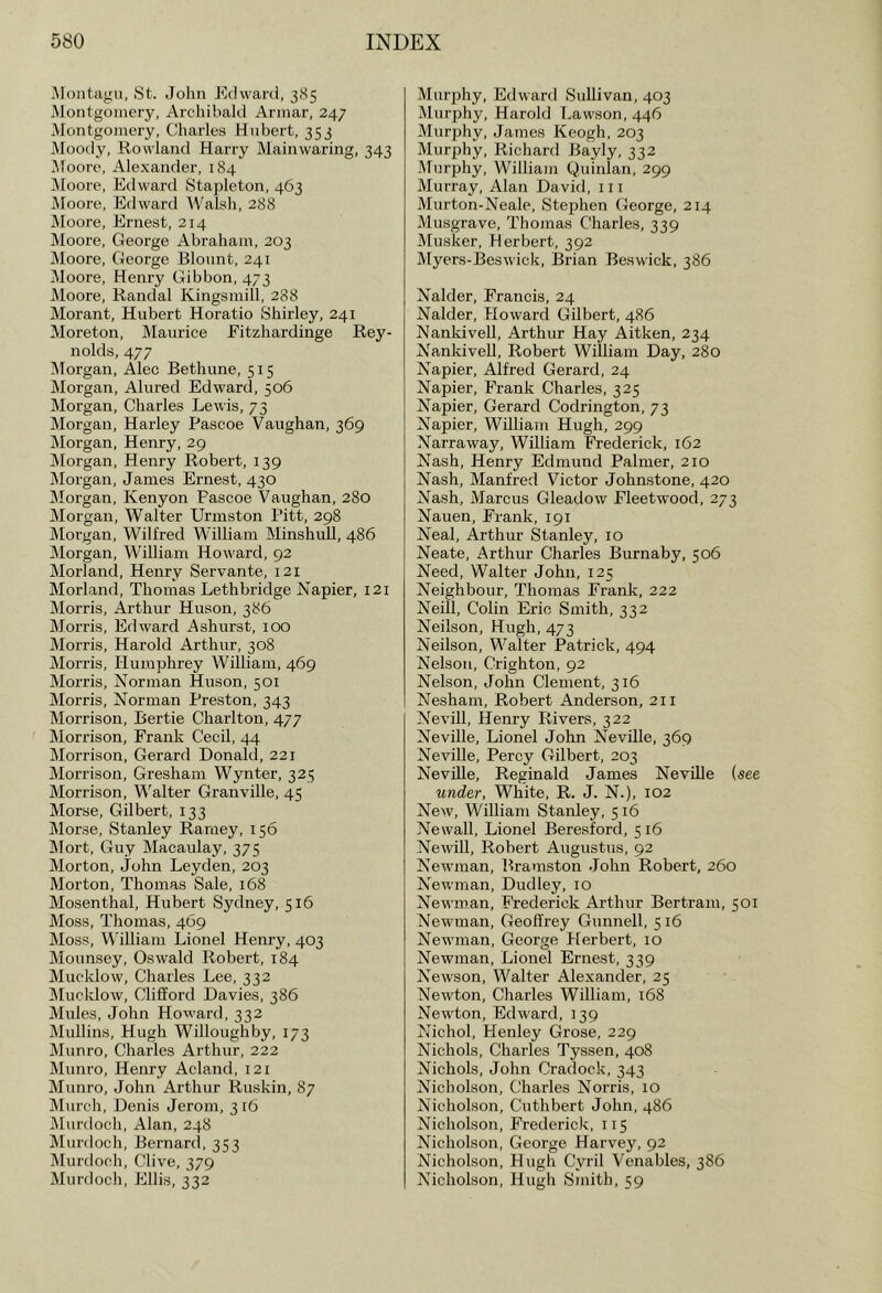 Montagu, St. John Edward, 3(S5 Montgomery, Archibald Arinar, 247 Montgomery, Charles Hubert, 353 Moody, Rowland Harry Main waring, 343 Moore, Alexander, 184 IMoore, Edward Stapleton, 463 Jloore, Edward Walsh, 288 Moore, Ernest, 214 Moore, George Abraham, 203 Moore, George Blount, 241 Moore, Henry Gibbon, 473 Moore, Randal Kingsmill, 288 Morant, Hubert Horatio Shirley, 241 Moreton, Maurice Eitzhardinge Rey- nokhs, 477 IMorgan, Alec Bethune, 515 Morgan, Alured Edward, 506 Morgan, Charles Lewis, 73 Morgan, Harley Pascoe Vaughan, 369 Morgan, Henry, 29 Morgan, Henry Robert, 139 Morgan, James Ernest, 430 Morgan, Kenyon Pascoe Vaughan, 280 Morgan, Walter Urmston I’itt, 298 Morgan, Wilfred William MinshuU, 486 Morgan, William Howard, 92 Morland, Henry Servante, 121 Morland, Thomas Lethbridge Napier, 121 Morris, Arthur Huson, 386 Morris, Edward Ashurst, 100 Morris, Harold Arthur, 308 Morris, Humphrey William, 469 Morris, Norman Huson, 501 Morris, Norman Preston, 343 Morrison, Bertie Charlton, 477 Morrison, Frank Cecil, 44 Morrison, Gerard Donald, 221 Morrison, Gresham Wynter, 325 Morrison, Walter Granville, 45 Morse, Gilbert, 133 Morse, Stanley Ramey, 156 Mort, Guy Macaulay, 375 Morton, John Leyden, 203 Morton, Thomas Sale, 168 Mosenthal, Hubert Sydney, 516 Moss, Thomas, 469 Moss, William Lionel Henry, 403 Mounsey, Oswald Robert, 184 Mucklow, Charles Lee, 332 Mucklow, Clifford Davies, 386 Mules, John Howard, 332 Mullins, Hugh Willoughby, 173 Munro, Charles Arthur, 222 Munro, Henry Acland, 121 Munro, John Arthur Ruskin, 87 Murch, Denis Jerom, 3 16 Murdoch, Alan, 248 Murdoch, Bernard, 353 Murdoch, Clive, 379 Murdoch, Ellis, 332 Murphy, Edward Sullivan, 403 Murphy, Harold Lawson, 446 Murphy, James Keogh, 203 Murphy, Richard Bayly, 332 ■Murphy, William Quinlan, 299 Murray, Alan David, 111 Murton-Neale, Stephen George, 214 Musgrave, Thomas Charles, 339 Musker, Herbert, 392 Myers-Beswick, Brian Beswick, 386 Nalder, Francis, 24 Nalder, Howard Gilbert, 486 Nankivell, Arthur Hay Aitken, 234 Nankivell, Robert William Day, 280 Napier, Alfred Gerard, 24 Napier, Frank Charles, 325 Napier, Gerard Codrington, 73 Napier, William Hugh, 299 Narraway, William Frederick, 162 Nash, Henry Edmund Palmer, 210 Nash, Manfred Victor Johnstone, 420 Nash, Marcus Gleadow Fleetwood, 273 Nauen, Frank, 191 Neal, Arthur Stanley, 10 Neate, Arthur Charles Burnaby, 506 Need, Walter John, 125 Neighbour, Thomas Frank, 222 Neill, Colin Eric Smith, 332 Neilson, Hugh, 473 Neilson, Walter Patrick, 494 Nelson, Crighton, 92 Nelson, John Clement, 316 Nesham, Robert Anderson, 211 Nevill, Henry Rivers, 322 Neville, Lionel John Neville, 369 Neville, Percy Gilbert, 203 Neville, Reginald James Neville (see under, White, R. J. N.), 102 New, William Stanley, 516 Newall, Lionel Beresford, 516 Newill, Robert Augustus, 92 Newman, Bramston .John Robert, 260 Newman, Dudley, 10 Newman, k'rederick Arthur Bertram, 501 Newman, Geoffrey Gunnell, 516 Newman, George Herbert, 10 Newman, Lionel Ernest, 339 Newson, Walter Alexander, 25 Newton, Charles William, t68 Newton, Edward, 139 Nichol, Henley Grose, 229 Nichols, Charles Tyssen, 408 Nichols, John Cradock, 343 Nicholson, Charles Norris, 10 Nicholson, Cuthbert John, 486 Nicholson, Frederick, 115 Nicholson, George Harvey, 92 Nicholson, Hugh Cyril Venables, 386 Nicholson, Hugh Smith, 59