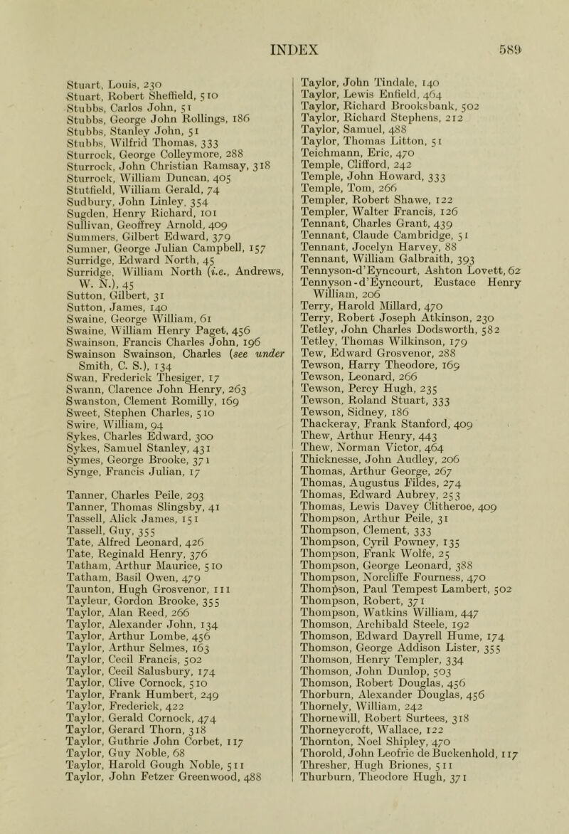 Stuart, Louis, 230 •Stuart, Robert Sheffield, 5 10 Stubbs, Carlos John, 51 Stubbs, George John Rollings, 186 Stubbs, Stanley John, 51 Stubbs, Wilfrid Thomas, 333 Sturrock, George Colleymore, 288 Sturrock, John Christian Ramsay, 318 Sturrock, William Duncan, 405 Stuttield, William Gerald, 74 Sudbury, John Linley, 354 Sugden, Henry Richard, 101 Sullivan, Geoffrey Arnold, 409 Summers, Gilbert Edward, 379 Sumner, George Julian Campbell, 157 Surridge, Edward North, 45 Surridge, William North (i.e., Andrews, W. N.). 45 Sutton, Gilbert, 31 Sutton, James, 140 Swaine, George William, 61 Swaine, William Henry Paget, 456 Swainson, Francis Charles John, 196 Swainson Swainson, Charles (see under Smith, C. S.), 134 Swan, Frederick Thesiger, 17 Swann, Clarence John Henry, 263 Swanston, Clement Romilly, 169 Sweet, Stephen Charles, 510 Swire, William, 94 Sykes, Charles Edward, 300 S3ffies, Samuel Stanley, 431 Symes, George Brooke, 371 Synge, Francis Julian, 17 Tanner, Charles Peile, 293 Tanner, Thomas Slingsby, 41 Tassell, Alick James, 151 Tassell, Guy, 355 Tate, Alfred Leonard. 426 Tate, Reginald Henry, 376 Tatham, Arthur Maimice, 510 Tatham, Basil Owen, 479 Taunton, Hugh Grosvenor, iii Tayleur, Gordon Brooke, 355 Taylor, Alan Reed, 266 Taylor, Alexander John, 134 Taylor, Arthur Lombe, 456 Taylor, Arthur Selmes, 163 Taylor, Cecil Francis, 502 Taylor, Cecil Salusbury, 174 Taylor, Clive Cornock, 510 Taylor, Frank Humbert, 249 Taylor, Frederick, 422 Taylor, Gerald Cornock, 474 Taylor, Gerard Thorn, 318 Taylor, Guthrie John Corbet, 117 Taylor, Guy Noble, 68 Taylor, Harold Gough Noble, 511 Taylor. John Fetzer Greenwood, 488 Taylor, John Tindale, 140 Taylor, Lewis Enfield, 464 Taylor, Richard Brooksbank, 502 Taylor, Richard Stephens, 212 Taylor, Samuel, 488 Taylor, Thomas Litton, 51 Teichmann, Eric, 470 Temple. Clifford, 242 Temple, John Howard, 333 Temple, Tom, 266 Templer, Robert Shawe, 122 Templer, Walter Francis, 126 Tennant, Charles Grant, 439 Tennant, Claude Cambridge, 51 Tennant, Jocelyn Harvey, 88 Tennant, William Galbraith, 393 Tennyson-d’Eyncourt, Ashton Lovett, 62 Tennyson-d’Eyncourt, Eustace Henry William, 206 Terry, Harold Millard, 470 Terry, Robert Joseph Atkinson, 230 Tetley, John Charles Dodsworth, 582 Tetley, Thomas Wilkinson, 179 Tew, Edward Grosvenor, 288 Tewson, Harry Theodore, 169 Tewson, Leonard, 266 Tewson, Percy Hugh, 235 Tewson, Roland Stuart, 333 Tewson, Sidney, 186 Thackeray, Frank Stanford, 409 Thew, Arthur Henry, 443 Thew, Norman Victor, 464 Thicloiesse, John Audley, 206 Thomas, Arthur George, 267 Thomas, Augustus Fildes, 274 Thomas, Edward Aubrey, 253 Thomas, Lewis Davey Clitheroe, 409 Thompson, Arthur Peile, 31 Thompson, Clement, 333 Thompson, Cyril Powney, 135 Thompson, Frank Wolfe, 25 Thompson, George Leonard, 388 Thompson, Norcliffe Fourness, 470 Thompson, Paul Tempest Lambert, 502 Thompson, Robert, 371 Thompson, Watkins William, 447 Thomson, Archibald Steele, 192 Thomson, Edward Dayrell Hume, 174 Thomson, George Addison Lister, 355 Thomson, Henry Templer, 334 Thomson, John Dunlop, 503 Thomson, Robert Douglas, 456 Thorburn, Alexander Douglas, 456 Thornely, William, 242 Tliornewill, Robert Surtees, 318 Thorneycroft, Wallace, 122 Thornton, Noel Shipley, 470 Thorold, John Leofric de Buckenhold, 117 Thresher, Hugh Briones, 5 11 Thurburn, Theodore Hugh, 371