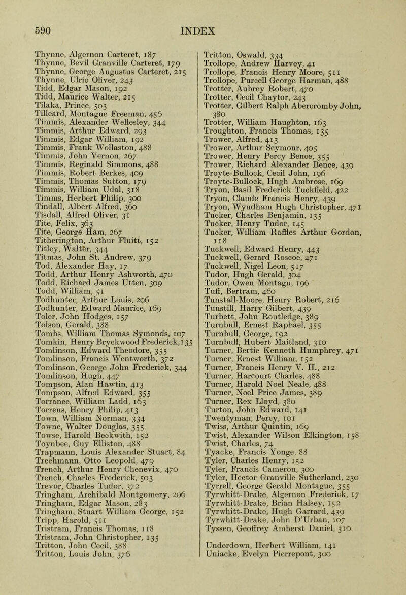 Tliynne, Algernon Carteret, 187 Tliynne, Bevil Granville Carteret, 179 Thynne, George Augustus Carteret, 215 Tliynne, Ulric Oliver, 243 Ticlcl, Edgar Mason, 192 Tidd, Maurice Walter, 215 Tilaka, Prince, 503 Tillcard, Montague Freeman, 456 Timmis, Alexander Wellesley, 344 Tiinmis, Arthur Edward, 293 Timmis, Edgar William, 192 Timmis, Frank Wollaston, 488 Timmis, John Vernon, 267 Timmis, Reginald Simmons, 488 Timmis, Robert Berkes, 409 Timmis, Thomas Sutton, 179 Timmis, William Udal, 318 Timms, Herbert Philip, 300 Tindall, Albert Alfred, 360 Tisdall, Alfred Oliver, 31 Tite, Felix, 363 Tite, George Ham, 267 Titherington, Arthur Fluitt, 152 Titley, Walthr, 344 Titmas, John St. Andrew, 379 Tod, Alexander Hay, 17 Todd, Arthur Henry Ashworth, 470 Todd, Richard James Utten, 309 Todd, William, 51 Todhunter, Arthur Louis, 206 Todhunter, Edward Maurice, 169 Toler, John Hodges, 157 Tolson, Gerald, 388 Tombs, William Thomas Symonds, 107 Tomkin, Henry Bryckwood Frederick, 135 Tomlinson, Edward Theodore, 355 Tomlinson, Francis Wentworth, 372 Tomlinson, George John Frederick, 344 Tomlinson, Hugh, 447 Tompson, Alan Hawtin, 413 Tompson, Alfred Edward, 355 Torrance, William Ladd, 163 Torrens, Henry Philip, 413 Town, William Norman, 334 Towne, Walter Douglas, 355 Towse, Harold Beckwith, 152 Toynbee, Guy Elliston, 488 Trapmann, Louis Alexander Stuart, 84 Trechmann, Otto Leopold, 479 Trench, Arthur Henry Chenevix, 470 Trench, Charles Frederick, 503 Trevor, Charles Tudor, 372 Tringham, Archibald Montgomery, 206 Tringham, Edgar Mason, 283 Tringham, Stuart William George, 152 Tripp, Harold, 511 Tristram, Francis Thomas, 118 Tristram, John Christopher, 135 Tritton, John Cecil, 388 Tritton, Louis John, 376 Tritton, Oswald, 334 Trollope, Andrew Harvey, 41 Trollope, Francis Henry Moore, 511 Trollope, Purcell George Harman, 488 Trotter, Aubrey Robert, 470 Trotter, Cecil Chaytor, 243 Trotter, Gilbert Ralph Abercromby John, 380 Trotter, William Haughton, 163 Troughton, Francis Thomas, 135 I'rower, Alfred, 413 Trower, Arthur Seymour, 405 Trower, Henry Percy Bence, 355 Trower, Richard Alexander Bence, 439 Troyte-Bullock, Cecil John, 196 Troyte-Bullock, Hugh Ambrose, 169 Tryon, Basil Frederick Tuckfield, 422 Tryon, Claude Francis Henry, 439 Tryon, Wyndham Hugh Christopher, 471 Tucker, Charles Benjamin, 135 Tucker, Henry Tudor, 145 Tucker, William Raffles Arthur Gordon, 118 Tuckwell, Edward Henry, 443 Tuckwell, Gerard Roscoe, 471 Tuckwell, Nigel Leon, 517 Tudor, Hugh Gerald. 304 Tudor, Owen Montagu, 196 Tuff, Bertram, 460 Tunstall-Moore, Henry Robert, 216 Tunstill, Harry Gilbert, 439 Turbett, John Routledge, 389 Turnbull, Ernest Raphael, 355 Turnbull, George, 192 Turnbull, Hubert Maitland, 310 Turner, Bertie Kenneth Humphrey, 471 Turner, Ernest William, 152 Turner, Francis Henry V. H., 212 Turner, Harcourt Charles, 488 Turner, Harold Noel Neale, 488 Turner, Noel Price James, 389 Turner, Rex Lloyd. 380 Turton, John Edward, 141 Twenty man, Percy, 101 Twiss, Arthur Quintin, 169 Twist, Alexander Wilson Elkington, 158 Twist, Charles, 74 Tyacke, Francis Yonge, 88 Tyler. Charles Henry, 152 Tyler, Francis Cameron, 300 Tyler, Hector Granville Sutherland, 230 Tyrrell, George Gerald Montague. 355 Tyrwhitt-Drake, Algernon Frederick, 17 Tyrwhitt-Drake, Brian Halsey, 152 Tyrwhitt-Drake, Hugh Garrard, 439 Tyrwhitt-Drake, John D’Urban, 107 Tyssen, Geoffrey Amherst Daniel, 310 Underdown, Herbert William, 141 Uniacke, Evelyn Pierrcpont, 300