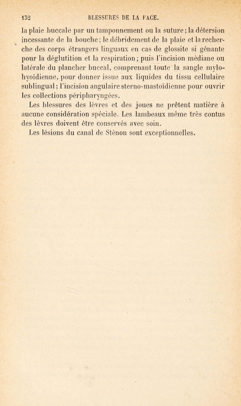 la plaie buccale par un tamponnement ou la suture ; la détersion incessante de la bouche ; le débridement de la plaie et la recher- che des corps étrangers linguaux en cas de glossite si gênante pour la déglutition et la respiration; puis l’incision médiane ou latérale du plancher buccal, comprenant toute la sangle mylo- hyoïdienne, pour donner issue aux liquides du tissu cellulaire sublingual ; l’incision angulaire sterno-mastoïdienne pour ouvrir les collections péripharyngées. Les blessures des lèvres et des joues ne prêtent matière à aucune considération spéciale. Les lambeaux même très contus des lèvres doivent être conservés avec soin. Les lésions du canal de Sténon sont exceptionnelles.