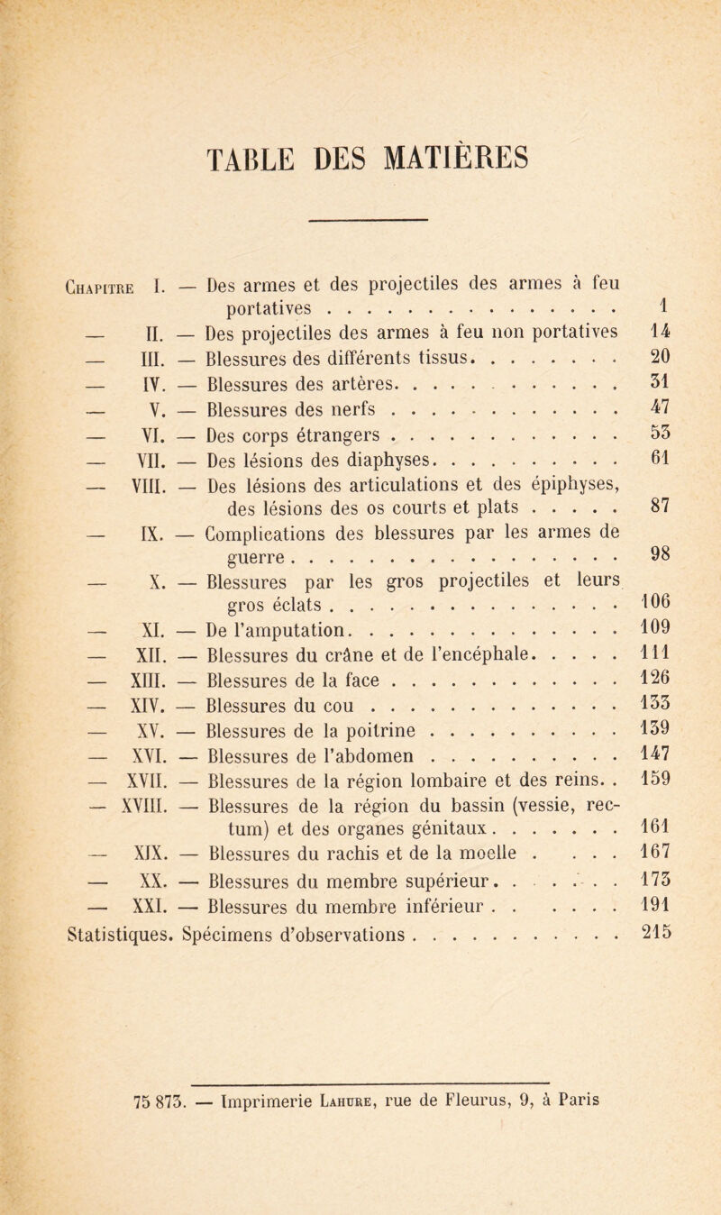 TABLE DES MATIÈRES Chapitre I. — Des armes et des projectiles des armes à feu portatives 1 _ IL — Des projectiles des armes à feu non portatives 14 — III. — Blessures des différents tissus 20 — 1Y. — Blessures des artères 31 — V. — Blessures des nerfs 47 — VI. — Des corps étrangers 53 — VIL — Des lésions des diaphyses 61 — VIII. — Des lésions des articulations et des épiphyses, des lésions des os courts et plats 87 — IX. — Complications des blessures par les armes de guerre 98 X. — Blessures par les gros projectiles et leurs gros éclats 106 — XI. — De l’amputation 109 — XII. — Blessures du crâne et de l’encéphale 111 — XIII. — Blessures de la face 126 — XIV. — Blessures du cou 133 — XV. — Blessures de la poitrine 139 — XVI. — Blessures de l’abdomen 147 — XVII. — Blessures de la région lombaire et des reins. . 159 — XVIII. — Blessures de la région du bassin (vessie, rec- tum) et des organes génitaux 161 — XIX. — Blessures du rachis et de la moelle . ... 167 — XX. — Blessures du membre supérieur . 173 — XXI. — Blessures du membre inférieur 191 Statistiques. Spécimens d’observations 215 75 873. — Imprimerie Lahure, rue de Fleurus, 9, à Paris