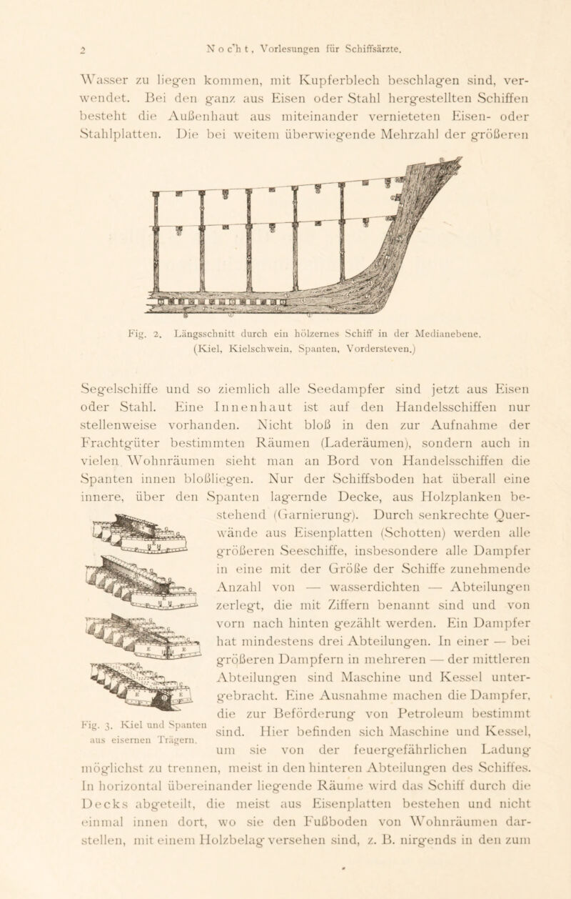 Wasser zu liegen kommen, mit Kupferblech beschlagen sind, ver- wendet. Bei den ganz aus Eisen oder Stahl hergestellten Schiffen besteht die Außenhaut aus miteinander vernieteten Eisen- oder Stahlplatten. Die bei weitem überwiegende Mehrzahl der größeren Fig. 2. Längsschnitt durch ein hölzernes Schiff in der Medianebene. (Kiel, Kielschwein, Spanten, Vordersteven.) Segelschiffe und so ziemlich alle Seedampfer sind jetzt aus Eisen oder Stahl. Eine Innenhaut ist auf den Handelsschiffen nur .stellenweise vorhanden. Nicht bloß in den zur Aufnahme der Frachtgüter bestimmten Räumen (Laderäumen), sondern auch in vielen Wohnräumen sieht man an Bord von Handelsschiffen die Spanten innen bloßliegen. Nur der Schiffsboden hat überall eine innere, über den Spanten lagernde Decke, aus Holzplanken be- stehend (Garnierung). Durch senkrechte Ouer- wände aus Eisenplatten (Schotten) werden alle größeren Seeschiffe, insbesondere alle Dampfer in eine mit der Größe der Schiffe zunehmende Anzahl von — wasserdichten — Abteilungen zerleg't, die mit Ziffern benannt sind und von vorn nach hinten gezählt werden. Ein Dampfer hat mindestens drei Abteilungen, ln einer — bei größeren Dampfern in mehreren — der mittleren Abteilungen sind Maschine und Kessel unter- g'ebracht. Eine Ausnahme machen die Dampfer, die zur Beförderung von Petroleum bestimmt i ig. ... Kiel und Spanten g*n^ Hier befinden sich Maschine und Kessel, aus eisernen Trägern. um sie von der feuergefährlichen Ladung* möglichst zu trennen, meist in den hinteren Abteilungen des Schiffes. I11 horizontal übereinander liegende Räume wird das Schiff durch die Decks abg'eteilt, die meist aus Eisenplatten bestehen und nicht einmal innen dort, wo sie den E'ußboden von Wohnräumen dar- stellen, mit einem Holzbelag versehen sind, z. B. nirgends in den zum