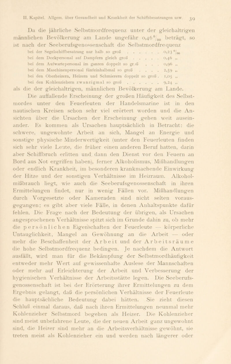 «>23 °/oo 0,46 „ 0,96 „ 2,59 - 1,05 „ 9,24 „ Da die jährliche Selbstmordfrequenz unter der gleichaltrigen männlichen Bevölkerung am Lande ungefähr 0,46 ° ()0 beträgt, so ist nach der Seeberufsgenossenschaft die' Selbstmordfrequenz bei der Segelschiffbesatzung nur halb so groß bei dem Deckpersonal auf Dampfern gleich groß .... bei dem Aufwartepersonal im ganzen doppelt so gr >ß . . bei dem Maschinenpersonal fünfeinhalbmal so groß bei den Oberheizern, Heizern und Schmierern doppelt so groß bei den Kohlenziehern zwanzig mal so groß als die der gleichaltrigen, männlichen Bevölkerung am Lande. Die auffallende Krscheinung der großen Häufigkeit des Selbst- mordes unter den Feuerleuten der Handelsmarine ist in den nautischen Kreisen schon sehr viel erörtert worden und die An- sichten über die Ursachen der Erscheinung gehen weit ausein- ander. Es kommen als Ursachen hauptsächlich in Betracht: die schwere, ungewohnte Arbeit an sich, Mangel an Energ'ie und sonstige physische Minderwertigkeit (unter den Feuerleuten finden sich sehr viele Leute, die früher einen anderen Beruf hatten, darin aber Schiffbruch erlitten und dann den Dienst vor den Feuern an Bord aus Not ergriffen haben), ferner Alkoholismus, Mißhandlungen oder endlich Krankheit, im besonderen krankmachende Einwirkung der Hitze und der sonstigen Verhältnisse im Heizraum. Alkohol- mißbrauch liegt, wie auch die Seeberufsgenossenschaft in ihren Ermittelungen findet, nur in wenig Fällen vor. Mißhandlungen durch Vorgesetzte oder Kameraden sind nicht selten voraus- gegangen; es gibt aber viele Fähe, in denen Anhaltspunkte dafür fehlen. Die Frage nach der Bedeutung der übrigen, als Ursachen angesprochenen Verhältnisse spitzt sich im Grunde dahin zu, ob mehr die persönlichen Eigenschaften der Feuerleute — körperliche Untauglichkeit, Mangel an Gewöhnung an die Arbeit — oder mehr die Beschaffenheit der Arbeit und der Arbeitsräume die hohe Selbstmordfrequenz bedingen. Je nachdem die Antwort ausfällt, wird man für die Bekämpfung der Selbstmordhäufigkeit entweder mehr Wert auf gewissenhafte Auslese der Mannschaften oder mehr auf Erleichterung der Arbeit und Verbesserung der hygienischen Verhältnisse der Arbeitsstätte legen. Die Seeberufs- genossenschaft ist bei der Erörterung ihrer Ermittelungen zu dem Ergebnis gelangt, daß die persönlichen Verhältnisse der Feuerleute die hauptsächliche Bedeutung dabei hätten. Sie zieht diesen Schluß einmal daraus, daß nach ihren Ermittelungen neunmal mehr Kohlenzieher Selbstmord begehen als Heizer. Die Kohlenzieher sind meist unbefahrene Leute, die der neuen Arbeit ganz ungewohnt sind, die Heizer sind mehr an die Arbeitsverhältnisse gewöhnt, sie treten meist als Kohlenzieher ein und werden nach längerer oder