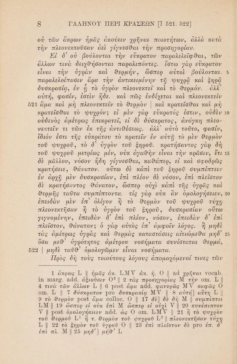 οὐ τῶν ἄπρων ἡμᾶς ἀπούειν χρῆναι ποιοτήτων. ἀλλὰ κατὰ τὴν πλεονεκτοῦσαν ἀεὶ γίγνεσθαι τὴν προσηγορίαν. τς - ο Εἰ ὃδ᾽ οὗ βούλονται τὴν εὔκρατον παραλελεῖφθαι., τῶν ἄλλων τινὰ δειχθήσονται παραλιπόντες. ἔστω γὰρ εὔκρατον εἶναι τὴν ὑγρὰν παὶ θερμήν, ὥσπερ αὐτοὶ ῥούλονται- ὅ παραλελοίπασιν .ἄρα τὴν ἀντικειμένην τῇ ψυχοᾷ καὶ ἔηοᾷ δυσκρασία, ἐν ᾗ τὸ ὑγρὸν πλεονεκτεῖ καὶ τὸ Θερμόν. ἀλλ’ ο τρ / ολ ο) 1 ο. ο ανῄ Ν αὐτή, φασίν. ἐστὶν δε. καὶ πῶς ἐνδέχεται καὶ πλεονεμτεῖν ὄδ1 ὤμα καὶ μὴ πλεονεκτεῖν τὸ δερμὸν | καὶ αρατεῖσθαι καὶ μὴ µ μὴ 0μ ϱ αἱ μὴ ο Δ / λ 4 [ά / 2 κρατεῖσόθαι τὸ ψυχρόν; εἰ μὲν γὰρ εὔκρατός ἐστιν, οὐδὲν 10 οὐδενὺς ἀμέτρως ἐπικρατεῖ, εἰ δὲ δύσκρατος. ἀνάγκη πλεο- νεκτεῖν τι τῶν ἓνκ τῆς ἀντιθέσεως. ἀλλ αὐτὸ τοῦτο, φασίν. ἴδιόν ἐστι τῆς εὐκράτου τὸ κρατεῖν ἐν αὐτῇ τὸ μὲν θερμὺν ρω ο” 2 - ζ ο.” τοῦ ψυχροῦ., τὸ ὃ ὑγρὸν τοῦ ξηροῦ. πφατήσαντος γὰρ δὴ τοῦ ψυχροῦ μετρίως μέν, οὖν ἀγαθὴν εἶναι τὴν πρᾶσιν» ἔτι 16 δὲ μᾶλλον. νόσον ἤδη γίγνεσθαι, παθώπερ. εὖ καὶ σφοδρῶς / /{ ο/ η ο” ολ / πρατήσειε. Θάνατον. οὕτω δὲ κἀπὶ τοῦ Σξηροῦ συμπίπτειν ἐν ἀρχῇ μὲν δυσκρασίαν, ἐπὶ πλέον δὲ νόσον. ἐπὶ πλεῖστον δὲ πρατήσαντος Δώνατον, ὥσπερ οὐχὶ κἀπὶ τῆς ὑγρᾶς καὶ ” ο. / / λ 9) 3λ / Βερμῆς ταῦτα συμπίπτοντα. τίς γὰρ οὐκ ἂν ὁμολογήσειεν. 50 2 λ νἱ ο οὐ ἊἎ λ λ ” ο» / ἐπειδὰν μὲν ἐπ ὀλίγον ἢ τὸ θΘερμὸν τοῦ ψυχροῦ τύχη αν 3Ν λ ς Δ μα σ ω / σ/ πλεονεχτῆσαν 3 τὸ ὑγρὸν τοῦ ξηροῦ, δυσκρασίαν οὕτω / 2 ὰ ϱ ΕΛ / / 2 λ νονων γινοµένην, ἐπειδὰν δ΄ ἐπὶ πλέον. νόσον. ἐπειδὰν δ' ἐπὶ λ ο. 9 / 5 ο λ ο βηὶ αν, 32 ο λό 3λ δὲ πλεῖστον, θάνατον: ὃ γὰρ αὐτὸς ἐπ᾽ ἀμφοῖν λόγος. ἢ μηδὲ λ 9 / ΔΝ ν / τὰς ἀμέτρως ὑγρὰς καὶ θερμὰς καταστάσεις αἰπιώμεθα μηδ᾽ 56 ὕσα μεθ᾽ ὑγρότητος ἀμέτρου νοσήματα συνίσταται θερμά. 655 | μηδὲ ταῦθ᾽ ὁμολογῶμεν εἶναι νοσήματα. Ηρὸς δῇ τοὺς τοιούτους λόγους ἀπομαχόμενοί τινες τῶν 1 ἄκρως ἩὮ | ἡμᾶς ἀπ. ΙΜΥ ἂκ. ἡ. Ο Ι αἆ χρῆναι νοο8ϱ. 1η Ίη8χσ. αάά. ἀξιοῦσιν 03 | 9 τὰς προσηγορίας Μ τὴν οπι. 1 | 4 τινὰ τῶν ἄλλων Τι | ὁ ροςῦ ἄρα ιά. φανερῶς ΜΝ σαφῶς 0 σι ή δύσχρατον Ῥτο δυσκρασία ΜΥ | 8 αὐτή] αὕτη, τ | 9 τὸ Θερμὸν Ρορῦ ἅμα οοἶ]οο. Ο | 1τ δὲ] δὲ δὴ Μ | συμπίπτει ΤιΜ | 19 ὥσπερ εἰ οὐκ ἐπὶ Μ ὥσπερ εἰ οὐχὶ Υ | 20 συνέπιπτον Υ | ροβῦ ὁμολογήσειεν αάά. ὡς Ο οτι. ΠΜΝΥ | 2 ἢ τὸ φυχοὸν τοῦ Φερμοῦ Ἠ' ἢ ἢ τ. θερμὸν ο φυχροῦ 15 πλεονεκτῆσαν, τύχη 1, | 23 τὸ ουν, τοῦ ὑγροῦ Ο | 928 ἐπὶ πλεῖστον δὲ Ῥτο ἐπ. ὃ᾽ ἐπὶ πλ. Μ | 2ὔ μηὸ”] μήθ Ἱ