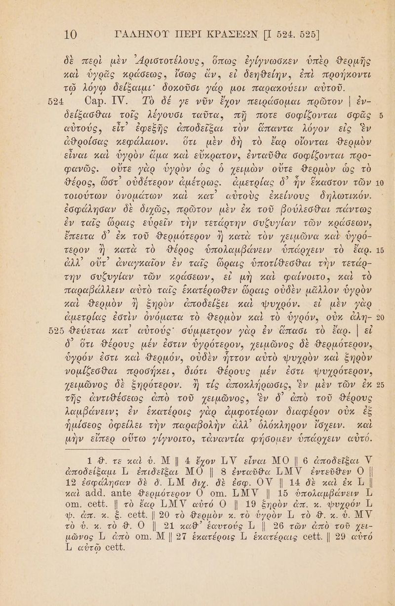Δ Ν Δ 2 / [μι δὴ. ο αλ . δὲ περὶ μὲν ριστοτελους» ὅπως εγίγνώσμεν ὑπὲρ δερμῆς 4 ς ο” ο 9/ 2. 32 λ / καὶ ὑγρᾶς αράσεως, ἴσως ἄν, εἰ δεηθείην, ἐπὶ προήκοντι ων / ο . ων / / ος τῶ Λλόγῳ δεύξαιμι δοκοῦσι γώρ µοι παρακούειν αὐτοῦ. ο” 3' / ” 32 ὄδ4 αρ. ΙΝ. Τὸ δέ γε νῦν ἔχον πειράσοµαι πρῶτον | ἕν- δείξασθαι τοῖς λέγουσι ταῦτα, πῇῃ ποτε σοφίξονται σφᾶς 6 ϱ) / -ν ως. Δ / αὐτούς, εἶτ ἑφεξῆς ἀποδεῖξαι τὸν ἅπαντα λόγον εἰς ἓν σ/ λ ἀ Ν 5/ 5/ λ ἀθροίσας πεφάλανον. ὕτι μὲν δὴ τὸ ἔαρ οἴονται Θερμὸν εἶναι καὶ ὑγρὸν. ἅμα καὶ εὔκρατον, ἐνταῦθα σοφίξονται, προ- φανῶς. οὔτε γὰρ ὑγρὸν ὡς ὃ χειμὼν οὔτε Δερμὸν ὡς τὸ θέ στ λδέτε ης 9 / ὃ᾽ ᾗ α/ Ρο έρος, ὥστ οὐδέτερον ἁμέτρως. ἁμετρίας ὃ ἠν ἕκαστον τῶν 1ο ᾖά 3 / Ν / τοιούτων ὀνομάτῶν καὶ κατ αὐτοὺς ἐκείνους δήλωτικόν. ἐσφάλησαν δὲ διχῶς, πρῶτον μὲν ἐκ τοῦ βούλεσθαι πάντως ἐν ταῖς ὥραις εὑρεῖν τὴν τετάρτην συζυγίαν τῶν κράώδεων. 2 ω μ ἔπειτα ὃ ἔκ τοῦ Θερμότερον 1 κατὰ τὸν χειμῶνα καὶ ὑγρό- τερον 1 πατὰ τὸ «Θέρος ὑπολαμβάνειν ὑπάρχειν τὸ ἔαρ. 15 ϱ) 2 ο. 5 -, 2 ον ο ς / Δ ρ ἀλλ οὔτ ἀναγμαῖον ἓν ταῖς ὥραις ὑποτίδεσθαι τὴν τετάρ- την συζυγίαν τῶν κράσεων. εἰ μὴ καὶ φαίνοιτο, καὶ τὸ / ολ) 9» ο / (ορ 9 λ ρω κς Δ παραβάλλειν αὐτὸ ταῖς ἑκατέρωθεν ὥραις οὐδὲν μᾶλλον ὑγρὸν ἡ Ἂν 3λ σ λ ο) /. ἡ / 3 μ λ καὶ Θερμὸν 3ἢ ξηρὸν ἀποδείξει καὶ ψυχρόν. εἰἶ μὲν γὰρ ἀμετρίας ἐστὶν ὀνόματα τὸ Θερμὸν καὶ τὸ ὑγρόν, οὐκ ἆλη- 50 / 2 ο) εις [ῤ λ 2 σ/ Λ 2/ 5) δοῦ Φεύεται χατ οροος κος γαρ ἓν απασι τὸ ἔαρ. | εύ δ) ὅτι δέρους μέν ἐστιν ὑγρότερον, χξιμῶνος δὲ θερμότερον, ὑγρόν ἐστι καὶ θερμό», οὐδὲν ἧττον αὐτὸ ψυχρὸν καὶ ξηρὸν νομίξεσθαι προσήκει, διότι Φέρους μέν ἐστι ψυχρότερον, χειμῶνος δὲ ξηρότερον. ἢ τίς ἀποκλήρωσις, ἓν μὲν τῶν ἓν 56 « . 2 ο. τῆς ἀντιθέσεως ἀπὸ τοῦ χειμῶνος. ἓν ὃ) ἀπὸ τοῦ δέρους λαμβάνειν; ἓν ἑπατέροις γὰρ ἀμφοτέρων διαφέρον οὖν ἐξ 2 ἡμίσεος ὀφείλει τὴν παραβολὴν ἀλλ ὁλόκληρον ἴσχειν. καὶ μὴν εἴπερ οὕτω }ίγνοιτο, τἀναντία φήσομεν ὑπάρχειν αὐτό. 1 δ. τε καὶ ὑ. Μ Ι 4 ἔχον Τ1Ύ εἶναι ΜΟ | ὁ ἀποδεῖξαι Ὑ ἀποδείξαμι 1 ἐπιδεῖξαι ή Ι 8 ἐνταῦθα ΠΜΥ ἐντεῦθεν ο | 19 ἐσφάλησαν δὲ ὃ. ΤιΜ διχ. δὲ ἐσφ. ΟΥ | 14 δὲ καὶ ἐκ Τι | καὶ θά. απηῦο θερμότερον ο ὅσα, ιν ις ὑπολαμβάνειν Ἱ οπι. οδἵῦ. | τὸ ἔαρ ΤΜΥΎ αὐτό 0Ο | 19 «ξηρὸν ἀπ. κ. φυχρόν Ἱ, ψ. ἆπ. κ. ἕ. οδῦζ. | 90 τὸ θερμὸν κ. τὸ ον Τ, τὸ 8. κ. ὑ. ΜΥ τὸ ὑ. κ. τὸ δ. Ο | 9ἱ καθ ἑαυτούς Τι | 96 τῶν ἀπὸ τοῦ χει- μῶνος Ἱ ἀπὸ οτι. Μ | 2Τ ἑκατέροις Ἱ ἑχατέραις οθΏῦ. | 99 αὐτό Ὦ αὐτῷ «εξ.