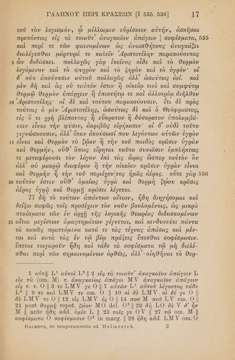 10 30 26 ΤΑΛΗΝΟΥ ΠΕΡΙ ΚΡΑΣΕΟΝ Π ὄ8δδ. ὅδ6] ππ τοῦ τὸν Λογισμόν, ὢ μέλλοιμεν εὑρίσχειν αὐτήν., ἀσκῆσαι λ / οω / ς ) τά ν) / παὶ περί τε τῶν φαινομένων ὡς ἀναισθήτους ἀναγκάζει διαλέγεσθαι µάρτυρά τε καλεῖν ᾿Αριστοτέλην παρακούοντας {ο / ο Ν κο 5’ Ν λ λ ὧν διδάσκει. πολλαχῶς γὰρ ἐκεῖνος οἶδε γαὶ τὸ δερμὸν λεγόμενον καὶ τὸ ψυχρὸν καὶ τὸ ξηρὸν καὶ τὸ ὑγρόν' οἳ 2 / . ον 2 / δ οὐκ ἀκούουσιν αὐτοῦ πολλαχῶς ἀλλ ὡσαύτως ἀεί. καὶ μὲν δὴ καὶ ὡς οὗ ταὐτόν ἐστιν ἢ οἰκείω τινὶ καὶ συμφύτῳ δερμῷ θερμὸν ὑπάρχειν ἢ ἐπικτήτῳ τε καὶ ἀλλοτρίῳ διῆλθεν Αριστοτέλης οἳ δὲ καὶ τούτου παρακούουσιν. ἔτι δὲ πρὸς 2 / ς , ο Φὶ πι ος / τούτοις ὁ μὲν ριστόπελης, ασαμπῶς. δὲ καὶ ὃ Θεόφραστος, ες ὃ τι χφὴ, βλέποντας ἢ εὔκρατον ἢ δύσκρωτον ὑπολαμβά- νειν εἶναι τὴν φύσιν, ἀπριβῶς εἰφήκασιν᾿ οἳ δ) οὐδὲ τοῦτο γιγνώσπουσιν, ἀλλ᾽ ὅταν ἀκούσωσί που λεγόντων αὐτῶν ὑγρὸν εἶναι καὶ Θερμὸν τὸ ζῷον ἢ τὴν τοῦ παιδὸς κρᾶσιν ὑγρὰν καὶ θερμήν., οὔθ) ὅπως εἴρήται ταῦτα συνιᾶσιν ἐμπλήπτως τε µεταφέρουσι τὸν λόγον ἐπὶ τὰς ὥρας ὥσπερ ταὐτὸν ὂν ἱ - . : ἀλλ᾽ οὐ μακρῷ διαφέρον ἢ τὴν οἰπείαν πρᾶσιν ὑγρὰν εἶναι ταὐτόν ἐστιν οὔθ) ὁμοίῶς ὑγρὰ καὶ Θερμὴ ζώου κρᾶσι »/ ς ᾗ εν . ” μα ο. άερος ὑγρᾷ καὶ Ῥερμῇ κρᾶσει λεγεται. Τί δὲ τὸ τούτων ἁπάντων αἴτιον, ἤδη διηγήσοµαι καὶ δείξω σαφῶς τοῖς προσέχειν τὸν νοῦν βουλομένοις, ὡς μικρὰ πταίόµατα τῶν ἐν ἀρχῇ τῆς λογής θεωρίας διδακοµένων αἴτια µεγίστων ἁμαρτημάτων γίγνεταυ καὶ κινδυνεύει πάντα τὰ πακῶς πραττόµενα κατά τε τὰς τέχνας ἁπάσας καὶ μέν- τοι καὶ κατὰ τὰς ἐν τῷ βίῳ πράξεις ἔπεσθαι σοφίσµασιν. ἔπεται τοιγαροῦν ἤδη καὶ τάδε τὰ σοφίσόµατα τῷ μὴ διελέ- λ μ. / 2 μα 9 2 3 ϱ” ὃν σθαι περὶ τῶν σημαινομένων ὀρθῶς, ἆλλ΄' οἴηθῆναι τὸ Όερ- 1 αὐτῇ Τμ] αὐτοὶ 113 |. 9 εἰς τὰ τοιαῦτ᾽ ἀναγκαῖον ἀπάγειν Ἱ, εἰς τὰ (οτι. Ν) τ. ἀναγκαίως ἀπάγει ΜΥ ἀναγκαῖον ἀπάγειν εἰς τ. το ὃ τε ΜΥ γεο]τ αὐτῶν Πὶ αὐτοῦ Λέγοντος τάδε Τ3 | 9 τε καὶ ΜΥ τε οτι. 0 | 10 οἱ δὲ ΠΜΥ οἱ δέ γε Ο δὲ ΗΜΥ τεὂο | 19 εἰς ΙΙΜΥ ἐς Ο | 14 που Μ ποῦ Τ1Υ οτη. 0 21 ροεῖ θερμῇ τθρεῦ. ζῴου ΜΟ ἀεΙ. 0395 δὴ 110 δὲ Υ ὃ ἡ Μ ι απζο ἤδη αἀά. ὑμῖν Τι | 38 τοῖς γε ΟΝ | 2τ τῷ οπι. κ Ί σοφίσµατα 0. σοφίσµασιν 03 1Π τηαχσ. | 28 ἤδη αἀά. ΤιΜ Υ οπι. 0 ἄατανΌς, ἄθ {απηροταπιεπ{ί5 οᾱ. Ἡ]πιχθίς]. 2