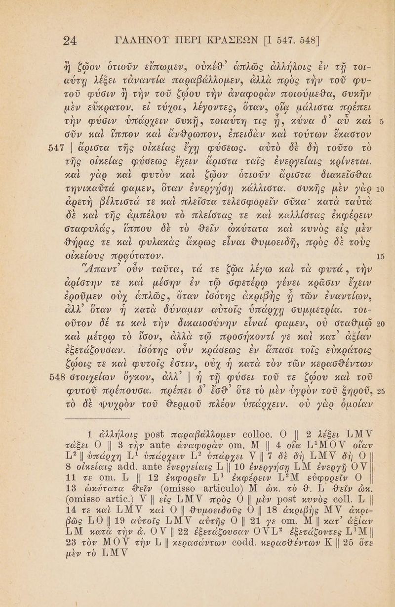 94. ΓΑΛΗΝΟΥ ΠΕΡΙ ΚΡΑΣΕΩΝ [Π 647. 548] ἢ ζῶον ὁτιοῦν εἴπωμεν, οὐκέθ) ἁπλῶς ἀλλήλοις ἐν τῇ τοι- αύτῃ λέξει τἀναντία παραβάλλομεν, ἀλλὰ πρὸς τὴν τοῦ φυ- τοῦ φύσιν ἢ τὴν τοῦ ζώου τὴν ἀναφοφὰν ποιούµεθα, συκῆν μὲν εὔκρατον. εὖ τύχοι» λέγοντες ὕταν, οἵα μάλιστα πρέπει τὴν φύσιν ὑπάρχειν συκῇ, τοιαύτη τις ᾗν κύνα ὃ)᾽ αὖ καὶ ὅ σῦν καὶ ἵππον καὶ ὤνθρωπον., ἐπειδὰν καὶ τούτων ἕκαστον δ4τ | ἄριστα τῆς οἰπείας ἔχῃ φύσεως. αὐτὸ δὲ δὴ τοῦτο τὸ τῆς οὗπείας φύσεως ἔχειν ἄριότα ταῖς ἐνεργείαις αρίνεται. παὶ γὰρ καὶ φυτὸν καὶ ζῷον ὁτιοῦν ἄριστα διακεῖσθαι τηνικαῦτά φαµεν, ὕταν ἐνεργήσῃ κάλλιστα. συκῆς μὲν γὰρ το ἀρετὴ βέλτιστά τε καὶ πλεῖότα τελεσφορεῖν σῦκα' πατὰ ταὐτὰ δὲ καὶ τῆς ἀμπέλου τὸ πλείστας τε καὶ καλλίστας ἐπφέρειν σταφυλάς, ἵππου δὲ τὸ Φεῖν ὠκύτατα καὶ κυνὸς εἰς μὲν θήρας τε καὶ φυλακὰς ἄκρως εἶναι θυμοειδῆ, πρὸς δὲ τοὺς οὐκείους πραότατον. 16 ἅπαντ οὖν ταῦτα, τώ τε ζῶα λέγω καὶ τὰ φυτά» τὴν ἀρίότην τε καὶ μέσην ἐν τῷ σφετέρω γένει αρᾶσιν ἔχειν ἐροῦμεν οὐχ ἁπλῶς, ὅταν ἰσότης ἀκριβὴς ῃ τῶν ἐναντίων, ἀλλ᾽ ὅταν ἡ κατὰ δύναμιν αὐτοῖς ὑπάρχῃ συμμετρία. τοι- οὔτον δέ τι κοὶ τὴν δικαιοσύνην εἶναί φαμεν, οὐ σταθμῷ 90 καὶ µέτρῳ τὸ ἴσον, ἀλλὰ τῷ προσήποντέ γε καὶ κατ ἀξίαν ἐξετάξζουσαν. ἰδότής οὖν πράσεως ἐν ὤπασι τοῖς εὐκράτοις ζώοις τε καὶ φυτοῖς ἐστιν, οὐχ ἡ πατὰ τὸν τῶν περασθέντων δ48 στοιχείων ὄγκον, ἀλλ᾽ | ἡ τῇ φύσει τοῦ τε ζώου καὶ τοῦ φυτοῦ πρέπουσα. πρέπει ὃ ἔσθ᾽ ὅτε τὸ μὲν ὑγρὸν τοῦ ξηροῦ. 56 τὸ δὲ φψυχρὸν τοῦ θερμοῦ πλέον ὑπάρχειν. οὗ γὰρ ὁμοίαν 1 ἀλλήλοις Ῥοβῦ παραβάλλοµεν οοἱ]οο. Ο | 9 Λέξε ΤΜΝ τάξει ο | ὃ τὴν απζς ἀναφορὰν οτι, Μ | 4 οἵα ΗΙΜΟΥ οἵαν 13 | ὑπάρχη η, ὑπάρχειν μἢ ὑπάρχει Ύ | τ δὲ δὴ ΙΜΥ δὴ 0 | 8 οἶχείαις αἀά. απο ἐνεργείαις Ἱι | 10 ἐνεργήσῃ ΤΝ ἐνεργῇ ΟΥ 11 τε οἵἹ, Ἡ | 19 ἐκφορεῖν Ἡὶ ἐπφέρειν Ὦ Μ εὐφορεῖν ο | 15 ὠκύτατα Δεῖν (οπιββο ατοαιο) Μ ὦκ. τὸ 9. Ἰ θεῖν ὦκ. (οπι1ββο ατί]ο.) Ύ | εἰς ΜΥ πρὸς Ο | μὲν ροβῦ κυνὸς οο]1. Τ, | 14 τε καὶ ΜΥ καὶ Ο | δυμοειδοῦς Ο | 18 ἀκριβὴς ΜΥ ἆἄκρι- ῥῶς 10 | 19 αὐτοῖς ΜΥ αὐτῆς 0Ο | 9ἱ γε οτι. Μ | κατ ἀξίαν ΓΜ κατὰ τὴν ἆ. ΟΥ | 95 ἐξετάζουσαν ΟΥ 113 ἐξετάζοντες 11 Μ | 25 τὺν ΜΟΥ τὴν 1ι | κερασώάντων οοᾶᾱ. κερασθέντων Κ | 2ὔ ὅτε μὲν τὸ Τ ΜΥ