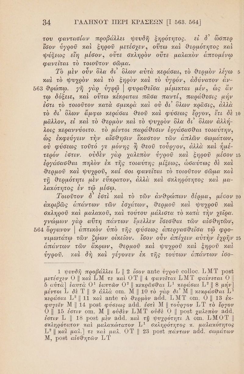 94 ΤΑΛΗΝΟΥ ΠΕΡΙ ΚΡΑΣΕΩΝ [Π 668. ὅ64] του φαντασίαν προβάλλει ψευδῆ ξήρότητος. εἰ ὃδ᾽ ὥσπερ ἴσον ὑγροῦ καὶ ξηροῦ µετέσχεν, οὕτω καὶ δερμότητος καὶ φανεῖται τὸ τοιοῦτον σῶμα. 5 2 Τὺ μὲν οὖν ὕλα δι ὅλων αὐτὰ Μεράσαι, τὸ θερμὸν λέγω λ λ λ ὴ λ σ Ν ὴ λ ία / 9 / 2 καὶ τὸ ψυχρὸν καὶ τὸ ξηρὸν καὶ τὸ ὑγρόν. ἀδύνατον ἂν- τῷ δόξειε, καὶ οὕτω κέκραται πᾶσα παντί, παράθεσις µήν ἐστι τὸ τοιοῦτον κατὰ σμικρὰ καὶ οὐ δι’ ὅλων πρᾶσις. ἀλλὰ τὸ δι ὅλων ἄμφω περάσαι Θεοῦ καὶ φύσεως ἔργον, ἔτι δὲ μᾶλλον, εὖ καὶ τὸ δερμὸν καὶ τὸ ψυχρὸν ὅλα δι ὅλων ἀλλή- λοις περαννύοιτο. τὸ μέντοι παράθεσιν ἐργώσασθαι τοιαύτην, ς 2 / Αν 3/ ο ρὀ ς αν / ὥς ἐκφεύγειν την αἰσθησιν ἕκαστον τῶν ἁπλῶν σωμάτων. οὐ φύσεως τοῦτό γε µόνης ἢ 9εοῦ τούργον, ἀλλὰ καὶ ἡμέ- τερόν ἐστιν. οὐδὲν γὰρ χαλεπὸν ὑγροῦ καὶ ξηροῦ μέσον 3 ᾖ Ν 3 ὖ - /.” ς / λ 3 ἐργάσασθαι πηλὸν ἓἔκ τῆς τοιαύτης µίξεως, ὡσαύτως δὲ καὶ Θερμοῦ καὶ ψυχροῦ, καΐ σοι φανεῖται τὸ τοιοῦτον σῶμα καὶ αν / 2 5 Ἆ λ α ἡ τῇ Θερμότητι μὲν εὔμρατον» ἄλλα καὶ σκληρὀτητος καὶ µα- / ὸ νὰ λακότητος ἐν τῷ μµεσῳ. μα 9 οω Τοιοῦτον ὃ ἐστὶ καὶ τὸ τῶν ἀνθρώπων δέρµαν μέσον ἀκριβῶς ἁπάντων τῶν ἐσχάτων, Θερμοῦ καὶ ψυχροῦ καὶ ο ὴ ο” ἡ λ λ λ ο” σκληροῦ καὶ μαλακοῦ. καὶ τούτου μάλιστα τὸ κατὰ τὴν χεῖρα. κ λ ο / 9 2/ ο” 3 ο» ο νο ἔαελλεν ἔσεσθαι τῶν αισθητῶν, νιμωτάτῳ τῶν ζώων οἰπεῖον. ἴσον οὖν ἀπέχειν αὐτὴν ἐχρῆν ἁπάντων τῶν ἄπρων. δερμοῦ καὶ ψυχροῦ καὶ ξηροῦ καὶ ὑγροῦ. καὶ δ παὶ γέγονεν ἐν τῆς τούτων ἁπάντων ἰἴδο- 1 φευδῆ προβάλλει Ι΄ ᾗ 9 ἴσον απο ὑγροῦ οο]]οο. ΜἘ ροβῦ μετέσχεν ο [ καὶ ΠΜ τε καὶ ΟΤΙ. 4 φανεῖται ΓΜ Ἐ φαίνεται 0 | ὅ αὐτὰ] ἑαυτὰ 01 ἑαυτῶν 0” | κεκρᾶσθαι {μὰ ης 198 μήν] μέντοι Ἡ δὲ Ἔ | 9 ἀλλὰ οπι. Μ || 10 τὸ γὰρ δι Μ | κεκράσθαι 1μ] φυγεῖν Μ | 14 ρορί φύσεως ααἀ. ἐστὶ Μ | τοῦργον 1 τὸ ἔργον Ο | 156 ἐστιν οτι. Μ | οὐδὲν Ι.Μ Τ οὐδὲ 0 | ροςῦ χαλεπὸν ααά. ἐστιν ἵι | 18 Ῥοβῦ μὲν αᾶἀ. καὶ τῇ φυχρότητι Α οπ. ΠΗΜΟΤ | σκληρότατον καὶ µαλακώτατον Ι. σκληρότητος κ. µαλακύτητος 1131 καὶ µαλ.] τε καὶ µαλ. Ο7Τ | 98 ροβῦ πάντων αἀά. σωμάτων Μ. ροεῦ αἰσθητῶν ΙΤ 10