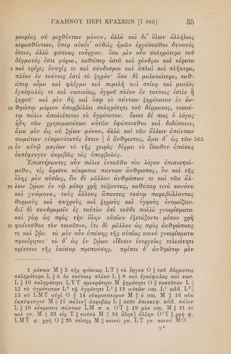 σι 10 16 20 26 ΓΑΛΗΝΟΥ ΠΕΡΙ ΚΡΑΣΕΩΝ [1 δόδ]. δᾷ µοιρίας οὖ μιχθέντων μόνον, ἀλλὰ καὶ δι ὕλων ἀλλήλοις περασθέντων, ῦπερ οὐκέτ' οὐδεὶς ἡμῶν ἑργάσασθαι δυνατός ἐστιν. ἀλλὰ φύσεως τοῦργον. ὅσα μὲν οὖν σπληρότερα τοῦ δέρµατός ἐστι μόρια, καθάπερ ὁστᾶ καὶ χόνδροι καὶ κέρατα λ / Ἶ ς λ λ ὴ ο” παὶ τρίχες Ὀνυχές τε καὶ σύνδεσμοι καὶ ὁπλαὶ καὶ πλῆκτρα. / 2 / νι Φὴη ντ 8 ο ο Δ / πλεον έν τούτοις ἐστὶ τὸ ξηρόν᾽ ὅσα δὲ µαλακώτερα, παῦ- ὤπερ αἷμα καὶ φλέγμα καὶ πιµελὴ καὶ στέαρ καὶ μυελὸς ἐγκέφαλός τε καὶ νωτιαῖος, ὑγροῦ πλέον ἐν τούτοις ἐστὶν ἡ ξηροῦ' καὶ μὲν δ καὶ ὕσω τὸ πάντων ξηρότατον ἐν ἀν- Φρώπω µόριον ὑπερβάλλει σκληρότητι τοῦ δέρματος, τοσού- / 3 λ ς / 2, / / τω πάλιν ἀπολείπεται τὸ ὑγρότατον. ἔθικε δὲ πως ὁ λόγος πα ο” / 2.» 2 / ὴ ία {δη τῶν Ἰχρήδιμωτάτων αὐτῶν ἐφάπτεσθαι καὶ διδάσκειν. σ/ μ ς 2 { / 2 ὰ ἡ ζω 2/ ς / ἅμα μὲν ὡς οὐ ζώων µόνον, ἄλλα καὶ τῶν ἄλλων ἀπάντων 2 9 ο” / Δ ω μ / λ 2/ ς / ἕν αὐτῷ μορίων τὸ τῆς Ἰειρὸς δέρµα τὸ ἔσωθεν ἁπάσας ἐκπέφευγεν ἀκριῤῶς τὰς ὑπερβολάς, Ἐπιστήσαντες οὖν πάλιν ἐνταῦθα τὸν λόγον ἐπισχεψώ- µεθα. τίς ἄριστα πέκραται πάντων ἄνθρωπος. ὃν καὶ τῆς ο/ λ 2 ’ Σ/ Ν ρω 2 / Δ ο” δ/ Όλης μὲν οὐσίας. ἔτι δὲ μᾶλλον ἀνθρώπων τε καὶ τῶν ἄλ- . 2 - / λ / / Δ / λων ζφων ἐν τῷ µέσῳ χρὴ τάξαντας» παθάπερ τινᾶ πανόνα καὶ γνώμονα», τοὺς ἄλλους ἅπαντας τούτω παραβάλλοντας Θερμοὺς καὶ ψυχροὺς καὶ ἑηροὺς καὶ ὑγροὺς ὀνομάζειν. δεῖ δὲ συνδραμεῖν ἐς ταὐτὸν ἐπὶ τοῦδε πολλὰ γνωρίσματα. 8 ν ίς ὃν) λ ο/ 2 / λος / / Ν καὶ γαρ ὥς πρὸς τὴν ὅλην οὐσίαν ἐξετάξοντι μεσον χρὴ φαίνεσθαι τὸν ποισυνο, ἔτι δὲ ο αοι ὡς πρὸς ἀνθρώπους τὲ καὶ ζῷα. τὰ μὲν οὖν ἁπάσης τῆς οὐσίας κοινὰ γνωρίσματα προείρηται᾿ τὰ ὃ) ὡς ἐν ζώων εἴδεσιν ἐνεργείας τελειότητι / -- / / / κρίνεται τῆς ἑκάστῳω πρεπούσης. πρέπει ὃδ' ἀνθρώπῳ μὲν 1 µόνων Μ | ὃ τῆς φύσεως Ἱ,Τ | τὸ ἔργον 0 | τοῦ δέρματος σκληρότερα Τι | 6 ἐν τούτοις πλέον Γ 1 8 καὶ ἐγκέφαλος καὶ νωτ. 1, 1. 10. σκληρότητι 1 Ἐ σµικρότητι Μ ξηρότητι Ο | τοσοῦτον 1. | μα τὸ ὑγρότατον. 13 τῇ ὑγρότητι 1μ1 | 19 αὐτῶν οπα. [1 ααα. τα] 19 οὐ ΙΜΤ οὐχὶ 0 | 14 εὐκρατότερον Μ | ὁ οπι. Μ | 16 οὖκ ἐκπέφευγεν Μ ἵ Ἱπ πάλιν] ἀκριβῶς Τι || απῖε ἐπισκεψ. 844. πάλιν Τι ] 18 κέκραται πάντων ΙΜ π. κ. ΟΤ | 19 μὲν οπι. Μ | 21 τε καὶ }ν. Μ | 38 εἰς Τ | ταὐτὸ Μ | 24 ὕλην] ἄλλην Ο1Τ | χρὴ φ. ὰ ΤΜΤ φ. χρὴ Ο | 20 πάσης Μ | κοινὰ }Ἰν. ΤΤ γν. ποινὰ ΜΟ 93