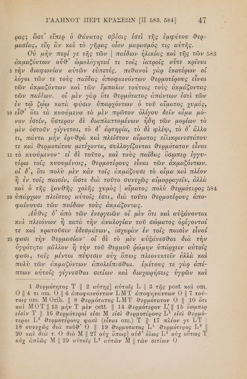 10 16 20 2ὔ ΓΑΛΗΝΟΥ ΠΕΡΙ ΚΡΑΣΕΟΝ [Π ὄ88. ὄ84] γή ρας; ὥστ εἴπερ ὃ Θάνατος σβέσις ἐστὶ τῆς ἐμφύτου 8ερ- µασίας, εἴη ἂν καὶ τὸ }ῆρας οἷον µαρασµός τις αὐτῆς. ἄκμαζόντων οὔθ᾽ ὠμολόγηταί τι τοῖς ἰατροῖς οὔτε αρῖναι τὴν διαφωνίαν αὐτῶν εὐπετές. πιθανοὶ γὰρ ἑκατέρων, οὗ λόγοι τῶν τε τοὺς παῖδας ἀποφαινόντων Θερμοτέρους εἶναι τῶν ἄκμαζόντων καὶ τῶν ἔμπαλιν τούτοις τοὺς ἀκμάξοντας τῶν παίδων. οἱ μὲν γὰρ ὅτι Θερμότατος ἁπάντων ἐστὶ τῶν ἐν τῶ ζώῳ κατὰ φύσιν ὑπαρχόντων ὁ τοῦ αἵματος. χυμός, εἶθ᾽ ὅτι τὰ Ἀυούμενα τὸ μὲν πρῶτον ὀλίγου δεῖν αἷμα μό- νον ἐστίν, ὕστερον δὲ διαπλαττομένων ἤδη τῶν μορίων τὸ μὲν ὁστοῦν γίγνεται, τὸ ὃ ἀρτηρία, τὸ δὲ φλέψ., τὸ δ᾽ ἄλλο τι, πάντα μὴν ἐρυθρὰ καὶ πλεῖστον αἵματος εἰλιπρινεστώτου τε καὶ Φερμοτάτου µετέχοντα, συλλογίξονται Θερμότατον εἶναι τὸ πυούμενον᾽ εἰ δὲ τοῦτο, καὶ τοὺς παῖδας ὕσωπερ ἐγγυ- τέρω τοῖς κυουµένοις, Θερμοτέρους εἶναι τῶν ἁπμαζόντων. οἳ δ᾽, ὅτι πολὺ μὲν κἀν τοῖς ἀκμάζουσι τὸ αἷμα καὶ πλέον ἢ ἐν τοῖς παισίν, ὥστε διὰ τοῦτο συνεχῶς αἱμορραγεῖν, ἀλλὰ ὑπά ᾱ πλ σ 2 ωή ἐσ ὃ Ἡ ο” 9 ά 9 ο ὑπάρχων πλεῖστος αὐτοῖς ἐστι, διὰ τοῦτο ΦΝερμοτέρους ἄπο μ 3 φαίνουσι τῶν παίδων τοὺς ἀπμάζοντας. 5’ σαν ον ρ] κ» ο Ν ϱ/ ἃ λος) ἄὖθις ὃ' ἀπὸ τῶν ἐνεργειῶν οἱ μὲν ὅτι καὶ αὐξάνονται παὶ πλειόνων ἢ πατὰ τὴν ἀναλογίαν. τοῦ σώματος ὀρέγονταί τε καὶ αφατοῦσιν αν ιδχυρὰν ἐν τοῖς παισὶν εἶναί φασι τὴν δερμασίαν' δὲ τὸ μὲν αὐξάνεσθαι διὰ τὴν ὑγρότητα μᾶλλον ἢ νο τοῦ θερμοῦ ῥώμην ὑπάρχειν αὐτοῖς φασι. ταῖς μέντοι πέψεσιν οὐχ ὕπως πλεονεκτεῖν ἀλλὰ καὶ πολὺ τῶν ὀἁπμαζόντων ἀπολείπεσθαι. ἐμέτους τε γὰρ ἀπέ- πτων αὐτοῖς γίγνεσθαι σιτίων παὶ διαχωρήσεις ὑγρῶν καὶ 1 θερμµότητος Ῥ | 2 αὐτης] αὐτοῖς 1, | ὃ τῆς Ῥοδῦ καὶ οπι. ΟΙ 4 τιοπ.ο|6 ἀποφαινόντων ΤΜΤ ἀποφηνάντων 0 | τ τού- τοις οπι. Μ Οτιρ. 1 8 Ώερµότατος 1, Μ Τ θερμότατον ο | 10 ὔτι καὶ ΜΟΤΙ 18 μὴν Ἐ μὲν οοῦδ. | 14 θερμότερον Ἡ. 1 16 ὄσωπερ εἰσὶν Τ | 16 θερµότεροί εἰἶσι Μ εἰσὶ Θερµοτέρους Ἱμῖ εἰσὶ Θερµό- τεροι 113 Θερμοτέρους. ο άα (εἶναι οπι.) Τ | 1Τ πλέον γε ΙΤ ] 18 συνεχῶς διὰ τοῦθ” Ο Ι. 19 Θερμοτατος Ιμῖ Δερμότερος 1” | 20 καὶ διὰ τ. 0 διὸ Μ | 2τ οὐχ ὅπως] οὐδ᾽ ὕλως 1 οὐχ οὕτως Ἐ οὐχ ἁπλῶς Μ | 29 αὐτοῖς 13 αὐτῶν Μ | τῶν σιτίων 0