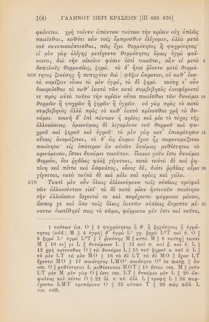 φαίνεται. χθὴ τοίνυν ἁπάώντων τούτων τὴν πρίσιν οὐχ ἁπλῶς ” / 2 ο” δή 24 ο) λ λ ποιεῖσθαι, καθότι κάν τοῖς ἔμπροσῦθεν ἑλεγομεν. άλλα μετὰ τοῦ συνεπισκέπτεσθαι, πῶς ἔχει Βερμότητος ἢἡ ψυχρότητος᾽ εὖ μὲν γὰρ ὀλίγης µετέχοντα ἈΒερμότητος ὅμως ὑγρὰ φαί- νοιτον διὰ τὴν οἰπείαν φύσιν ἐστὶ τοιαῦτα, κἂν εὖ μετὰ τὰ νομίξειν εἶναι τὰ μὲν ὑγρά. τὰ δὲ δηρά. ταύτῃ τ᾽ οὖν διαιρεῖσθαι τὰ καθ ἑαυτὰ τῶν κατὰ συμβεβηκὺς ἀναφέροντά τε πρὸς αὐτὰ ταῦτα τὴν κρίσιν οὕτω ποιεῖσθαι τῶν δυνάµει θερμῶν ἢ ψυχρῶν ἢ ξηρῶν ἢ ὑγρῶν. οὗ γὰρ πρὸς τὸ πατὰ συμβεβηκὸς ἀλλὰ πρὸς τὸ καθ ἑαυτὸ κρίνεσθαι χρὴ τὸ δυ- νάµει. κοινὴ δ) ἐπὶ πάντων ἡ αρίσις καὶ µία τὸ τάχος τῆς ἀλλοιώσεως. ὁμωνύμως δὲ λεγομένου τοῦ δερμοῦ καὶ ψυ- χροῦ καὶ ξηροῦ καὶ ὑγροῦ᾽ τὸ μὲν }ὰρ κατ ἐπικράτησιν οὕτως ὀνομάζεται, τὸ ὃδ ὡς ἄκραν ἔχον ἧς παρονομάξεται ποιότητα εἰς ὁπότερον ἂν αὐτῶν ἕἑτοίμως µεθίστηται τὸ πρινόμενον, ἔσται δυνάμει τοιοῦτον. ἔλαιον γοῦν ἐστι δυνάμει θερμόν, ὅτι ῥφδίως φλὸξ γόγνετων» πατὰ ταὐτὰ δὲ καὶ ῥη- τίνη καὶ πίττα καὶ ἄσφαλτος, οἴνος δέ. διότι ῥᾳδίως αἷμα γίγνεται, κατὰ ταὐτὰ δὲ καὶ μέλι παὶ πρέας καὶ γάλα. Ταυτὶ μὲν οὖν ὅλαις ἀλλοιούμενα ταῖς οὐσίαις τροφαὶ τῶν ἀλλοιούντων εἰσί' τὰ δὲ φπατὰ μίαν ἠντινοῦν ποιότητα τὴν ἀλλοίωσιν ἴσχοντά τε καὶ παρέχοντα φάρμακα µόνον, ὥσπερ γε καὶ ὅσα ταῖς ὅλαις ἑαυτῶν οὐσίαις ἄτρεπτα μέ- νοντα διατίθησί πὠς τὸ σῶμα, φάρμακα μέν ἐστι καὶ ταῦτα, 1 τούτων ἆπ. Ο | ὃ φυχρότητος ἡ 9. ἢ ξηρότητος ἢ ο. τητος (πάᾳ.) Μ | 4 ὑγραὰ] δ ὑγρὰ ἩΣ γρ. ξηρά 15 Ἑ καὶ ὑ. 0 | 6 ξηρά ἴμῖ ὑγρά ΙΤ | τ ῥεούσης Μ | αὐτὰ ΜΙ 8 τὰς αυτί μα 0 19 χρὴ πρίνεσθαι 0 | τὰ δυνάμει {16 τοῦ ξηροῦ κ. τοῦ ὑ. Τι | τὸ μὲν ἰιΤ τὰ μὲν Μο Ι 16 τὸ δὲ μΤ τὰ δὲ ΜΟ |. ἔχον πι ἔχοντα ΜΟ Ι 1Τ ποιότητος ΤΜΟΙ ποιότητα, 05 ἵπ πιασς. || ἂν οτι. Ο | μεθίστηται Τ, µεθίσταται ΜΟΤ | 18 ἔσται οπι. Μ | γοῦν 1 Τ μὲν Μ μὲν γὰρ Ο | ἐστι οτι. 1 Τ [ δυνάμει μὲν 1 | 90 ἄ ἄσ φαλτος παὶ πίττα 0 | 95 δλ. τ. οὐ. ἔλλ. Ἱ, Ἶ τροφὴ 1 | 94 η. έχοντα ΙΤ ΜΊΤ τρεπόµενα ΌΟ | 926 αὐτῶν Τ | 26 πῶς αἀά. Ἱ, οπι. οατῦ.