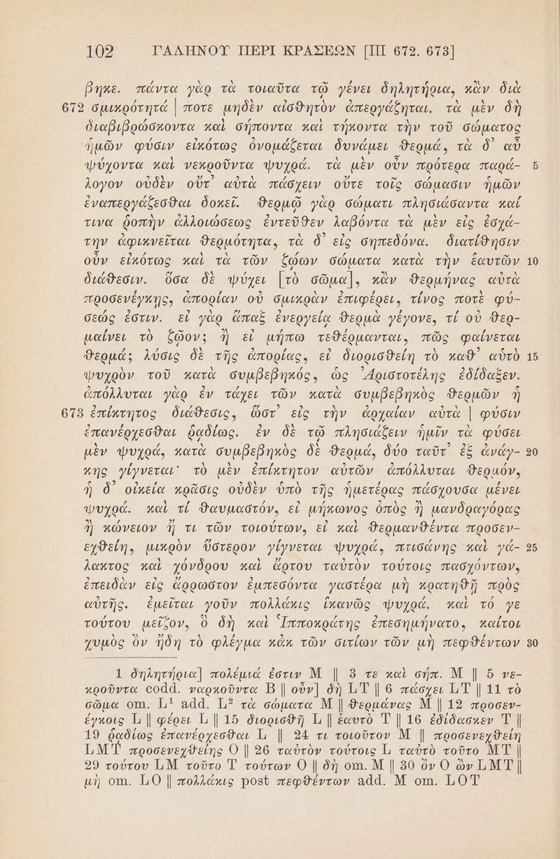 βηκε. πάντα γὰρ τὰ τοιαῦτα τῷ γένει δηλητήρια, κἂν διὰ 612 σµιπρότητά | ποτε μηθδὲν αἰσθητὸν ἀπεργάζηται. τὰ μὲν δὴ διαβιῤρώσποντα παὶ σήποντα καὶ τήποντα τὴν τοῦ σώματος ἡμῶν φύσιν εκότως ὀνομάξεται δυνάμει θερμώ, τὰ δ᾽ αὖ ψύχοντα καὶ νεκροῦντα ψυχρά. τὰ μὲν οὖν πρότερα παρά- ὅ λογον οὐδὲν οὔτ αὐτὰ πάσχειν οὔτε τοῖς σώμασιν ἡμῶν ἐναπεργάζεσθαι δοκεῖ. δερμῷ γὰρ σώματι πλησιάσαντα καί λ ο) / 2 ” / λ Ν 3 τινα ῥοπὴν ἀλλοιώσεως ἐντεῦθεν λαβόντα τὰ μὲν εἰς ἐσχά- ν) ν /{ λ 2 2 / / τήν ἀφικνεῖται θερμότητα, τὰ δ' εἰς σήπεδόνα. διατίθησιν οὖν εἰκότως καὶ τὰ τῶν ζώων σώματα κατὰ τὴν ἑαυτῶν 10 διάθεσιν. ὅσα δὲ ψύχει [τὸ σῶμα], κἂν θΘερμήνας αὐτὰ προσενέγκῃς, ἀπορίαν οὐ ὅμικρὰν ἐπιφέρει, τίνος ποτὲ φύ- σεώς ἐστιν. εἰ γὰρ ὤπαξ ἐνεργεία θερμὰ γέγονε, τί οὐ 9ερ- εώς ἐστιν. εἰ γὰρ ἅπαξ ἐνεργείᾳ Θερμὰ γέγονε, ϱ ” ο” / μαΐνει τὸ ἕῶον; ἢ εἰ µήπω τεθέρµανται, πῶς φαίνεται Θερμά; λύσις δὲ τῆς ἀπορίας, εἰ διορισθείη τὸ καθ’ αὐτὸ 16 φυχρὸν τοῦ κατὰ συµβεβηκός, ὡς ᾿ἀριστοτέλης ἐδίδαξεν. 2 ηλλ λ 2 , .ω λ λ 9. ων ς ἀπόλλυται γὰρ ἐν τάχει τῶν πατὰ συμβεβηκὸς ερμῶν ἢ 2 / 5) λ 1 ; 619 ἐπίπτητος διάθεσις, ὥστ εἰς τὴν ἀρχαίαν αὐτὰ | φύσιν 2) / σα / ) λ ον / σ ο λ ΄ ἐπανέρχεσθαι ῥαδίως. ἐν δὲ τῷ πλήσιάζειν ἡμῖν τὰ φύσει Δ / Δ 4 { 2 { ο ο κής μὲν ψυχρά, πατὰ συμβεβηκὸς δὲ Θερμά, δύο ταῦτ ἐξ ἀνάγ- 20 πης γίγνεται τὸ μὲν ἐπίκτητον αὐτῶν ἀπόλλυται θερμόν, 2 ω ' ἡ ὃδ) οὗπεία κρᾶσις οὐδὲν ὑπὸ τῆς ἡμετέρας πάσχουσα μένει ψυχρά. καὶ τί Δαυμαστόν, εἶ µήπωνος ὁπὸς ἢ µανδραγόρας Ἰ κώνειον ἢ τι τῶν τοιούτων, εἰ παὶ ερμανδέντα προσεν- εχθείη. μικρὸν ὕστερον γίγνεται ψυχρώ, πτισδώνης καὶ γά- 56 ἡ / ὴ 2 ΗΝ / / λαχτος καὶ χόνδρου καὶ ἄρτου ταὐτὸν τούτοις πασχόντων, ἐπειδὰν εἰς ἄρρώστον ἐμπεσόντα γαστέρα μὴ κρατηθῇ πρὸς 5.” ο» . / ο- / 8 / αὐτῆς. ἐμεῖαι γοῦν πολλάπις ἱκανῶς ψυχρά. καὶ τὀ γε ο” ἱ ά τούτου μεῖζον,. ὃ δὴ καὶ Ἱπποκράτης ἐπεσημήνατο. κπαΐτοι 2/ / 9 ω χυμὸς ὂν ἤδη τὸ φλέγμα κάν τῶν σιτίων τῶν μὴ πεφΏέντων 90 1 δηλητήρια] πολέμιά ἐστιν Μ [5 τε καὶ σήπ. Μ | ὅ νε- κροῦντα οοςἆ. ναρκοῦντα Β | οὖν] δὴ 1Τ | 6 πάσχει 1 Τ { 11 τὸ σῶμα ΟΠΠ. 11 αἀά. Τι τὰ σώματα Μ | Φερμάνας Μ | 125 προσετν- έγκοις τ| φέρει Ὦ | 16 διορισθῆ Τι | ἑαυτὸ Τ | 16 ἐδίδασκεν Ἑ | 19 ῥαᾳδίως ἐπανέρχεσθαι Ἡ 1]. 34 τι τοιοῦτον Ν ] απροσενεχθείη 1 Μ προσενεχθείης 0 | 96 ταὐτὸν τούτοις 1, ταὐτὸ τοῦτο ΜΤ | 29 τούτου 1Μ τοῦτο Έ τούτων 0 | δὴ οπ,Μ|950ὀν0Ο ὠνΙιΜΤ| μὴ οτι. Τ0 | πολλάκις ροβῦ πεφΏθέντων αἀά. Μ οπι. Το