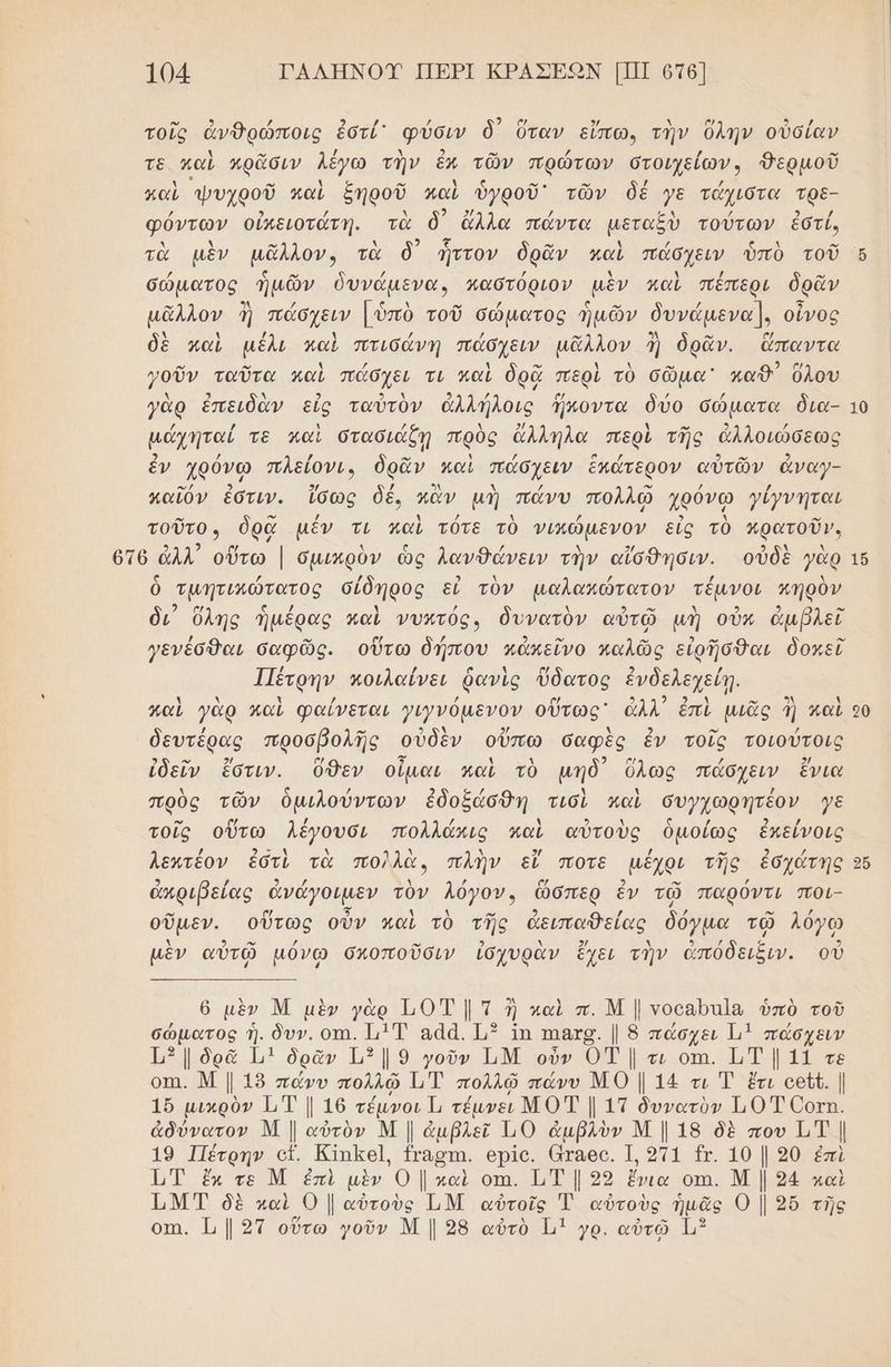 τοῖς ἀνθρώποις ἐστί᾽ φύσιν δ) ὅταν εἴπω, τὴν ὅλην οὐσίαν τε καὶ κρᾶσιν λέγω τὴν ἐν τῶν πρώτων στοιχείων» θερμοῦ γαὶ Ψυχροῦ καὶ ξηροῦ καὶ ὑγροῦ τῶν δέ γε τώμστα τρᾶ- φόντων οὐπειοτάτη. τὰ ὃ ἄλλα πάντα μεταξὺ τούτων ἐστί, σώματος ἡμῶν δυνάµενα. παστόριον μὲν καὶ πέπερι δρᾶν μᾶλλον ἢ πάσχειν | ὑπὸ τοῦ σώματος ἡμῶν δυνάµενα], οἶνος λ 4 / ὴ / / » 3 ρω [4 δὲ καὶ μέλι καὶ πτισάνη πάσχειν μᾶλλον 1 ὁδρᾶν. ἅπαντα γοῦν ταῦτα καὶ πώσχει τι καὶ δρᾷ περὶ τὸ σῶμα καθ’᾽ ὅλου λ 3 λ 9) 2 λ 9 κ ) ϱ/ / / γὰρ ἐπειδὰν εἰς ταὐτὸν ἀλλήλοις ἤποντα δύο σώματα δια- µάχηταί τε καὶ στασιάξῃ πρὸς ἄλληλα περὶ τῆς ἀλλοιώσεως ἐν χρόνω πλείονι, δρᾶν καὶ πάσχειν ἕκάτερον αὐτῶν ἄναγ- καῖόν ἐστιν. ἴδως δὲ, κἂν μὴ πάνυ πολλῷ χρόνῳ γίγνηται τοῦτον δρᾷ μέν τι παὶ τότε τὸ νικώμενον εἰς τὸ κρατοῦν. μ΄ 9 2 [νὰ ς Λ ς / λ 2 2 θὶ Δ 6076 ἀλλ οὕτω | σμικρὸν ὡς λανθάνειν τὴν αἴσθησιν. οὐδὲ γὰρ ὁ τμητικώτατος σίδήρος εἰ τὸν µαλακώτατον τέμνοι κηρὸν Πέτρην κοιλαίνει ῥανὶς ὕδατος ἐνδελεχείῃ. καὶ γὰρ καὶ φαίνεται γιγνόµενον οὕτως: ἆλλ᾽ ἐπὶ μιᾶς ἢ καὶ δευτέρας προσβολῆς οὐδὲν οὕπω σαφὲς ἐν τοῖς τοιούτοις 2 αν 2/ σα 5 4 Δ ο / 2/ ἰδεῖν ἔστιν. Όδεν οἶμαι καὶ τὸ µήδ Όλως πάσχειν ἔνια Δ ω ν / 2 / ἡ 3 { πρὺς τῶν ὁμιλούντων ἐδοξάσθη τισδὶ καὶ συγχωρητέον γε τοῖς οὕτω λέγουσι πολλάκις καὶ αὐτοὺς ὁμοίως ἐκείνοις λ / 6 4 Δ 1λὰ λ} ο, / -” 3 Ἅ εππέον ἐότὶ τὰ πο)λὰ, πλὴν εἴ ποτε μέχρι τῆς ἐσχάτης ἀπριβείας ἀνάγοιμεν τὸν λόγον» ὥσπερ ἐν τῷ παρόντι ποι- οὔμεν. οὕτως οὖν καὶ τὸ τῆς ἀειπωθείας. δόγμα τῷ λόγω μὲν αὐτῷ µόνω σκοποῦσιν ἰδχυρὰν ἔχει τὴν ἀπόδειξιν. οὖ 6 μὲν Μ μὲν γὰρ ἩΟΤ] τ ἢ καὶ π. Μ | νοεαῦαπ]α ὑπὸ τοῦ σώματος ἡ. δυν. οτι. 1 Τ ααά. ΤΠ” 1η πιατο. | 8 πάσχει Ἠ1 πάσχειν Ἠ1 δρᾶ Ἠ δρᾶν Η3 | 9 γοῦν ΤΜ οὖν ΟΤ | τι οπι. 1 | 11 τε οπι. Μ | 189 πάνυ πολλῷ δα πολλῷ πάνυ ΜΟ | 14 τι Ἐ ἔτι οεῖῦ. | 16 μικρὸν 1 Ἐ | 16 τέἔμνοι 1, τέμνει ΜΟΤ | 1Τ δυνατὺν 10 Τ Οοτῃ. ἀδύνατον Μ || αὐτὸν Μ | ἀμβλεῖ 110 ἀμβρλὺν Μ | 18 δὲ που 1 Τ | 19 Πέτρην αἳ. ΚΙπκαι, {ναστη. αρῖο. ταθο. 1, 211 {ν. 10 | 90 ἐπὶ 1 ἕἔκ τε Μ ἐπὶ μὲν Ο | καὶ οπ. ΠΤ 99 ἔνια οπι. Μ | 94 καὶ ΤΜΤ δὲ καὶ 0 | αὐτοὺς ΤΜ αὐτοῖς Ἔ αὐτοὺς ἡμᾶς 0 | 25 τῆς οτι. Τι | 21 οὕτω γοῦν Μ | 98 αὐτὸ Π1 γρ. αὐτῷ 1μ3 10 16 2ὔ