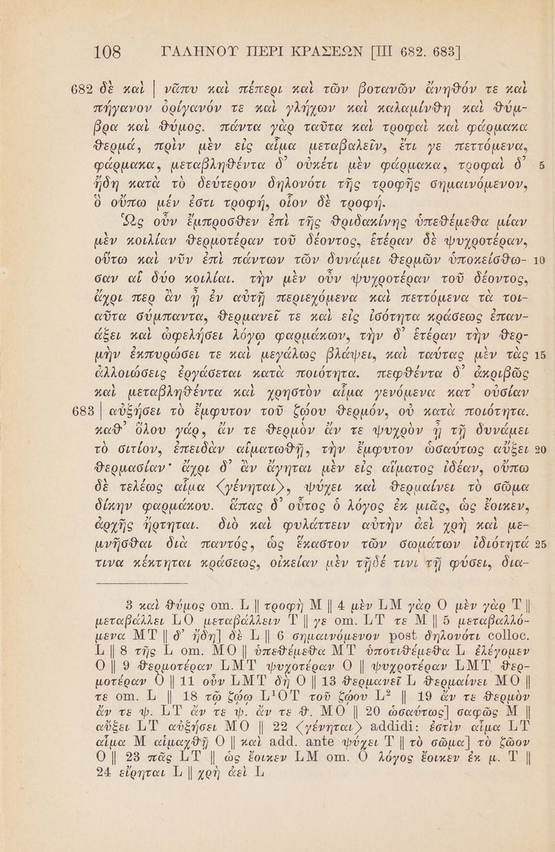 105 ΤΑΛΗΝΟΥ ΠΕΡΙ ΚΡΑΣΕΞΝ [ΠΠ 68ο. 685] / 2 / / λ / Ν / λ / πτγανον ὀρίγανόν τε καὶ γλήχων καὶ παλαμίνθη και δυμ- βρα καὶ Βύμος. πάντα γὰρ ταῦτα καὶ τροφαὶ καὶ φάρμακα θερμά, πρὶν μὲν εἰς αἷμα μεταβαλεῖν, ἔτι γε πεττόµενα, ἤδη. κατὰ τὸ δεύτερον δηλονότι τῆς τροφῆς σημαινόμενον. Ὁ οὕπω μέν ἐστι τροφή. οἷον δὲ τροφή. κος οὖν ἔμπροσθεν ἐπὶ τῆς Βριδακίνής ὑπεθέμεθα μίαν μὲν ποιλίαν Θερμοτέραν τοῦ δέοντος, ἑτέραν δὲ ψυχροτέραν. οὕτω καὶ νῦν ἐπὶ πάντων τῶν δυνάμει νεομῶν ὑποκείσθο- σαν αἱ δύο κοιλίαι. τὴν μὲν οὖν ψυχροτέραν τοῦ δέοντος» ὄχροι περ ἂν ᾖ ἐν αὐτῇ περιεχόμενα παὶ πεττόµενα τὰ τοι- αὔτα σύμπαντα, Θερμανεῖ τε καὶ εἰς ἰδότητα πράσεως ἐπαν- / λ 2 / / ΄ Ν 5 1ο. κ λ ἄξει καὶ ὠφελήσει λόγω φαρμάκων, τὴν δ' ἑτέραν τὴν 8ερ- μὴν ἐκπυρώσει τε καὶ µεγάλως βλάψει, καὶ ταύτας μὲν τὰς 5) ζ 2 / Δ / / ο» ων ἀλλοιώσεις ἑργάσεται πατὰ ποιότητα. πεφῬέντα ὃδ' ἀπριβῶς ναὶ µεταβληθέντα παὶ χρηστὺὸν αἷμα γενόµενα κατ οὐσίαν καθ᾽ ὕλου γάρ, ἄν τε Θερμὸν ἄν τε ψυχρὸν ᾖ τῇ δυνάμει τὸ σιτίον, ἐπειδὰν αἱματωθῇῃ, τὴν ἔμφυτον ὡσαύτως αὔξει θερμασίαν ' ὄχρι δ) ἂν ἄγηται μὲν δές αἵματος ἰδέαν, οὕπω δὲ τελέως αἷμα «γένηταιρ» Ψύχει καὶ θερμαίνει τὸ σῶμα δύκην φαρμάκου. ἅπας ὃ᾽ οὗτος ὃ λόγος ἐν μιᾶς, ὧς ἔοιπεν, κ) μ. / ἀρχῆς Ώρτηται. διὸ καὶ φυλάττεν αὐτὴν ἀεὶ χρὴ καὶ µε- μνῆσθαι διὰ παντός, ὥς ἕκαστον τῶν σωμότων ἰδιότητά τινα πέκτηται πράσεως, οἰπείαν μὲν τῇδέ τινι τῇ φύσει, δια- 8 καὶ Φύμος οπα. 1 | τροφὴ Μ | 4 μὲν Τι Μ γὰρ 0 μὲν γὰρ Τ| μεταβάλλει 10 μεταβάλλειν Τ Ίγεοπ.ΏΈ τε Μ|ὅ μεταβαλλό- µενα ΜΤ | ὃ' ἤδη] δὲ Τι | 6 σημαινόμενον Ῥοβί δηλονότι οο]]οο. Ὦ] 8 τῆς Ιι οι. Μ0Ο | ὑπεθδέμεδα ΜἘ ὑποτιθέμεθα Τι ἐλέγομεν ο 9 9ε µοτέραν ΤιΜ Τ φυχοτέραν 0 | φΦυχροτέραν ΤΜ Τ 9ερ- τε ΟΠΗ. Ἰ | 18 τῷ ζώωῳω μΤΟΤ τοῦ ζώου 13 | 19 ἄν τε σεν ἄν τε ψ. ΤΕ ὄν τε ψ. ἄν τε 9. ΜΟ | 20 ὡσαύτως]. σαφῶς Μ Ι αὔξει ΙΤ αὐξήσει ΜΟ | 22 «γένηται) εἀαταΙ: ἐστὶν αἷμα ηλ α. Μ αἱμαχθῇ ο ] καὶ αάά. απίο φύχει Τ | τὸ σῶμα] τὸ ζῶον Ο | ϱ5 πᾶς ΙΤ | ὡς ἔοικεν ΠΜ οτι. 0 Λόγος ἔοικεν ἐκ µ. Τ | 24 εἰρηται Ἱι [ χρὴ ἀεὶ Ἱ 99 ---