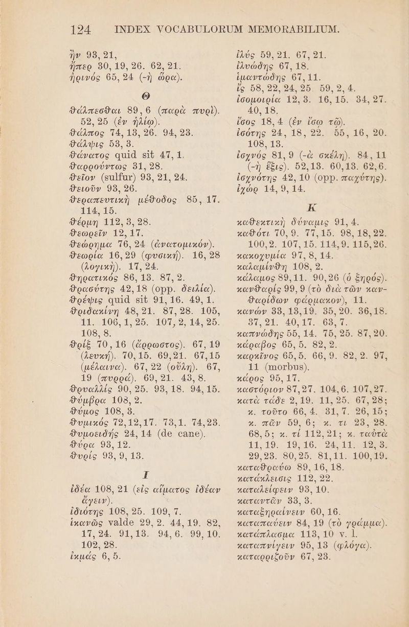 ἣν 98.91, ἤπερ 90, 19.96. 69,91. ἠρινός 656, 24 (-ἠ ὥρα). Θ Φάλπεσθαι 89, 6 (παρὰ πυρὶ). 69, 2ὔ (ἐν ἡλίῳ). θάλπος Τὰ. 18, 98. 94, 98. Ὀἄλψις ὅδ, ὃ. Φάνατος απιᾶ ειν 4Π. 1. Δαρρούντως 81. 28. Φεἴον (εαατ) 989, 01. 24. Φειοῦν 98, 20. Φεραπευτικὴ μέθοδος 85ῦ, 1π. 114, 15. Φέρμη 119, ὃ, 28. Φεωρεῖν 19, 1π. θεώρημα Ίθ. 24 (ἀνατομικόν). Φεωρία 16.29 (φυσική). 16, 28 (λογική). απ, 24. Φηρατικός 86. 18. 8τ, 2. Φρασύτης 42,18 (ορρ. δειλία). θρέψις απιά αν 91.16. 49,1. Ώριδακίνη 48.21. 83,28. 105, 11. 106,1, 95. 101, 5, 14, 36. 108, 8. Φρίξ τθ, 16 (ἄρρωστος). 61.19 ᾿ἄευκή). το, 18. 69,91. 67156 (µέλαινα). 63, 22 (οὔλη). ϐ6τ, 19 (πυρρά). 69. 91. 45, 8. θρυαλλίς 90, 96. 98. 18. 94, 16. Φύμβρα 108, 9. Φύμος 108, 8. ἀυμικός τ9.19.17. πὸδ.1. Τ4.328. Φυμοειδής 94, 14 (46 οαπθ). Φύρα 98, 19. Φυρίς 98. 9, 18. η ἰδέα 108, 91 (εἰς αἵματος ἰδέαν ὤγειν). ἰδιότης 108. 25. 109. Τ. ἱκανῶς να]άο 29.2. 44.19. 89. 1π. 34. 91.18. 94.6. 99, 10. 109, 98. ἵκμάς ϐ, δ. ἑλός 69. 91. 6, 51. ἰλυώδης 6Τ, 18. ἱμαντώδης 61, 11. ἴς ὅ8, 92,94, 96. 9, 5, 4. ἱσομοιρία 19.8. 16.15. 54. 2πΤ.. 40, 19. ἴσος 18.4 (ἐν ἴσω τῷ). ἱσότης 94. 18. 29. ὅδ, 16. 90. 108. 18, ἰσχνός 81, 9 (-ὰ σκέλη). 84. 11 (-ἡ ἕξις). 65.19. 60.18. 62.6. σχνότης 43, 10 (οΏΡ. παχύτης). χώρ 14. 9, 14. κ καθ εκτικὴ δύναµις 91. 4. καθότι το, 9. Ττ, 15. 98, 18. 99. 100,9. 101, 16. 114,9. 116,36. κακοχυµία 91. 8. 14. κπαλαμίνθη 108. 9. κάλαμος 89.11. 90,26 (ὁ ξηρός). κανθαρίς 99. 9 (τὸ διὰ τῶν καν- Φαρίδων φάρμακον), 11. κανών 88, 19.19. 35, 90. 96.18. 41.91. 40,11. 68. ΤΠ. καπνώδης ὅδ. 14. πδ, οὔ. 8τ. 20. κάραβος 6, δ. 89, 9. καρκῖνος 65,5. 66. 9. 85ο, 2. ὁτ, 11 (πιοτρβ). κάρος 96, 17. παστόριον 87,27. 1046. 101.21. κατὰ τάδε 2.19. 11. 25. 61.28: κ. τοῦτο 66.4. 51. Τ. 26. 15: αι. πᾶὸν ὃς δεν. πι ος οδι 68, ὅ: κ. τί 112.91: κ. ταὐτὰ 11:19. 19.16. 34.11. 189. 99.98. 80,95. 81.11. 100,19. παταθραύω 989. 16. 18. πατάκλεισις 119.929. παταλείφειν 98, 10. καταντᾶν 98. ὃ. παταξηραίνειν 60, 16. παταπαύειν 84, 19 (τὸ γρώμμα). πατάπλασμα 1189, 10 ν. |. καταπνίγειν 96, 18 (φλόγα). καταρριζοῦν θτ, 28. 2 [ 2 '