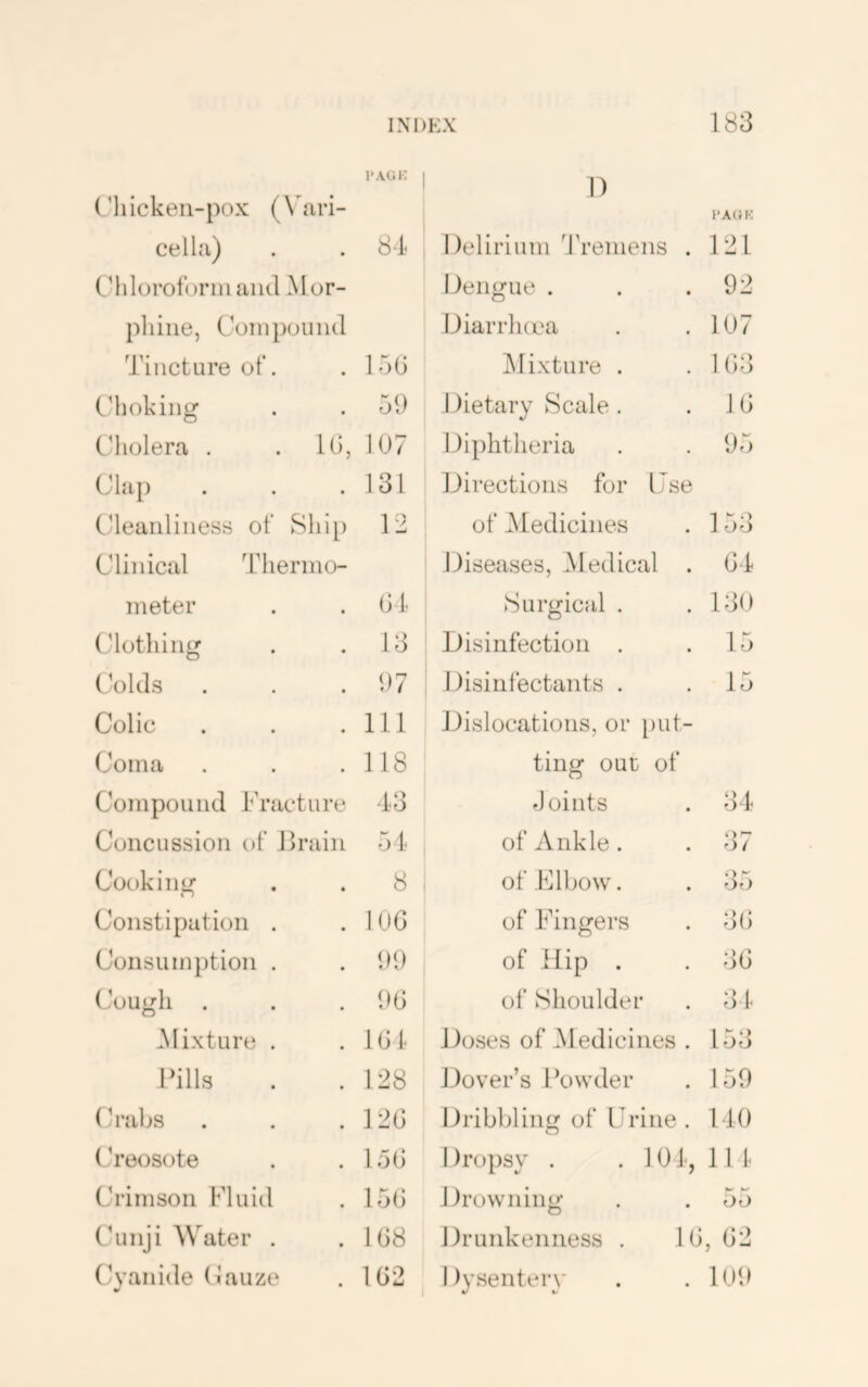 C'hickeii-pox (\ ari- cella) CMiloroformaiul Mor- phine, Coni[)oinul Tincture ot*. C'iioking Cholera . . IG, Clap Cleanlinesri of Ship Clinical Thernio- ineter Clothing Colds Colic Coma CoTiipound Fracture Concussion of Frain Cooking INDEX 183 I’AUK 1) l“A(iK 8-f Delirium 'rremens . 121 Dengue . 92 Diarrluea 107 15G IMixture . 1 GG 5G Dietary Scale . JG 107 Diphtheria G5 131 Directions for I7se 12 of ^ledicines 15G Diseases, Medical . Gl Gl Surgical . IGO IG Disinfection . 15 G7 Disinfectants . 15 111 Dislocations, or put- 118 ting out of GG doints Gl 51 of Ankle. G7 8 of Flbow. G5 Constipation . . lOG Consumption . . Gl) Cough . . . GG Mixture . . IGL Fills . . 128 Crabs . . . ] 2G of Fingers . oG of flip . . GG of Shoulder . G 1 Jloses of Medicines . 15G J.lover’s Powder . 159 Dribbliii of Crine . 110 Ch’eosote . 1;3G Crimson Fluid . 15G Cunji Water . . 1G8 Cyanide Cauze . 1G2 I Iropsy . . 101', 11 1 llrowning . . 55 Drunkenness . IG, G2 Dysentery . . lUG