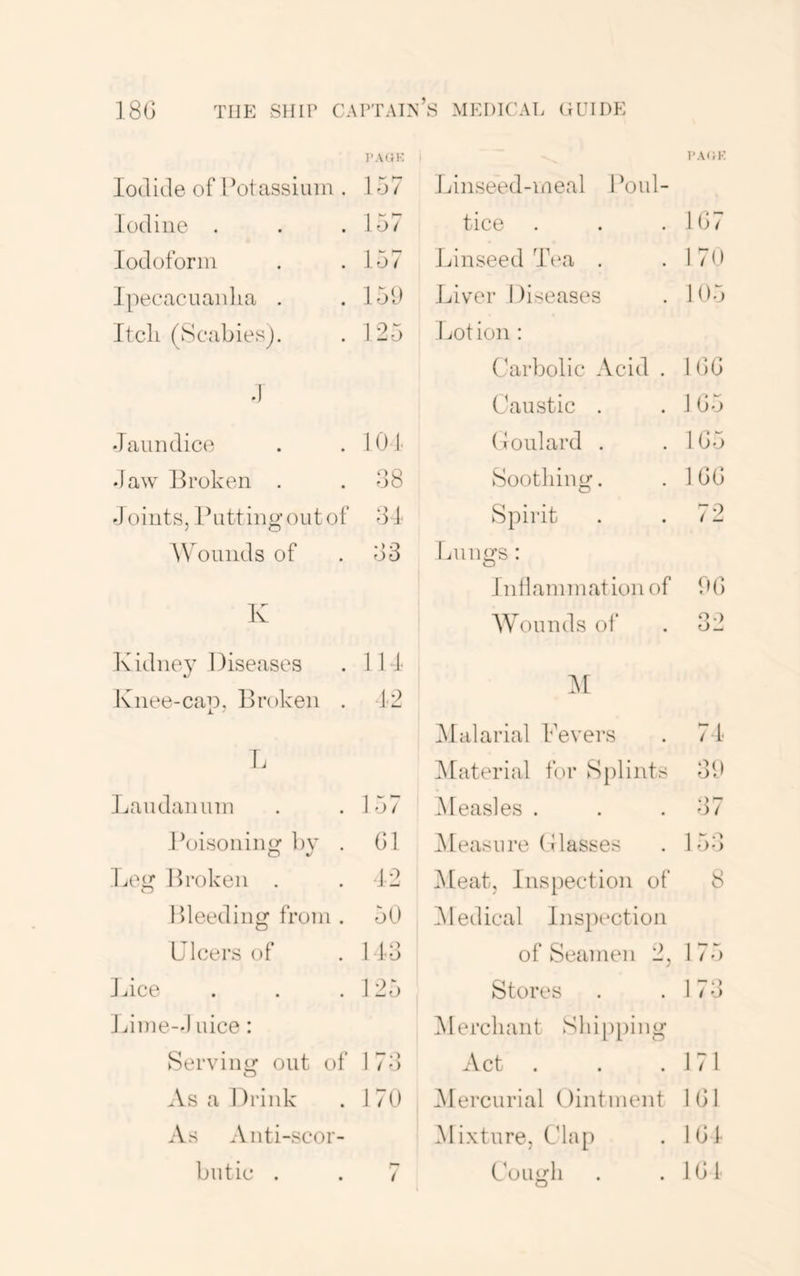 r.vtiK I'AiiK Iodide of Potassium . 157 Linseed-meal Poul- Iodine . 157 tice 107 Iodoform 157 Linseed Tea . 170 Ipecacuanlia . 151) Liver 1 )iseases 105 Itcli (Scabiesj. 125 liOtion : Carbolic Acid . 100 .) Caustic . 105 •laundice 101 Coulard . 105 •law Broken . 58 Soothing. 100 J oints, Pnttin O’ out of ;3i Spirit 72 A\^ounds of 53 Lungs: lidlammation of 00 1C Wounds of 32 Kidney Diseases Knee-cap, Broken . IM 12 L dlalarial Fevers 71 ^Material for Sjilints 30 Landanum 157 Measles . 37 Poisoniim bv . o 01 ^Measure Classes 153 Leo* Broken . Cj 12 IMeat, Inspection of 8 1 deeding from . 50 dledical Ins})ection Dicers of 113 of Seamen 2, 175 Idee 125 Stores 173 Jiime-1 uice: dlercliant Slu[)[)ing Serving out of I 73 Act 171 As a Drink 170 dlercurial Ointment 101 As Anti-scor- Mixture, Clap 101 / i