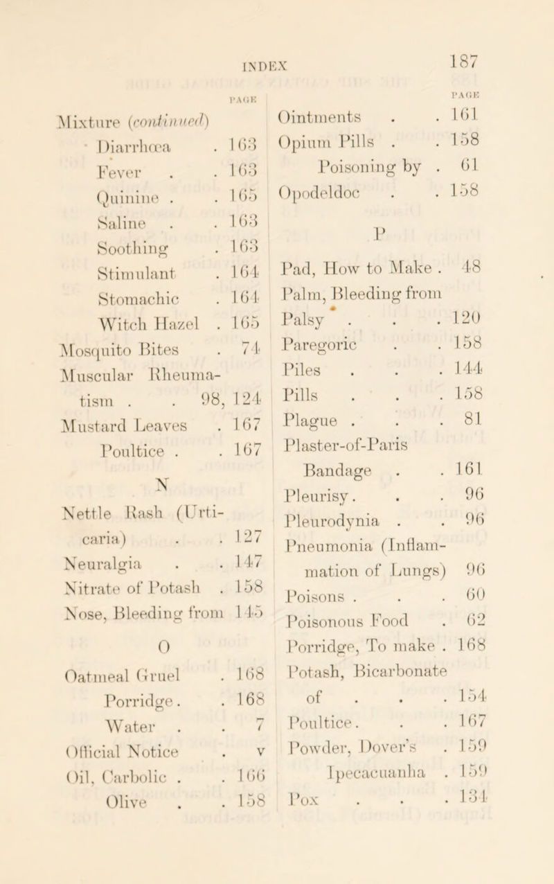 I'AiiK TACK Mixture {coni i it art f) ointments Kil ’ 1 )i;irrli(r.'i Kid Opium Pills . 1d8 • Kev(‘r Kid Poisoning by . (il (^)uliilne . 1 (id 0[)odeldoc 158 Saline Kid P Soothing 1 (id Stinuilant 1 (i t idad, How to Make . t8 Stomachic KJt Palm, Hleeding from Witch Hazel . 1 (id J daisy 120 Mos(juito Hites 7t Paregoric 158 Muscular Rheuma- Piles 14‘1< tism . . h8, 1 24 Pills 158 Mustard Heaves Ki7 Jhagiie . 81 Poultice . 1G7 J4aster-of-Paris \ Handage 161 Pleurisy. 06 Nettle Rash (Urti- Pleurodynia . 06 caria) 1 2/ Pneumonia (Intlam- Neuralgia 147 mation of Hungs) 0(i Nitrate ot Potash 158 i’oisons . 60 Nose, JMeeding from 1 Id Poisonous Food (i2 (') Porridge, To make . 168 Oatmeal Uruel Ki8 Rotash, Ibcarbonate Porridge. 168 of . . . 154 Whiter / Poultice. 167 ()flicial Notice V Powder, Dover's 1 50 Oil, (Vrbolic . Ki(i Ipecacuanha . 150 Olive IdS 1 k)X 1 d f