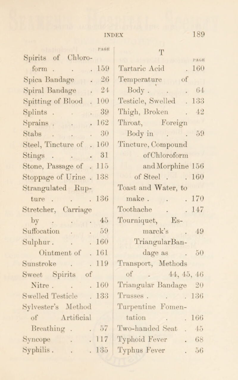 I’AUK Spirits of Chloro- form . 159 Spica Bandage 20 Spiral Bandage 24 Spitting of Blood . 100 Splints . 39 Sprains , 102 Stabs 30 Steel, Tincture of . 100 Stings . 31 Stone, Passage of . 115 Stoppage of Urine . 138 Strangulated Jlup- ture . 130 Stretcher, Carriage by 45 Suffocation 59 Sulphur . 100 Ointment of 101 Sunstroke 119 Sweet Spirits of Nitre . 100 Swelled Testicle 133 Sylvester’s Method of Artificial Breathing . 57 Syncope 117 Syphilis . 135 T PAtiK ^I’artnric Acid . IGO d'eiiiperature of Body . . . () I- Testicle, Swelled . 183 ddiigli, Broken . -1:^ ddii-oat, Foreign Body in . . 59 Tincture, Compound ofChloroforrn and Morphine 150 of Steel . .100 Toast and Water, to make . . .170 Toothaclie . .147 Tourni(|uet, Es- in arck’s . 49 TriangularBan- dage as . 50 Transport, Methods of . 44, 45, 40 Triangular Bandage 2t) Trusses . . . j3() Tur})entine Fomen- tation . . loo Two-handed Seat . 1.5 Typhoid Fever . 08 Typhus Fever . 50