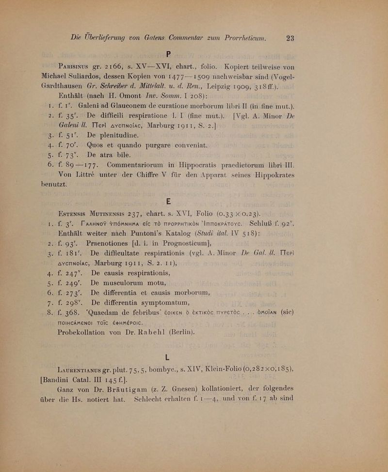 P Parısmus gr. 2166, s. XV—XVIJ, chart., folio. Kopiert teilweise von Michael Suliardos, dessen Kopien von 1477— 1509 nachweisbar sind (Vogel- Gardthausen Gr. Schreiber d. Mittelalt. u. d. Ren., Leipzig 1909, 318{f.). Enthält (nach H. Omont Inv. Somm. I 208): ı. f. 1. Galeni ad Glauconem de euratione morborum libri II in fine mut.). 2. f. 35°. De diffieili respiratione 1. I (fine mut.). |Vgl. A. Minor De Galeni Ü. TTepi avernofac, Marburg 1911, 8. 2.] 3. £. 51. De plenitudine. 4..f. 70°. Quos et quando purgare conveniat. 5. #73”, ‚De. atra'bile. 6. f. 89— 177. Commentariorum in Hippocratis praedietorum libri II. Von Littre unter der Chiffre V für den Apparat seines Hippokrates benutzt. E Estensıs MuTmensis 237, chart. s. XVI, Folio (0.33 x 0.23). 1..f. 3. FranHuno? YTIöMNHMA Eic TO TIPOPPHTIKÖN ImmorpArtoyc. Schluß f. 92”, Enthält weiter nach. Puntoni’s Katalog (Studi üal. IV 518): .2..f. 93‘. Praenotiones [d. i. in Prognosticum], 3. f. 181‘. De diffieultate respirationis (vgl. A. Minor De Gal. U. TTee) ayermnolac, Marburg ıg91 1, S. 2. ıı), v 4. f. 247‘. De causis respirationis, 5. f. 249°. De musculorum motu, 6. f. 273‘. De differentia et causis morborum, 7. f. 298. De differentia symptomatum, 8. f. 368. Quaedam de febribus’ &amp;oıken 5 EKTIKöc TIYPETÖC . ... ÖMOIAN (Sic) TIOIHCÄMENOI TOIC E®HMEPOIC. Probekollation von Dr. Rabehl (Berlin). E LAURENTIANDS gr. plut. 75,5, bombye., s. XIV, Klein- Dig IE 282x0,185), [Bandini Catal. IH 145 £.]. Ganz von Dr. Bräutigam (z. Z. Gnesen) kollationiert, der folgendes über «die Hs. notiert hat. Schleeht erhalten f. 1—4, und von f. ı7 ab sind