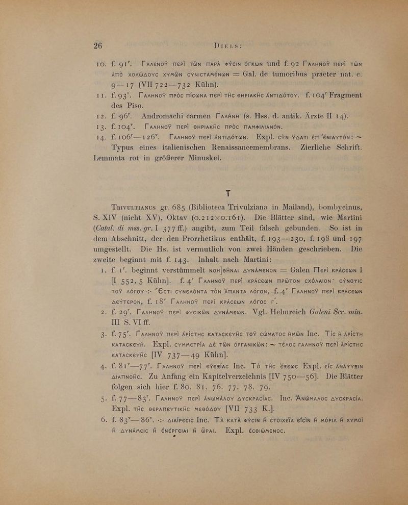 10. f. 91. Taneno? Trepi TÜÖN TIAPA oYcın Örkun und f.92 TAanHNo? Trepi TON ÄTIO XOAWAOYC XYMON CYNICTAMENON — Gal. de tumoribus praeter nat. ce. 9—17 (VI 722—732 Kühn). 11. f.93°. TAnHNno? TIPöC TIICcWwNA TIEP) TÄC EHPIAKÄC AnTIAa6ToY. f. 104 Fragment des Piso. | 12. f. 96. Andromachi carmen TaaunH (s. Hss. d. antik. Ärzte I 14). 13. f.104°. Tanuno? TIEPI EHPIAKÄC TIPÖC TTAMSIAIANÖN. 14. f.106— 126°. Tanuno? Trepl ÄNTIAÖOTWN. Expl. cYNn YaaTı Er 'ENIAYTON: — Typus eines italienischen Renaissancemembrans. Zierliche Schrift. Lemmata rot in größerer Minuskel. 7 Trivurrıanus gr. 685 (Biblioteca Trivulziana in Mailand), bombyeinus, S. XIV (nieht XV), Oktav (0.212x0.161). Die Blätter sind, wie Martini (Catal. di mss. gr. 1 377ff.) angibt, zum Teil falsch gebunden. So ist in dem Abschnitt, der den Prorrhetikus enthält, f. 193—230, f. 198 und 197 umgestellt. Die Hs. ist vermutlich von zwei Händen geschrieben. Die zweite beginnt mit f. 143. Inhalt nach Martini: 1. f. 1. beginnt verstümmelt nonleAnaı aynAmenon — Galen TTeri kpAcewn 1 I 552,5 Kühn]. f. 4 TAnHno? Trepl KPAcewn TIPÖTON CXÖnAION’ CYNOYIC TOP nÖrOY-:- ECTi CYNEAÖNTA TON ÄTIANTA AÖTON,-f..4 I AAHNOF TIEP) KPÄCEWN AeYTePon, f. 18° TAnHNoPF TIEPI KPÄCEWN AÖTOC FT. 2. f. 29°. TanHno? Trep) sYcıkön aynAMmeuon. Vgl. Helmreich Galeni Ser. min. 117 S. VI#: 3. £.75. TanHno? Trepl ÄPICTHC KATACKEYÄC TO? CWMAToC Hm@n Inc. Tic H APICTH KATACKEYH. Expl. cymMmeTPpia A&amp; TON ÖPFANIKÖN:! — TEAOC FAAHNOF TIEPI APICTHC KAaTackevAc [IV 737—49 Kühn]. 4. f. 8177. TanunoY Trepl eyYezlac Inc. To TAc Ezewc Expl. eic AnArvEın aarınofc. Zu Anfang ein Kapitelverzeichnis [IV 75056]. Die Blätter folgen sich hier f. 80. 81. 76. 77. 78.70. 5. f. 77— 83. TanHno? Trepl AnwmAnoY AvckPaclac. Ime. AnWMmAnoc AYCKPACIA. Expl. TAc eerarteyrikic meeöaoy [VI 733 K.]. 6. f. 83”— 86”. »:: aralpecıc Inc. TA KATA oycın A cToIxela eicin A mörın H xymoi N H AYNAMmeIc AH ENErpreliaı A WPAl. Expl. ECOIWMENOC. ® “
