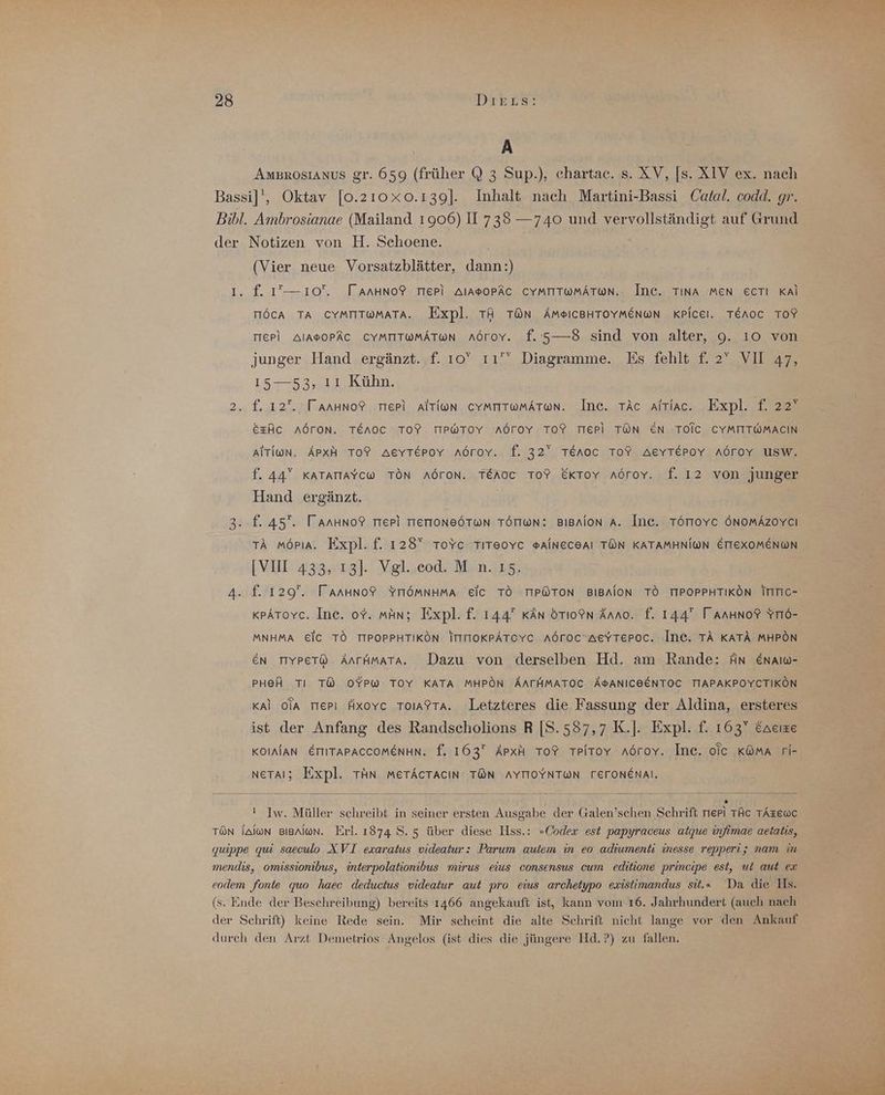 A AmBrosIAnus gr. 659 (früher @ 3 Sup.), chartac. s. XV, [s. XIV ex. nach Bassi]', Oktav [0.210x0.139]. Inhalt nach Martini-Bassi Catal. codd. gr. Bibl. Ambrosianae (Mailand 1906) 1 738 —740 und vervollständigt auf Grund der Notizen von H. Schoene. (Vier neue Vorsatzblätter, dann:) I. f. 1'— 10. TAanHNoP TIEPl AIAPOPÄC CYMITTWMATWN.. Inc. TINA MEN ECTI Kal TÖCA TA CYMIITWMATA. Expl. TA TON ÄMSICBHTOYMENWN KPicei. TEAOC TOY TIEPl AIABOPAC CYMTITWMÄTWN AöroY. f.5—8 sind von alter, 9. 10 von junger Hand ergänzt. f. 10” ı1'“ Diagramme. Es fehlt f. 2” VII 47, 15—53, ıI Kühn. 2. f. 12. TanHno? Tepl AlTIon cYMMTwMATaon. Inc. TÄc aitiac. Expl. f. 22” EzÄC AöroN. TEROC TO? TIPWTOY AOTOY TOY TIEPI TÜN EN TOIC CYMITTWMACIN AlTIwN. APXH TOP AEYTEeProY AöroY. f. 32 TEnOC TOY AEYTEPOY AÖTOY USW. f. 44” KATATTAYCw TON AÖroN. TEAoc TO? EKToy aöroyY. f. 12 von junger Hand ergänzt. 3. f. 45. TanHno? TIePi TIETTONSÖTWN TÖTIWN! BIBAION A. Inc. TÖTTOYCc ÖNOMAZoYCı TA mörıa. Expl. f. 128° ToYc TITeovc »AlnecoAl TÖN KATAMHNIWN ETTEXOMENWN [VIEH 433,23]. Vgl..eod. Miun.25. 4- f. 129. FanunoY YTTömnHMA eic TO TIP@TON BIBAION TO TIPOPPHTIKÖN ITITIO- KpAtovc. Inc. oY. mun; Expl. f. 144 KAn ÖTIo®n Anno. f. 144 TAanHnoY Yrrö- MNHMA EIC TO TIPOPPHTIKON ITITIOKPÄTOYC AÖFOC AeYTEPoc. Inc. TÄ KATÄ MHPON EN TIYPET® AnrhMmara. Dazu von derselben Hd. am Rande: An Enamw- PHeÄA TI TO OYPw TOY KATA MHPON ÄATHMATOC AGANICBENTOC TIAPAKPOYCTIKÖN Kal ola Trepi Hxovc ToIAFTA. Letzteres die Fassung der Aldina, ersteres ist der Anfang des Randscholions R [S. 587,7 K.]. Expl. f. 163” Eacıze KOINIAN ETTITAPACCOMENHN. f. 163 Apxt TO? TPiItoY AaöroyY. Inc. oic Koma ri- NETAI; AuSPR THN METÄCTACIN TON AYTIOYNTWN TETONENAI. » ! IJw. Müller schreibt in seiner ersten Ausgabe der Galen’schen Schrift riepi TAc TAzewc TON iAlon Bienlon. Erl. 1874 S. 5 über diese Hss.: »Oodex est papyraceus atque infimae aetatis, quippe qui saeculo XVI exaratus videatur: Parum autem in eo adiumenti inesse repperiz; nam in mendis, omissionibus, interpolationibus mirus eius consensus cum editione principe est, ul aut ex eodem fonte quo haec deductus videatur aut pro eius archetypo existimandus siü.« Da die Hs. (s. Ende der Beschreibung) bereits 1466 angekauft ist, kann vom 16. Jahrhundert (auch nach der Schrift) keine Rede sein. Mir scheint die alte Schrift nicht lange vor den Ankauf durch den Arzt Demetrios Angelos (ist dies die jüngere Hd.?) zu fallen. .