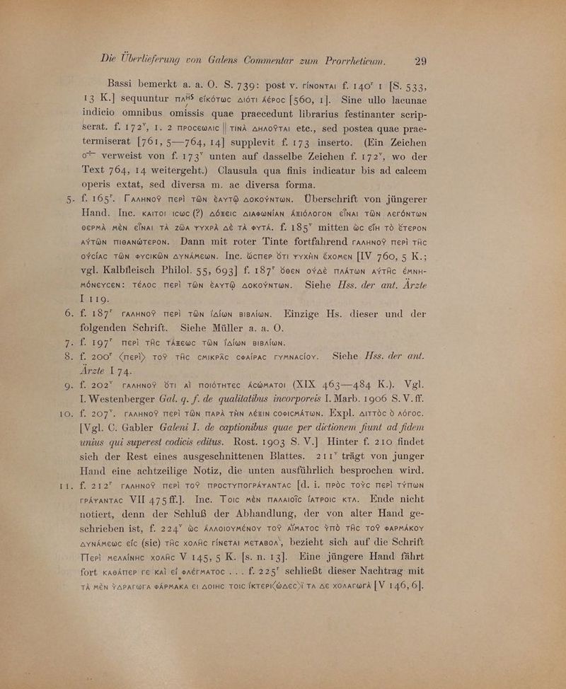 ei 10. 1 Die Überlieferung von Galens Commentar zum Prorrhetieum. 29 Bassi bemerkt a. a. 0. S. 739: post v. rinontaı fl 140 ı [S. 533, 13 K.] sequuntur mans eiköTwc alörı Aepoc [560, ı]. Sine ullo lacunae indicio omnibus omissis quae praecedunt librarius festinanter scrip- serat. f. 172”, 1. 2 nrocewnıc || Tina AHnoFTAı ete., sed postea quae prae- termiserat [761, 5—764, 14] supplevit f. 173 inserto. (Ein Zeichen 0° verweist von f. 173” unten auf dasselbe Zeichen f. 172°, wo der Text 764, ı4 weitergeht.) Clausula qua finis indicatur bis ad ealeem operis extat, sed diversa m. ac diversa forma. f. 165. TanHno® TIepl TON EAYT® AoKoYnton. Überschrift von jüngerer Hand. Ine. kaıtoı ıcwe (?) Aözeic AIABWNIAN ÄZIÖNOTON EINAI TÜÖN AEFÖNTW@N BEPMÄ MEN EINAI TA ZWA YYXPA A&amp; TA @YTA. f. 185 mitten wc eiHh TO Ereron AYTON TIIEANWTEPON. Dann mit roter Tinte fortfahrend rarHno? Treri TÄc oYciac TÖN eYCiKÖN AYNAmewn. Inc. Öcter örı vYxfin &amp;xomen [IV 760, 5 K.; vgl. Kalbfleisch Philol. 55, 693] f. 187 öeen oYa&amp; TIAATWN AYTÄc EMmNH- MÖNEYcEN: TEAOC TIEPL TON EAYT® aokoyntun. Siehe ss. der ant. Ärzte I,EIG; f. 187° rAAHNo? TIepi TON lalon BiBnion. Einzige Hs. dieser und der folgenden Schrift. Siehe Müller a. a. O. 4 l l f. 197 mer) TAc TAzewc TON TAluNn BIBAIWN. f. 200 (merly ToF% TAc cmıkpAc coAlpac rymnaciov. Siehe Hss. der ant. Ärzte 174. f. 202° rannuno? Örı ai moiötHtec Acwmaroı (XIX 463—484 K.). Vgl. I. Westenberger Gal. q. f. de qualitatibus incorporeis I. Marb. 1906 S.V.ff. f. 207‘. TAAHNO? TIEPI TON TTAPA THN AEEIN COSICMAT@N. Fxpl. AITTOC d aöroc. [Vgl. ©. Gabler Galeni I. de captionibus quae per dictionem fiunt ad fiden unius qui superest codieis editus. Rost. 1903 S. V.] Hinter f. 210 findet sich der Rest eines ausgeschnittenen Blattes. 2ı1' trägt von junger Hand eine achtzeilige Notiz, die unten ausführlich besprochen wird. f. 212 TAAHNoP TIePi TO? TIPOCTYTIOrPÄYANTAC [d. i. TIPöC ToYc TIep) TYTIWN rpAvantac VII 475ff.]. Inc. Toıc men manaıofc Tarpoıc KTa. Ende nicht notiert, denn der Schluß der Abhandlung, der von alter Hand ge- schrieben ist, f. 224° &amp;c ÄnnoıoyMmenoy TO? AIMATOoC YTIö TÄC TOY ©APMAKOY aynAmeoc elc (sie) TAc xonAc rineraı meranon, bezieht sich auf die Schrift TTepi merainHne xoaAc V 145,5 K. |s. n. 13]. Eine jüngere Hand fährt fort KasArrep re Kal ei enermatoc.... f. 225 schließt dieser Nachtrag mit TÄ MEN YAPATWTA SÄPMAKA EI AOIHC TOIC IKTEPKWAECYI TA Ae xonAarwrA [V 146,6].