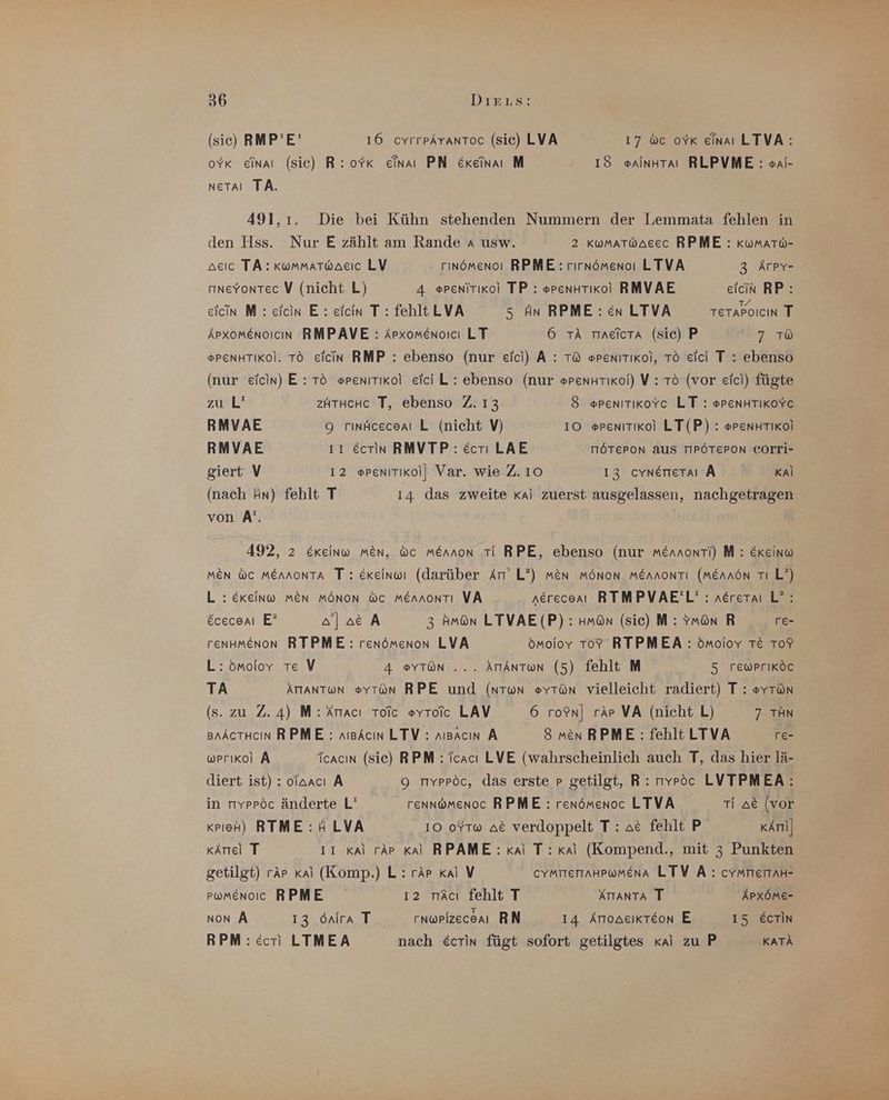 (sic) RMP'E' 16 cyrrpAvanToc (sie) LVA 17 &amp;c oyK einaı LTVA: oYk einaı (sic) R:ovk einaı PN Ereinaı M 18 #AainHtaı RLPVME: »Ai- neTAaı TA. 491,1. Die bei Kühn stehenden Nummern der Lemmata fehlen in den Hss. Nur E zählt am Rande A usw. 2 kwmatwaeec RPME : Kkwmato- acıc TA: Kwmmatwaecıc LV rınömenoı RPME : rırnömenoı LTVA 3 ÄFPY- mnevontec V (nicht L) 4 »renitikoi TP : epenHTiKkoi RMVAE eicin RP: eicin M:: eicin E: eicin T : fehlt LVA 5 An RPME: en LTVA TETAPOICIN T Apxomenoicın RMPAVE : Arxomenoıcı LTD 6 TA meicra (sie) P 7 To ®PENHTIKOI. TO eicin RMP : ebenso (nur eich) A : T® »renitikol, TO eici T : ebenso (nur eicin) E: Tö erenıtiKoi elciL: ebenso (nur #renHrikoi) V : TO (vor eich) fügte zu L’ zutuche T, ebenso Z. 13 8 »rpenitikoYc LT : PenHTIKoYc RMVAE 9 rınaceceai L (nicht V) 10 erenıtıkol LT(P) : erenHTiKoi RMVAE 11 Ecrin RMVTP: &amp;crı LAE MÖTEPON AUS TIPÖTEPON COLTI- giert V 12 »renitikol| Var. wie Z. 10 13 cynenera A KAl (nach An) fehlt T 14 das zweite kai zuerst ausgelassen, nachgetragen von A'. 492, 2 Ekeinw men, wc Mennon TI RPE, ebenso (nur mennonti) M : Ereinw MEN WC MEnnONTA T : Eereinwı (darüber Art L?) men Mönon MEnnoNTI (MEAnöN TI L?) L : Ekeinw men MöNoN wc MEnnoNnTı VA nerecean RTMPVAE'L’: nerera L?: &amp;ceceni E* a] ae A 3 Hmön LTVAE(P): Hmön (sic) M: ymon R re- renHMenon RTPME : renömenon LVA ömolovy TO? RTPMEA : ömoioy TE To? L: ömoloy re V 4 ®YTON ... ÄTTANTwN (5) fehlt M 5 TEWPFIKÖC TA ÄTTANTON oYTön RPE und (ntun evran vielleicht radiert) T : eyTün (s. zu 2.4) M: Anacı Toic eyroic LAV 6 ro®n] rär VA (nicht L) 7 TAN snActHkcın RPME : nıeAcın LTV : nısacın A 8 men RPME: fehlt LTVA re- wrrıkoi A Tcacın (sie) RPM : icacı LVE (wahrscheinlich auch T, das hier lä- diert ist) : olaacı A 9 rıyppöc, das erste p getilgt, R: myröc LVTPMEA: in rıypröc änderte L’ renn@menoc RPME : renömenoc LTVA Ti ae (vor krıeh) RTME: A LVA 10 oYrw a&amp; verdoppelt T: ae fehlt P KAm] Karel T ıı Kal rApr Kal RPAME: Ka) T: Kal (Kompend., mit 3 Punkten getilgt) rär Kal (Komp.) L: räp kai V CYMTIETTAHPWMENA LTV A: cYMmretaH- pamenoic RPME ı2 rmAcı fehlt T ÄTTANTA T ÄPXÖME- non A 13 önira T rnwPizeceaı RN 14 AmoaeıKteon E 15 EcTin RPM: ccrı LTMEA nach £Ecrin fügt sofort getilgtes kai zu P KATÄ