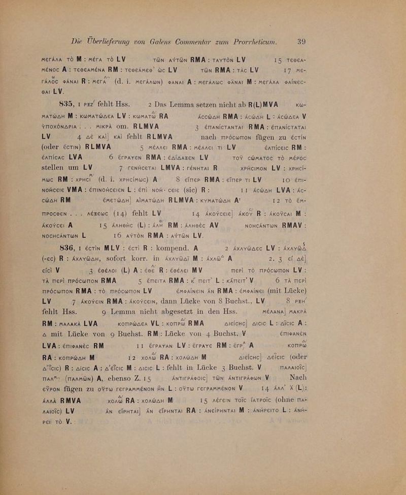 MerAna TOM: mera TO LV TÖn AYTÖn RMA: Tayton LV 15 TeseA- MEnoc A: Teeeamena RM: TeeeAmeo ac LV Ton RMA: Tic LV 17 -Me- 4 wo 4 ce L. 1 rAnoc »AnAaı R: mera (d. i. Meränwn) vanal A: MerAnwc ®AnAı M : MerAna WAlnec- or LV. 835, ı pzz fehlt Hss. 2 Das Lemma setzen nicht ab R(L)MVA Kw- MATDaH M : kumatwaca LV : kwmatw RA AccwaH RMA: AcwaH L : Acwaca V YITOxÖNAPIA.... . MiKPA Om. RLMVA 3 EmAnictantal RMA : Ertanictatal LV 4 a&amp; «all Kal fehlt RLMVA nach rröcuron fügen zu Ecrin (oder &amp;crın) RLMVA 5 Mmenneı RMA : merneı tı LV entmticeic RM: ennicac LVA 6 Erpaven RMA : &amp;aiaazen LV TO? CWMATOC TO MEPOC stellen um LV 7 renäceraı LMVA: renHtaı R xpAcımon LV : xPHci- M/ . N 27 7 u Mmwuc RM : xpucı (d. i. xPpHcimwc) A 8 eimer RMA: einer rı LV 1O Eni- nofnceie VMA : Erminofceien L : &amp;mi noA- ceie (sie) R: 11 AcwaH LVA: Ac- : coAaH RM EMETWAH| AIMATWAH RLMVA : Kkrmatoan A’ t2rn [0% M- pi A| D 4 &amp; EI n TIPOCeEN . . . nezewc (14) fehlt LV 14 Akoyceıe]l Akov R : Akoscaı M : 4 / 4 \ J 0 =) x j] Akoyceı A 15 Ännehc (L):AnH RM: Annecc AV NOHCANTWN RMAV: NOCHCANTON L 16 aytön RMA : aytön LV. © pP! x MN N 3 nn P} nn 5 836, ı Ecrin MLV : ecri R: kompend. A 2 Axnyßaec LV : AxıyQa (-ec) R : AxavöanH, sofort korr. in Axavöai M : Äxno” A 2.3 el.all eici V 3 £eenoı (L) A: &amp;ee R: &amp;ocncı MV mepl TO mPöcumon LV: TA rel TIPöcwrIıon RMA 5 &amp;rreıta RMA:K net’ L: KÄreıt’ V 6 TÄ rer) mröcwrıon RMA : To rrröcwrıon LV Emsalnein An RMA : emerineı (mit Lücke) LV 7 ÄAkoyeın RMA : Akoyceın, dann Lücke von S Buchst., LV 8 PzH fehlt Hss. 9 Lemma nicht abgesetzt in den Hss. MENANA| MAKPA A/ RM : manari LVA koripwaeA VL: Konpw RMA aıeiche] aıcıce L: alcıc A: Aa mit Lücke von, 9 Buchst. RM: Lücke von 4 Buchst. V ETTIBANEN m * }; &amp;/ LVA: &amp;rrıvanec RM ı1ı erpayan LV : @rpave RM: erp” A KOTIPW RA: korpwaHr M 12 xorw RA: xornwan M reiche] aeicıc (oder artcıc) R: aicıc A: a’etcıcM: aıcıc L: fehlt in Lücke 3 Buchst. V TAAAIOIC| mann (tanmon) A, ebenso Z. 15 ÄNTIrPAGOIC]| TÖN ANTIrPAs@Nn V Nach efron fügen zu oYTw rerpammenon An L : 0YTw rerpammenon V 14 Ann AlL): Annk RMVA xonw RA : xonwaH M 15 nereın Toic Iarpoic (olıne Tra- anıoic) LV AN elpHtaı) An elpuntaı RA : Aneieuntaı M : Änhpeito L: Anh- peı TO V.