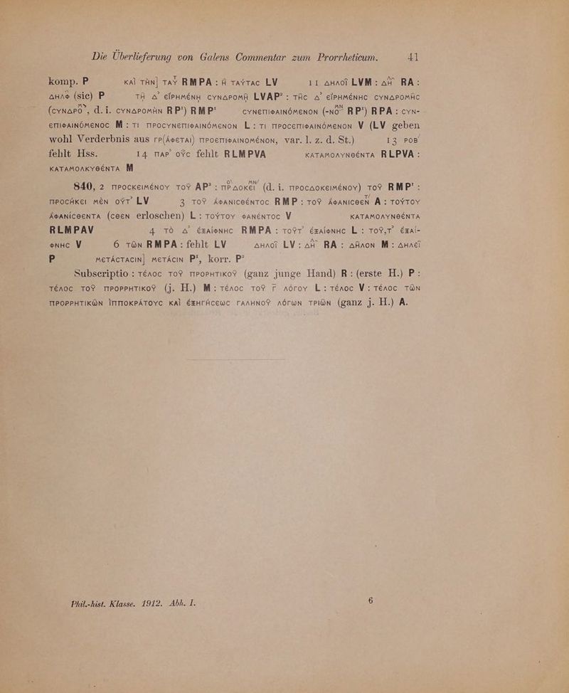 komp. P Kal Tan] Tay RMPA : A Taytac LV ı1 annoi LVM: AH RA: anne (sie) P TH a’ elpumenhn cvnaromA LVAP?: TAc A’ eipHmenhc cYNaromAc (cvnaro , d.i. cvnaromÄn RP’) RMP' cYnertioainömenon (-No RP’) RPA : cyn- ETTISAINÖMENOC M : TI TIPOCYNETTISAINÖMEenoN L: Tı rrPocettisamnömenon V (LV geben wohl Verderbnis aus rp(Averaı) rrPoersAamnomenon, var. 1. z. d. St.) 13 PoB' fehlt Hss. 14 mar ofc fehlt RLMPVA KATAMOAYNOENTA RLPVA : KATAMOAKYOENTA M ” ” o\ MN/ F 840, 2 mPockeimenov To? AP’: trpaoreı (d.i. rrPocaokeimenoy) To% RMP': MPOCHKEı Men oYr LV 3 To? Asanıceentoc RMP: To? ÄvAanıceeN A: ToYToY ÄSANIcBenTa (ceen erloschen) L: Toyroy sanentoc V KATAMONYNBENTA RLMPAV 4 T6O A Ezaiennc RMPA : TorrT’ Ezalonne L : T09,T° Ezai- enHc V 6 rön RMPA: fehlt LV annod LV:an RA: afnon M: Anne pP METACTACIN]| meTAcın P’, korr. P? Subseriptio : Treaoc To? TIPoPHTIıKo? (ganz junge Hand) R: (erste H.) P: Tenoc To? mPopreHTıko? (j. H.) M: Tenoc To? Tr nöroy L:Tenoc VW: Tenoc TÜN MIPOPPHTIKÖN ITTIOKPÄTOYC KAl EEHTHCEWC TAAHNO? AöruN TPION (ganz j. H.) A. Phil.-hist. Klasse. 1912. Abh. 1. 6
