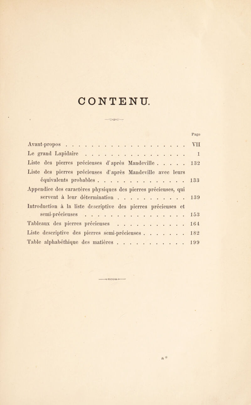 CONTENU. Page Avant-propos VII Le grand Lapidaire 1 Liste des pierres précieuses d’après Mandeville 132 Liste des pierres précieuses d’après Mandeville avec leurs équivalents probables 133 Appendice des caractères physiques des pierres précieuses, qui servent à leur détermination 139 Introduction à la liste descriptive des pierres précieuses et semi-précieuses 153 Tableaux des pierres précieuses 164 Liste descriptive des pierres semi-précieuses 182 Table alphabéthique des matières 199