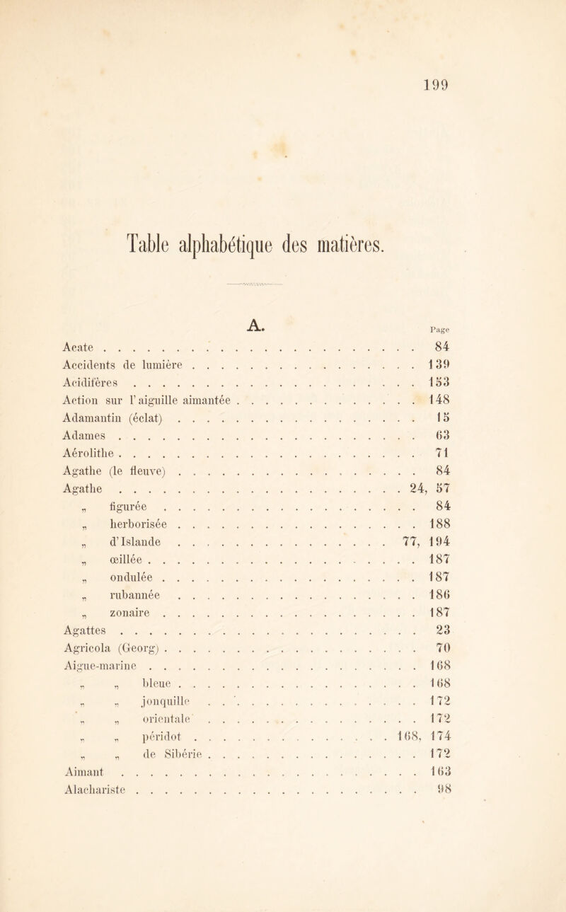 Table alphabétique des matières. '— - — A. Page Acate 84 Accidents de lumière 139 Acidifères 133 Action sur V aiguille aimantée 148 Adamantin (éclat) 13 Adames . 33 Aérolitlie 71 Agathe (le fleuve) . 84 Agathe 24, 37 „ figurée 84 „ herborisée 188 „ d’Islande 77, 194 „ œillée 187 „ ondulée 187 „ rub année 186 „ zonaire 187 Agattes 23 Agricola (Georg) 70 Aigue-marine 168 „ „ bleue 168 „ „ jonquille . . 172 ^ „ orientale 172 „ „ péridot . 168, 174 „ „ de Sibérie 172 Aimant 163 Alachariste 98