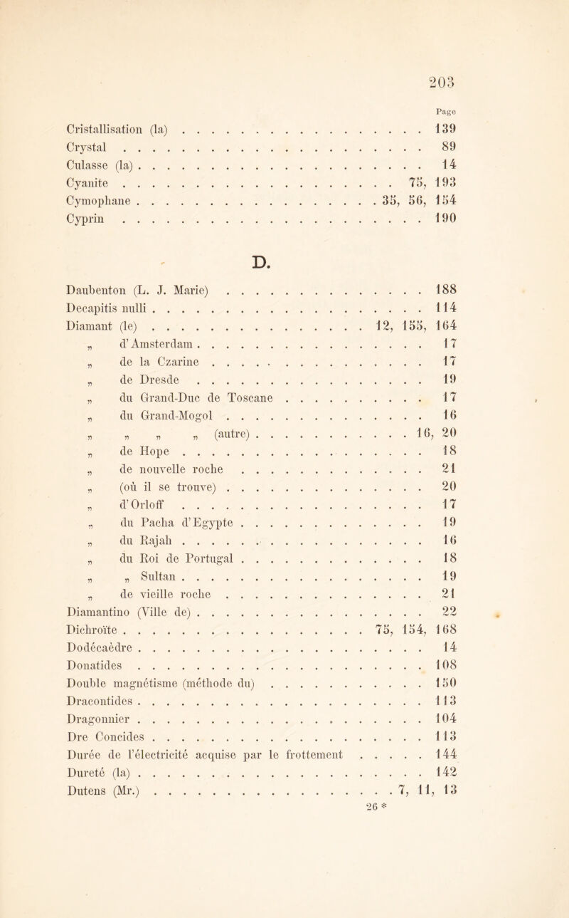 Page Cristallisation (la) 139 Crystal 89 Culasse (la) 14 Cyanite T 3, 193 Cymophane 33^ 36^ 134 Cyprin 190 D. Daubenton (L. J. Marie) 188 Decapitis nnlli 114 Diamant (le) 12^ 133, 164 „ d’Amsterdam 17 „ de la Czarine 17 „ de Dresde 19 „ du Grand-Duc de Toscane 17 „ du Grand-Mogol 16 „ „ „ „ (antre) 16, 20 „ de Hope 18 „ de nouvelle roche 21 „ (où il se trouve) 20 „ d’Orlotf 17 „ du Pacha d’Egypte 19 „ du Rajah 16 „ du Roi de Portugal 18 „ „ Sultan 19 „ de vieille roche 21 Diamantino (Ville de) 22 Dichroïte 73, 134, 168 Dodécaèdre 14 Donatides 108 Double magnétisme (méthode du) 130 Dracontides 113 Dragonnier » 104 Dre Concides 113 Durée de l’électricité acquise par le frottement 144 Dureté (la) 142 Dutens (Mr.) 7, Tl, 13 26 *