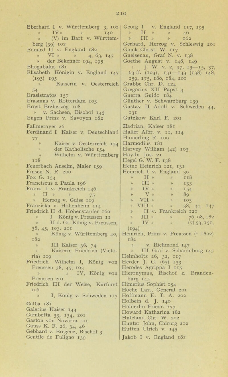 Eberhard I v. Württemberg 3, 102 i> IV» i> 140 » (V) im Bart v. Württem- berg (39) 102 Eduard II v. England 182 » VI » » 4, 63, 147 » der Bekenner 194, 195 Eliogabalus 181 Elisabeth Königin v. England 147 (193) 195 0 Kaiserin v. Oesterreich 54 Erasistratos 157 Erasmus v. Rotterdam 103 Ernst Erzherzog 108 » V. Sachsen, Bischof 145 Eugen Prinz v. Savoyen 182 Fallmerayer 26 Ferdinand I Kaiser v. Deutschland 77 0 Kaiser v. Oesterreich 154 •' der Katholische 154 // Wilhelm v. Württemberg 118 Feuerbach Anselm, Maler 159 Finsen N. R. 200 Fox G. 154 Franciscus a Paula 196 Franz I v. Frankreich 146 » II » » 75 » Herzog v. Guise 119 Franziska v. Hohenheim 114 Friedrich II d. Hohenstaufer 160 » I König V. Preussen 11 » II d. Gr. König v. Preussen, 38, 45, 103. 201 » König V. Württemberg 40, 182 » III Kaiser 36. 74 ;> Kaiserin Friedrich (Victo- ria) 109 Friedrich Wilhelm I, König von Preussen 38, 45, 103 i> » IV, König von Preussen 201 Friedrich III der Weise, Kurfürst 106 » I, König V. Schweden 117 Galba 181 Galerius Kaiser 144 Gambetta 33, 134, 201 Gaston von Navarra 101 Gauss K. F. 26, 34, 46 Gebhard v. Bregenz, Bischof 3 Gentile de Fuligno 139 Georg I V. England 117, 195 » II » 46 '> III w <> 162 Gerhard, Herzog v. Schleswig 201 Gluck Christ. W. 117 Gneisenau, Graf N. v. 138 Goethe August v. 148, 149 0 J. W. V. 2, 97, 13—15, 37, 63 ff. (103), 131—133 (138) 148, 159, 175, 180, 184, 201 Grabbe Chr. D. 124 Gregorius XII Papst 4 Guerra Guido 184 Günther v. Schwarzburg 139 Gustav II Adolf v. Schweden 44, 131 Gutzkow Karl F. 201 Hadrian, Kaiser 181 Haller Albr. v. ii, 114 Hamerling R. 109 Harmodius 181 Harvey William (42) 103 Haydn Jos. 21 Hegel G. W. F. 138 Heine Heinrich 121, 131 Heinrich I V. England 39 >> II » » 118 » III » » 133 » IV » » 154 V )> » 89 » VII » >% 103 VIII » i> 38, 44, » II V. Frankreich 120 » III 76, 98: » IV » (7) 53, (194) Heinrich, Prinz v. Preussen (f 1802) 182 » V. Richmond 147 » III Graf V. Schaumburg 145 Helmholtz 26, 32, 117 Herder j. G. (65) 133 Herodes Agrippa I 115 Hieronymus, Bischof z. Branden- burg 145 Himerius Sophist 154 Hoche Laz., General 201 Hoffmann E. T. A. 202 Holbein d. J. 140 Hölderlin Friedr. 177 Howard Katharina 182 Hufeland Chr. W. 202 Hunter John, Chirurg 202 Hutten Ulrich v. 145 Jakob I V. England 182