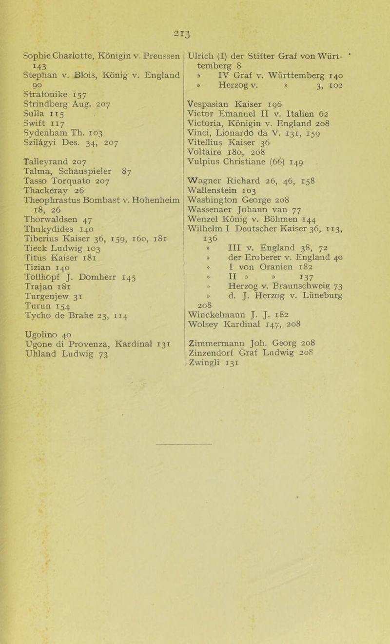 Sophie Charlotte, Königin v. Preussen 143 Stephan v. Blois, König v. England 90 Stratonike 157 Strindberg Aug. 207 Sulla 115 Swift 117 Sydenham Th. 103 Szilägyi Des. 34, 207 Talleyrand 207 Talma, Schauspieler 87 Tasso Torquato 207 Thackeray 26 Theophrastus Bombast v. 18, 26 Thorwaldsen 47 Thukydides 140 Tiberius Kaiser 36, 159, 160, 181 Tieck Ludwig 103 Titus Kaiser 181 Tizian 140 Tollhopf J. Domherr 145 Trajan 181 Turgenjew 31 Turun 154 Tycho de Brahe 23, 114 Ugolino 40 Ugone di Provenza, Kardinal 131 Uhland Ludwig 73 Ulrich (I) der Stifter Graf von Würi- * temberg 8 f> IV Graf V. Württemberg 140 » Herzog v. » 3, 102 Vespasian Kaiser 196 Victor Emanuel II v. Italien 62 Victoria, Königin v. England 208 I Vinci, Lionardo da V. 131, 159 i Vitellins Kaiser 36 Voltaire 180, 208 I Vulpius Christiane (66) 149 Zimmermann Joh. Georg 208 Zinzendorf Graf Ludwig 208 Zwingli 131 im Wagner Richard 26, 46, 158 Wallenstein 103 Washington George 208 Wassenaer Johann van 77 Wenzel König v. Böhmen 144 Wilhelm I Deutscher Kaiser 36, 113, 136 0 III v. England 38, 72 * der Eroberer v. England 40 ■> I von Oranien 182 -> II » » 137 ■> Herzog v. Braunschweig 73 » d. J. Herzog v. Lüneburg 208 Winckelmann J. J. 182 Wolsey Kardinal 147, 208