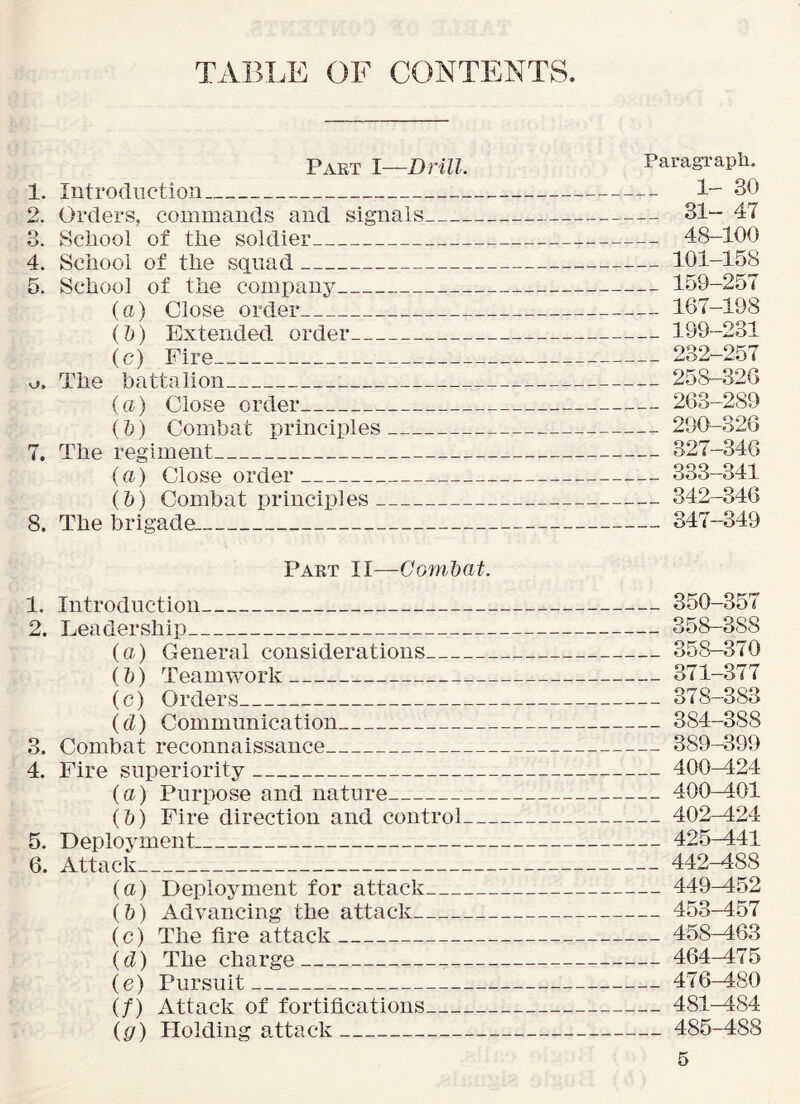 TABLE OF CONTENTS. Part 1—Drill. Paragraph. 1. Introduction 1 30 2. Orders, commands and signals 31- 47 3. School of the soldier 48-100 4. School of the squad 101-158 5. School of the company 159-257 (a) Close order 167-198 (Z;) Extended order 199-231 (c) Fire 232-257 ^J. The battalion 258-326 {a) Close order 263-289 (h) Combat principles 290^-326 7. The regiment 327-346 (a) Close order 333-341 (Z>) Combat principles 342-346 8. The brigade 347-349 Part II—Gomhat. 1. Introduction 350-357 2. Leadership 358-388 (a) General considerations 358-370 (&) Teamwork 371-377 (c) Orders 378-383 (d) Communication 384-388 3. Combat reconnaissance 389-399 4. Fire superiority 400-424 (a) Purpose and nature 400-401 (h) Fire direction and control 402-424 5. Deployment 425^41 6. Attack 442-488 (a) Deployment for attack 449-452 (&) Advancing the attack 453-457 (c) The fire attack 458—163 (d) The charge 464-475 (e) Pursuit 416-480 (/) Attack of fortifications 481-484 (gr) Holding a.ttack 485-488