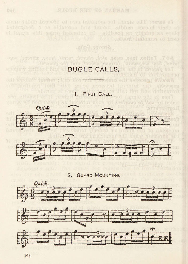 BUGLE CALLS. 1. First Call. Quick. ■V. j/ i iW***} 3—r- ® 1^—•^—■ 'a F--I-K >tllH'»T»l . I /TS '^'ntur 2. Guard Mounting,