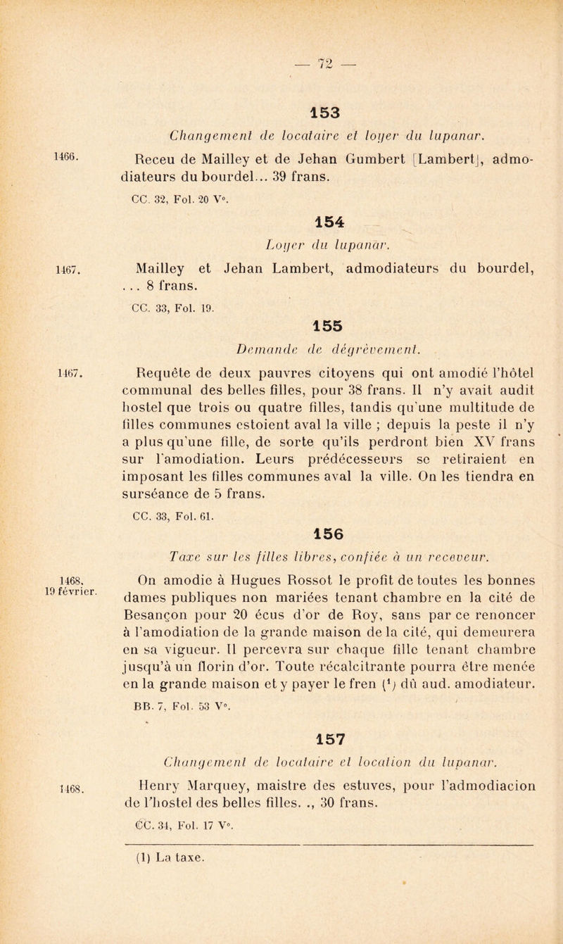 1466. 1467. 1467. 1468. 19 février. 1468. — 72 — 153 Changement de locataire et loger du lupanar. Receu de Mailley et de Jehan Gumbert [LambertJ, admo- diateurs du bourdel... 39 frans. CC. 32, Fol. 20 V». 154 Loger du lupanar. Mailley et Jehan Lambert, admodiateurs du bourdel, ... 8 frans. CC. 33, Fol. 19. 155 Demande de dégrèvement. Requête de deux pauvres citoyens qui ont amodié l’hotel communal des belles filles, pour 38 frans. Il n’y avait audit hostel que trois ou quatre filles, tandis qu'une multitude de filles communes estoient aval la ville ; depuis la peste il n’y a plusqu’une fille, de sorte qu’ils perdront bien XV frans sur l'amodiation. Leurs prédécesseurs se retiraient en imposant les filles communes aval la ville. On les tiendra en surséance de 5 frans. CC. 33, Fol. 61. 156 Taxe sur les filles libres, confiée à un receveur. On amodie à Hugues Rossot le profit de toutes les bonnes dames publiques non mariées tenant chambre en la cité de Resançon pour 20 écus d’or de Roy, sans par ce renoncer à l’amodiation de la grande maison de la cité, qui demeurera en sa vigueur. Il percevra sur chaque fille tenant chambre jusqu’à un florin d’or. Toute récalcitrante pourra être menée en la grande maison et y payer le fren dû aud. amodiateur. BB. 7, Fol. 53 V». 157 Changement de locataire el location du lupanar. Henry Marquey, maistre des estuves, pour l’admodiacion de Thostel des belles filles. ., 30 frans. (ÔC. 34, Fol. 17 V». (1) La taxe.