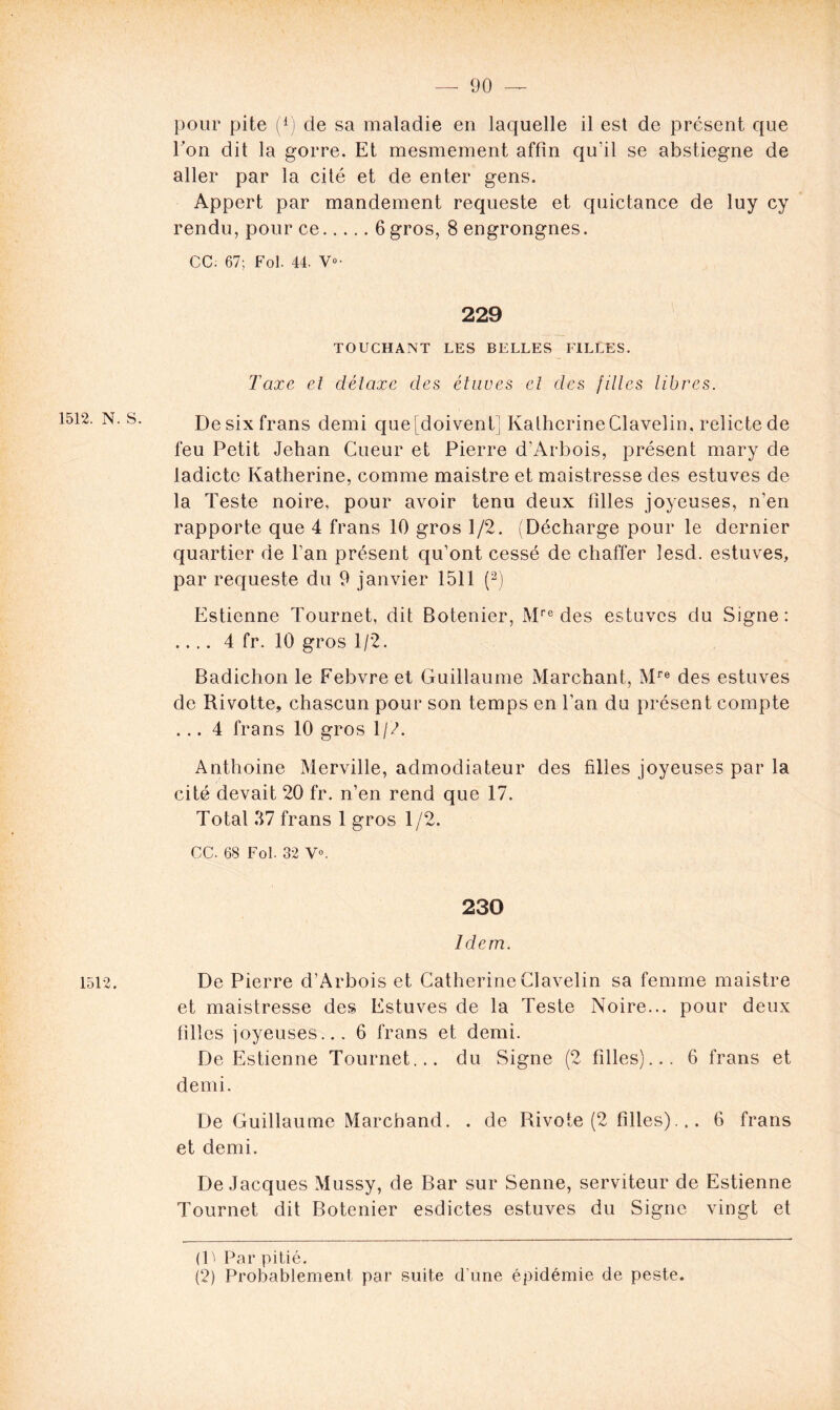 1512. N. S. 1512. pour pite (*) de sa maladie en laquelle il est de présent que I on dit la gorre. Et mesmement affin qu’il se abstiegne de aller par la cité et de enter gens. Appert par mandement requeste et quictance de luy cy rendu, pour ce 6 gros, 8 engrongnes. CC. 67; Fol. 44. V°- 229 TOUCHANT LES BELLES FILLES. Taxe et détaxe des étuves et des filles libres. Desixfrans demi que[doivent' KatlicrineClavelin, relictede feu Petit Jehan Cueur et Pierre d’Arbois, présent mary de ladicte Katherine, comme maistre et maistresse des estuves de la Teste noire, pour avoir tenu deux filles joyeuses, n’en rapporte que 4 frans 10 gros 1/2. (Décharge pour le dernier quartier de l’an présent qu’ont cessé de chaffer lesd. estuves, par requeste du 9 janvier 1511 (* 2) Esticnne Tournet, dit Botenier, Mre des estuves du Signe: .... 4 fr. 10 gros 1/2. Badichon le Febvreet Guillaume Marchant, Mre des estuves de Rivotte, chascun pour son temps en l’an du présent compte ... 4 frans 10 gros 1/J. Anthoine Merville, admodiateur des filles joyeuses par la cité devait 20 fr. n’en rend que 17. Total 37 frans 1 gros 1/2. CC. 68 Fol. 32 V». 230 Idem. De Pierre d’Arbois et Catherine Clavelin sa femme maistre et maistresse des Estuves de la Teste Noire... pour deux filles joyeuses... 6 frans et demi. De Estienne Tournet... du Signe (2 filles)... 6 frans et demi. De Guillaume Marchand. . de Rivote (2 filles)... 6 frans et demi. De Jacques Mussy, de Bar sur Senne, serviteur de Estienne Tournet dit Botenier esdictes estuves du Signe vingt et (P Par pitié. (2) Probablement par suite d une épidémie de peste.