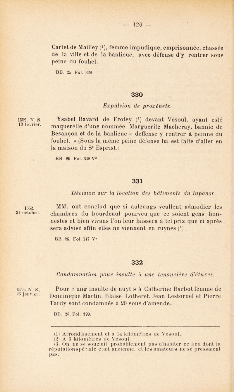 1552, N. S. 13 lévrier. 1552, 21 octobre. 1554. N. S,' 26 janvier. Cartet de Mailley (*), femme impudique, emprisonnée, chassée de la ville et de la banlieue, avec défense d’y rentrer sous peine du fouhet. BB. 25, Fol. 338 330 Expulsion de proxénète. Ysabel Bavard de Frotey (*) devant Vesoul, ayant esté maquerelle d’une nommée Marguerite Macheray, bannie de Besançon et de la banlieue « deffense y rentrer à peinne du fouhet. » (Sous la même peine défense lui est faite d’aller en la maison du S1 2 Esprist.( BB. 25, Fol. 348 V°. 331 Décision sur la location des bâtiments du lupanar. MM. ont conclud que si aulcungs veullent admodier les chambres du bourdeaul pourveu que ce soient gens hon- nestes et bien vivans l’on leur laissera à tel prix que ci après sera advisé affin elles ne viennent en ruynes (3). BB 26, Fol. 147 V° 332 Condamnation pour insulte à \une tenancière d’étuves. Pour « ung insulte de nuyt » à Catherine Barbot femme de Dominique Martin, Biaise Lotheret, Jean Lestornel et Pierre Tardy sont condamnés à 20 sous d’amende. BB. 26, Fol. 299. (1) Arrondissement et à 14 kilomètres de Vesoul. (2) A 3 kilomètres de Vesoul. (3) On ne se souciait probablement pas d'habiter ce lieu dont la réputation spéciale était ancienne, et les amateurs ne se pressaient pas.