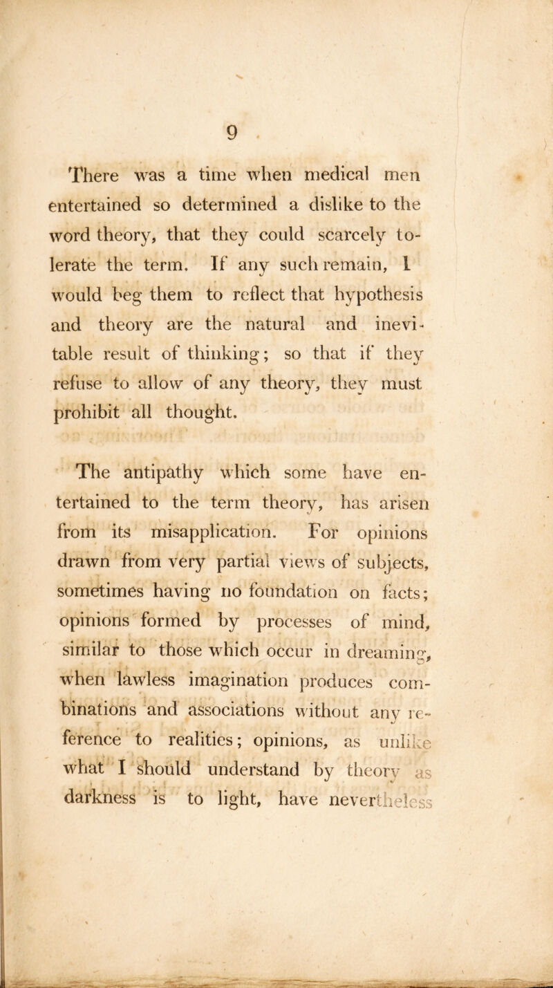 There was a time when medical men entertained so determined a dislike to the word theory, that they could scarcely to- lerate the term. If any such remain, I r * c f would beg them to reflect that hypothesis and theory are the natural and inevi- table result of thinking; so that if they refuse to allow of any theory, thev must %J %J 5* prohibit all thought. The antipathy which some have en- tertained to the term theory, has arisen %J from its misapplication. For opinions drawn from very partial views of subjects, sometimes having no foundation on facts; opinions formed by processes of mind, similar to those which occur in dreaming when lawless imagination produces com- binations and associations without anv re- ♦/ ference to realities; opinions, as unlike what I should understand by theory as darkness is to light, have nevertheless