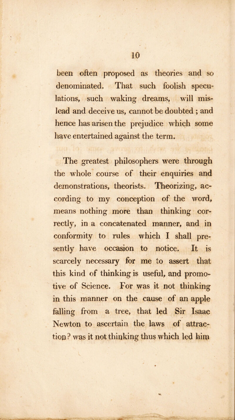 been often proposed as theories and so denominated. That such foolish specu- lations, such waking dreams, will mis- lead and deceive us, cannot be doubted ; and hence has arisen the prejudice which some have entertained against the term. The greatest philosophers were through the whole course of their enquiries and demonstrations, theorists. Theorizing, ac- cording to my conception of the word, means nothing more than thinking cor- rectly, in a concatenated manner, and in conformity to rules which I shall pre- sently have occasion to notice. It is scarcely necessary for me to assert that this kind of thinking is useful, and promo- tive of Science. For was it not thinking in this manner on the cause of an apple falling from a tree, that led Sir Isaac Newton to ascertain the laws of attrac- tion ? was it not thinking thus which led him