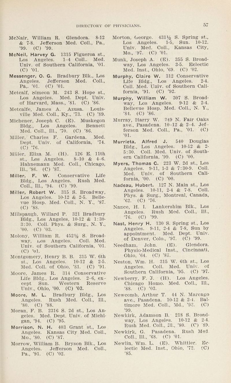 McNair, William R. Glendora. 8-12 & 7-8. Jefferson Med. Coll., Pa., ’99. (C) ’99. McNeil, Harvey G. 1315 Figueroa st., Los Angeles. 1-4 Coll.. Med. Univ. of Southern California, ’01. (C) ’01. Messenger, O. G. Bradbury Blk., Los Angeles. Jefferson Med. Coll., Pa,. ’01. (C) ’01. Metcalf, Simeon M. 243 S. Hope st., Los Angeles. Med. Dept. Univ. of Harvard, Mass., ’81. (C) ’86. Metcalfe, James A. Azusa. Louis- ville Med. Coll., Ky., ’73. (C) ’89. Michener, Joseph C. (E). Muskegon Bldg., Los Angeles. Bennett Med. Coll., 111., ’70. (C) ’86. Miller, Charles F. Gardena. Med. Dept. Univ. of California, ’74. (C) ’76. Miller, Eliza M. (H). 126 E. 11th st., Los Angeles. 8-10 & 4-6. Hahnemann Med. Coll., Chicago, 111., ’86. (C) ’87. Miller, F. W. Conservative Life Bldg., Los Angeles. Rush Med. Coll., 111., ’94. (C) ’99. Miller, Robert W. 315 S. Broadway, Los Angeles. 10-12 & 2-5. Belle- vue Hosp. Med. Coll., N. Y., ’87. (C) ’88. Millspaugh, Willard P. 321 Bradbury Bldg., Los Angeles, 10-12 & 1:30- 3:30. Coll. Phys. & Surg., N. Y., ’00. (C) ’03. Molony, William R. 452% S. Broad- way, dos Angeles. Coll. Med. Univ. of Southern California, ’01. (C) ’01. Montgomery, Plenry B. B. 315 W. 6th st., Los Angeles. 10-12 & 2-5. Med. Coll, of Ohio, ’81. (C) ’91. Moore, James R. 314 Conservative Life Bldg., Los Angeles. 2-6, ex- cept Sun. Western Reserve Univ., Ohio, ’00. (C) ’03. Moore, M. L. Bradbury Bldg., Los Angeles. Rush Med. Coll., 111., ’80. (C) ’88. Moran, F. B. 2316 S. 2d st., Los An- geles. Med. Dept. Univ. of Michi- gan, ’94. (C) ’95. Morrison, N. H. 403 Grant st., Los Angeles. Kansas City Med. Coll., Mo., ’80. (C) ’87. Morrow, William B. Bryson Blk., Los Angeles. Jefferson Med. Coll., Pa., ’91. (C) ’02. 57 Morton, George. 431% S. Spring st., Los Angeles. 1-5, Sun. 10-12. Univ. Med. Coll., Kansas City, Mo., ’97. (C) ’01. Munk, Joseph A. (E). 355 S. Broad- way, Los Angeles. 3-5. Eclectic Med. Inst., Ohio, ’69. (C) ’02. Murphy, Claire W. 312 Conservative Life Bldg., Los Angeles. 2-4. Coll. Med. Univ. of Southern Cali- fornia, ’91. (C) ’92. Murphy, William W. 307 S. Broad- way, Los Angeles. 9-12 &, 2-4. Bellevue Hosp. Med. Coll., N. Y., ’84. (C) ’86. Murray, Harry W. 249 N. Fair Oaks ave., Pasadena. 10-12 & 2-4. Jef- ferson Med. Coll., Pa., ’01. (C) ’01. Murrieta, Alfred J. 540 Douglas Bldg., Los Angeles. 10-12 & 2- 5:30. Coll. Med. Univ. of South- ern California, ’99. (C) ’00. Myers, Thomas C. 223 W. 2d st., Los Angeles. 9-11, 1-3 & 7:30-9. Coll. Med. Univ. of Southern Cali- fornia, ’00. (C) ’00. Nadeau, Hubert. 127 N. Main st., Los Angeles. 10-11, 2-4 & 7-8. Coll. Phys. & Surg., Montreal, Canada, ’62. (C) ’76. Nance, H. I. Lankershim Blk., Los Angeles. Rush Med. Coll., 111., ’76. (C) ’99. Nast, Henry H. 1.30 S. Spring st., Los Angeles. 9-11, 2-4 & 7-8, Sun by appointment. Med. Dept. Univ. of Denver, Colo., ’97. (C) ’99. Needham, John. (E). Glendora. Physio-Medical Inst.,. Cincinnati, Ohio, ’64. (C) ’87. Neston, Wm. H. 315 W. 6th st., Los Angeles. Coll. Med. Univ. of Southern California, ’95. (C) ’97. Newberry, F. 'J. (H). Los Angeles. Chicago Homo. Med. Coll., 111., ’88. (C) ’03. Newcomb, Arthur T. 44 N. Marengo ave., Pasadena. 10-12 & 2-4. Bal- timore Med. Coll., Md., ’93. (C) ’99. Newkirk, Adamson B. 218 S. Broad- way, Los Angeles. 10-12 &, 2-4. Rush Med. Coll., Ill, ’80. (C) ’89. Newkirk, G. Pasadena. Rush Med. Coll., 111., ’68. (C) ’01. Newlin, Wm. L. (E). Whittier. Ec- lectic Med. Inst., Ohio, ’72. (C) ’85.