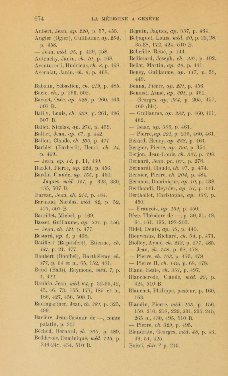 Aubert. Jean, ap. 220, p. 57. 455. Augier (Ogier), Guillaume,ap. 254, p. 458. — Jean, méd. 95, p. 429, 458. Autruchy, Janin, ch. 10, p. 468. Aventurerii, Hudricus,ch. S, p. 468. Averniat, Janin, ch. 6, p. 468. Babolin, Sébastien, ch. 219, p. 485. •Bade, ch., p. 293, 502. Bacuet, Osée, ap. .-128, p. 260, 4(i3, 507 B. Bailly, Louis, ch. 839, p. 261, 496, 507 B. Baliet, Nicolas, ap. 270, p. 459. Balliet, Jean, ap. 07, p. 442. Ballon, Claude, ch. 130, p. 477. Barbier (Barberii), Henri, ch. 24. p. 469. — Jean, ap. 14, p. 11, 439. Bardet, Pierre, ap. 224, p. 456. Bardin, Claude, ap. 155, p. 450. — Jaques, méd. 157, p. 323, 330. 435, 507 B. Bareau, Jean, ch. 214, p. 484. Barnaud, Nicolas, méd. 62, p. 52, 427, 507 B. Barrillet, Michel, p. 169. Basset, Guillaume, ap. 227, p. 456. — Jean, ch. 131, p. 477. Bastard, ap. 5, p. 438. Batift'ert (Baptisfert), Etienne, ch. 137, p. 21, 477. Baubert (Bonibel), Barthélemy, ch. 177. p. 64 et n., 65, 152, 481. Baud (Balli), Raymond, méd. 7, p. 4, 422. Bauhin, Jean. méd. 04,]). 32-35,42, 45, 46, 73, 155, 177, 185 et n., j 186, 427, 456. 508 B. Baumgartner, Jean, ch. 381. p. 325, 499. Bavière, Jean-Casimir de —, comte palatin, p. 207. Béchod, Bernard, ch. 260, p. 489. Beddevole, Dominique, méd. 145, p. 246-24,s. 434, 510 B. Béguin, Jaques, ap. 337, p. 464. Beljaquet, Louis, méd. 30, p. 22,28, 35-38, 172, 424. 510 B. Bellefîlle, René, p. 144. Bellissard, Joseph, ch. 297, p. 492. Bellot, Martin, ap. 46, p. 441. Beney, Guillaume, ap. 147, p. 58, 449. Benna, Pierre, ap. 231, p. 456. | Benoist, Aimé. ap. 301, p. 461. — Georges, ap. 234, p. 205, 457, 460 (bis). — Guillaume, ap. 283, p. 460, 461, 462. — Isaac, ap. 305, p. 461. — Pierre,ap. 291, p. 213, 460. 461. Bérard, Henry, ap. 338, p. 464. Bergier, Pierre, ap. 190, p. 454. ] Berjon, Jean-Louis, ch. 307, p. 498. j Bernard, Jean, pr. irr., p. 278. ! Bemardi, Claude, ch. 87, p. 474. Ber nier, Pierre, ch. 204, p. 484. Bernons, Dominique, ap. 10, p. 438. Berthaudi, Reynier, ap. 57, p. 441. Berthollet, Christophe, ap. 150, p. 450. — François, ap. 152, p. 450. Bèze, Théodore de —, p. 30, 31, 48, 64, 161, 195, 198-200. Bidel, Denis, ap. 35, p. 440. Bienvenuz, Richard, ch. 54, p. 471. Biolley, Aymé, ch. 218, p. 277, 485. — Jean, ch. 148, p. 68, 478. — Pierre, ch. 103, p. 475, 478. — Pierre II, ch. 149, p. 68, 478. Blanc, Esaïe, ch. 357, p. 497. Blancherode, Claude, méd. 29, p. 424, 510 B. Blanchet, Philippe, pasteur, p. 160, 163. Blandin, Pierre, méd. 103, p. 156, 158, 210, 218, 229, 231.235,245, 265 n., 430, 495, 510 B. — Pierre, ch. 329, p. 495. Blandrata, Georges, méd. 48, p. 43, 49, 51, 425. Boissi, chir.? p. 213.