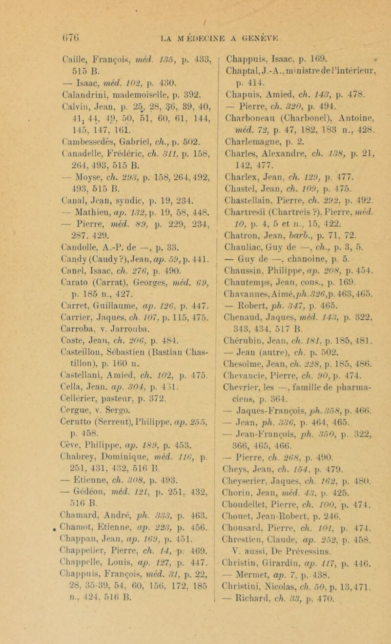 Caille, François, inéd. 133, p. 433, 515 B. — Isaac, méd. 102, p. 430. Calandrini, mademoiselle, p. 392. Calvin, Jean, p. 25, 28, 30, 39, 40, ; 41 j 44, 49, 50, 51, 60, 61, 144, J 145, 147, 161. Cambessedës, Gabriel, ch.,\). 502. Canadelle, Frédéric, ch. 311, p. 158, ; 264, 493, 515 B. — Moyse, ch. 203, p. 158, 264,492, 493, 515 B. Canal, Jean, syndic, p. 19, 234. — Mathieu, ap. 132, p. 19, 58, 448. — Pierre, méd. 31), p. 229, 234, 287. 429. Candolle, A.-P. de —, p. 33. Caudy (Caudy?),Jean,ap. 39,p. 441. Canel, Isaac, ch. 276, p. 490. Carato (Carrat), Georges, méd. 69, p. 185 n., 427. Carret, Guillaume, ap. 126, p. 447. Carrier, Jaques, ch. 107, p. 115, 475. Carroba, v. Jarrouba. Caste, Jean, ch. 206, p. 484. Casteillon, Sébastien (Bastian Chas- tillon), p. 160 n. Castellani, Amied, ch. 102, p. 4 75. Cella, Jean. ap. 304, p. 431. Cellérier, pasteur, p. 372. Cergue, v. Sergo. Cerutto (Serrent), Philippe, ap. 233, p. 458. Cève, Philippe, ap. 139, p. 453. Ghabrey, Dominique, méd. 116, p. 251, 431, 432, 516 B. — Etienne, ch. 308, p. 493. — Gédéon, méd. 121, p. 251. 432, 516 B. Chamard, André, ph. 333, p. 463. , Chamot, Etienne, ap. 223, p. 456. Chappan, Jean, ap. 169, p. 451. Chappelier, Pierre, ch. 14, p. 469. Chappelle, Louis, ap. 127, p. 44 7. Chappuis, François, méd. 31, p. 22, 28. 35-39, 54, 60, 156, 172, 185 n., -124. 516 B. i Chappuis, Isaac, p. 169. Chaptal, J.-A.. ministre del’intérieur, p. 414. Chapuis, Amied, ch. 143, p. 478. — Pierre, ch. 320, p. 494. Charboneau (Charbonel), Antoine, méd, 72, p. 47, 182, 183 n., 428. Charlemagne, p. 2. Charles, Alexandre, ch. 133, p. 21, 142, 477. Charlex, Jean, ch. 129, p. 477. Chastel, Jean, ch. 109, p. 4 75. Chastellain, Pierre, ch. 292, p. 492. Chartresii (Chartreis V), Pierre, méd. 10, p. 4, 5 et n., 15, 422. Chatron, Jean, barh., p. 71. 72. Chauliac, Guy de —, ch., p. 3, 5. — Guy de —, chanoine, p. 5. Chaussin. Philippe, erp. 203, p. 454. Chautemps, Jean, cons., p. 169. Chavannes,Aimé,pfe.326',p. 463,465. — Robert, ph. 347, p. 465. Chenaud, Jaques, méd. 143, p. 322. 343, 434, 517 B. Chérubin, Jean, ch. 181, p. 185, 481. — Jean (autre), ch. p. 502. Chesolme, Jean, ch. 223, p. 185, 486. Chevancie, Pierre, ch. 90, p. 474. Chevrier, les —, famille de pharma- ciens, ]>. 364. — Jaques-François, ph. 338, p. 466. — Jean, ph. 336, p. 464, 465. — Jean-François, ph. 330, p. 322, 366, 465, 466. — Pierre, ch. 268, p. 490. Cheys, Jean, ch. 134. p. 479. Cheyserier. Jaques, ch. 162, p. 480. Chorin, Jean, méd. 43, p. 425. Choudellet, Pierre, ch. 100, p. 474. Chouet, Jean-Robert, p. 246. Chousard, Pierre, ch. 101, p. 474. Chrestien, Claude, ap. 232, p. 458. V. aussi, De Prévessins. Christin, Girardin, ap. 117, p. 446. — Menuet, ap. 7, p. 438. Christini, Nicolas, ch. 30. p. 13,471. — Richard, ch. 33, p. 470.